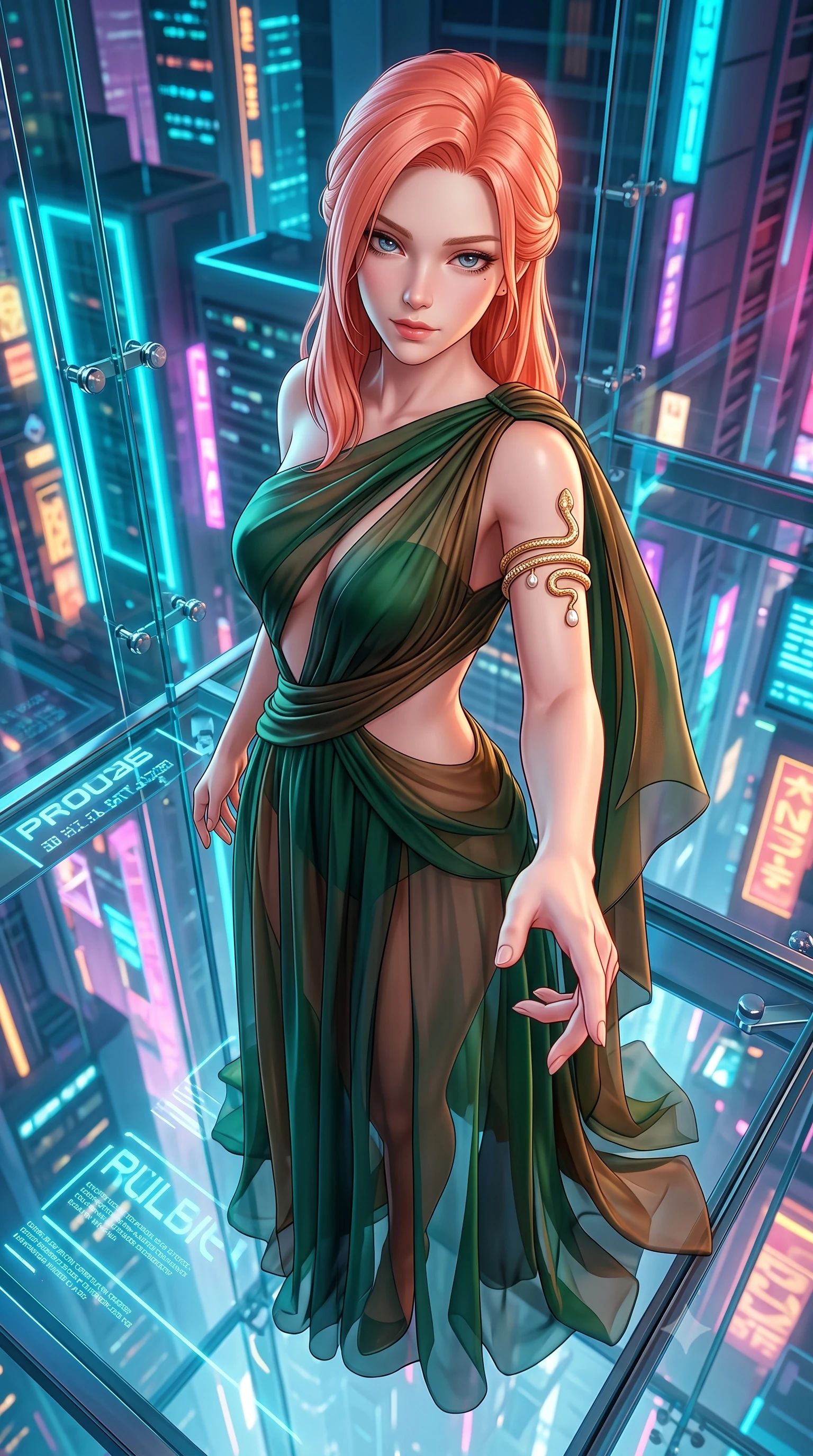 score_9, masterpiece, best quality, ultra-detailed, high-budget anime keyframe, semi-realistic 3D game render, editorial fashion photography, tasteful artistic composition, Japanese woman. close-up cowboy shot from the waist and thighs up, the character dominates the composition, filling the frame with her large presence. extending one slender arm gracefully toward the foreground while casting an affectionate, mesmerizing glance while standing poised on a transparent structural glass floor overlooking the dizzying vertical abyss of a neon metropolis at 3 AM. The surrounding environment is rendered in vivid detail and crisp panoramic clarity. crystal-clear transparent glass floor panels, glowing holographic typography, and chrome furniture joints in deep focus. She has an exceptionally elegant, slender, and willowy female figure with an ultra-slim waist, a gracefully sculpted slender torso, toned flat midriff, and a refined slim silhouette. sharp v-shaped jawline, high-bridge nose, intricate jewel-like eyes with depth, thick eyelashes, glossy lips with a natural sheen, captivating and magnetic expression, flawlessly proportioned anatomical accuracy, strict slender model proportions, natural body alignment, perfectly sculpted long slender limbs, ultra-slim waistline, clean dynamic posture without body distortion. wearing an ethereal emerald-green silk chiffon gown with an asymmetric shoulder drape and sheer layered skirt in deep emerald green and bronze, woven from airy multi-layered silk chiffon with a weightless drape, accented with a sculptured gold serpent armlet and pearl drops edition #22, the precision-cut daring openings accentuating her delicate midriff, graceful bare collarbones, and ultra-slim feminine waistline. surrounded by a mastermind, elite, and dangerously seductive intelligence director aura. highly saturated vibrant anime colors, detailed shading with soft gradients, rich glossy textures, high-contrast stereoscopic depth, volumetric dynamic lighting, master piece, 9:16 ratio