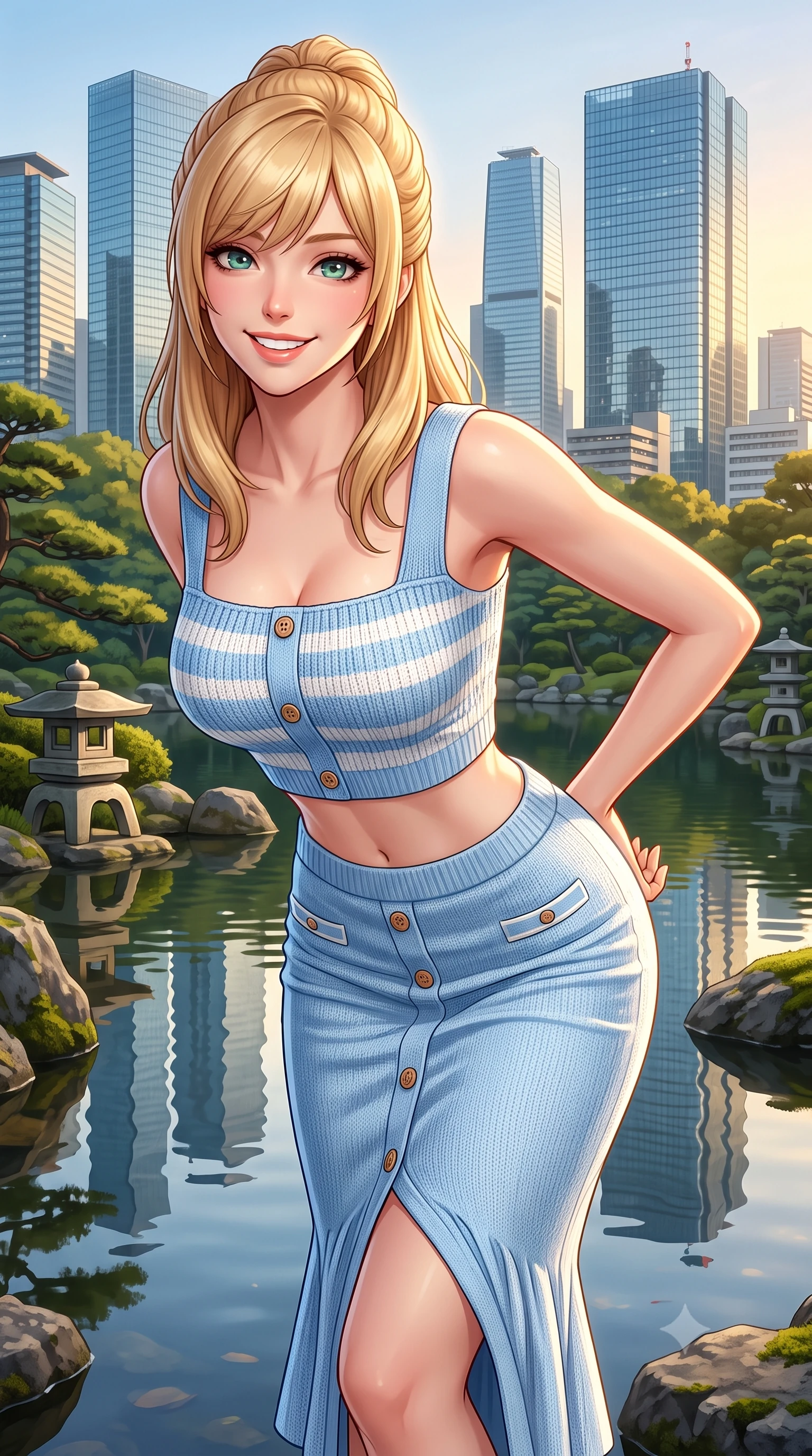 score_9, masterpiece, best quality, ultra-detailed, high-budget anime keyframe, semi-realistic 3D game render, editorial fashion photography, tasteful artistic composition, Caucasian woman. close-up cowboy shot from the waist and thighs up, the character dominates the composition, filling the frame with her large presence. resting both hands lightly behind her back while leaning toward the lens with a cheerful, teasing grin, her form-fitting outfit hugging her narrow waist and feminine hip curve while twisting her slender torso in an alluring S-curve as modern glass skyscrapers reflect in the serene traditional pond waters below. The surrounding environment is rendered in vivid detail and crisp panoramic clarity. detailed knit top texture, soft sunlight highlights on skin, and Roppongi landscape clarity in high resolution. She has an exceptionally elegant, slender, and willowy female figure with an ultra-slim waist, flat toned midriff, narrow ribcage, and sculpted feminine hips creating an alluring, slim hourglass silhouette without bulk. sharp v-shaped jawline, high-bridge nose, intricate jewel-like sparkling eyes with depth, thick eyelashes, glossy parted lips with a natural peach sheen, bright cheerful beaming smile with an enchanting and coquettish sensual glint, exuding both youthful cute charm and seductive allure, flawlessly proportioned anatomical accuracy, strict slender model proportions, natural body alignment, perfectly sculpted long slender limbs, ultra-slim waistline, clean dynamic posture without body distortion. wearing a fitted square-neck smocked crop top paired with a curve-hugging ruched mermaid midi skirt in soft baby blue and crisp cloud white, crafted from liquid-tight stretch jersey emphasizing every curve, finished with neat front wooden buttons and delicate pocket details, the form-contouring cut accentuating her sculpted flat midriff, narrow delicate ribcage, and gracefully curvy hips with supermodel precision. illuminated by calm pond water reflections sharply defining her razor-sharp jawline, narrow waist, and curvy hips. highly saturated vibrant anime colors, detailed shading with soft gradients, rich glossy textures, high-contrast stereoscopic depth, volumetric dynamic lighting, master piece, 9:16 ratio