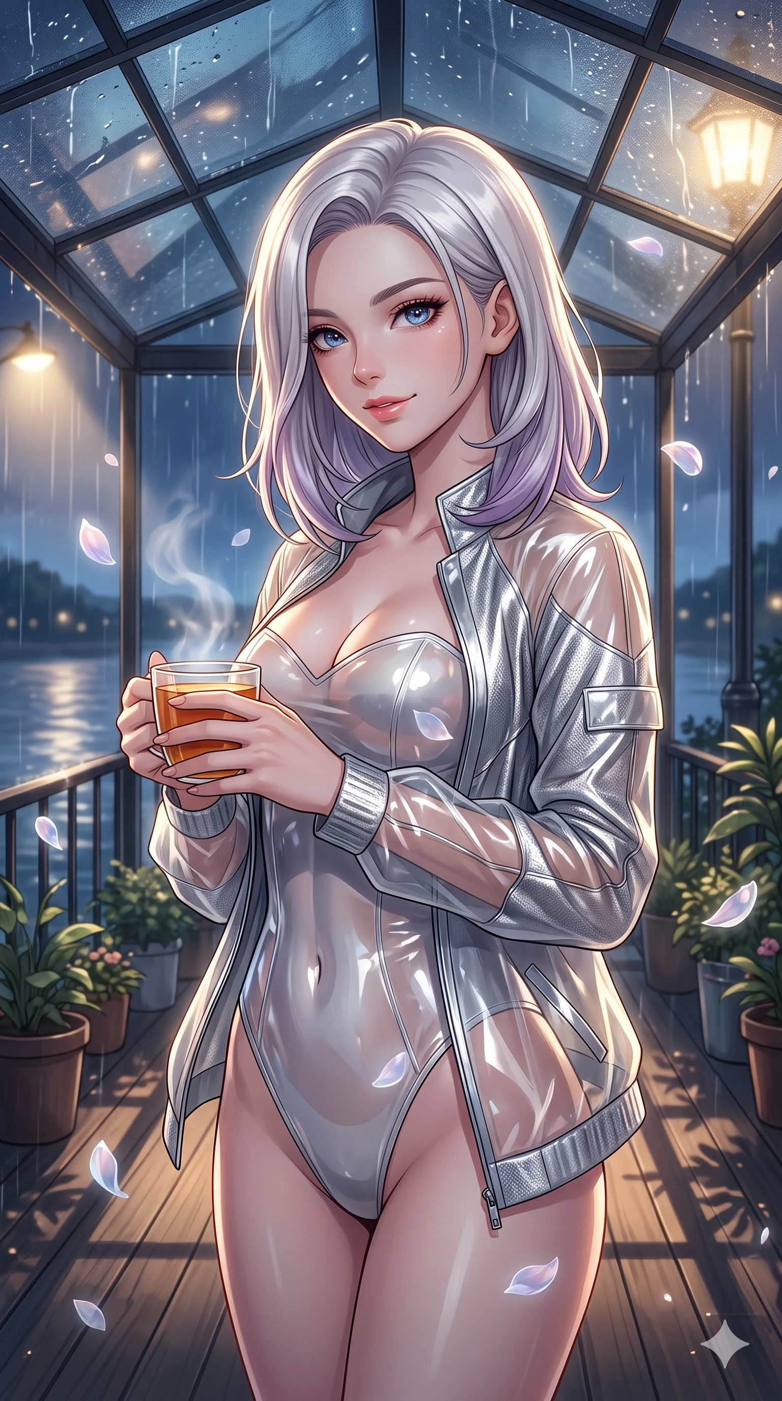score_9, masterpiece, best quality, ultra-detailed, high-budget anime keyframe, vibrant anime aesthetic, Caucasian woman, strictly human ears. close-up cowboy shot from the waist and thighs up, the character dominates the composition, filling the frame with her large presence, background elements kept in soft focus. She is holding a warm mug of tea, looking at the camera with a gentle smile, looking over her shoulder at the camera surrounded by delicate flower petals. the background shows a soft-focus scenic river bank deck decorated with potted plants, under an elegant glass canopy in the rain (Code-P22-195). She has an absolutely perfect proportion, an exceptionally elegant and slender female figure with an ultra-slim waist. V-shaped jawline, high-bridge nose, intricate jewel-like eyes with depth, thick eyelashes, glossy lips with a natural sheen. wearing a translucent high-shine bodysuit with a sweetheart neckline under a lightweight jacket in silver metallic and translucent gloss. She is lit by dramatic, high-contrast streetlights casting long shadows in the rain, adding depth to her jewel-like eyes under the glass dome roof. 2k, ultra detail, master piece, 9:16 ratio