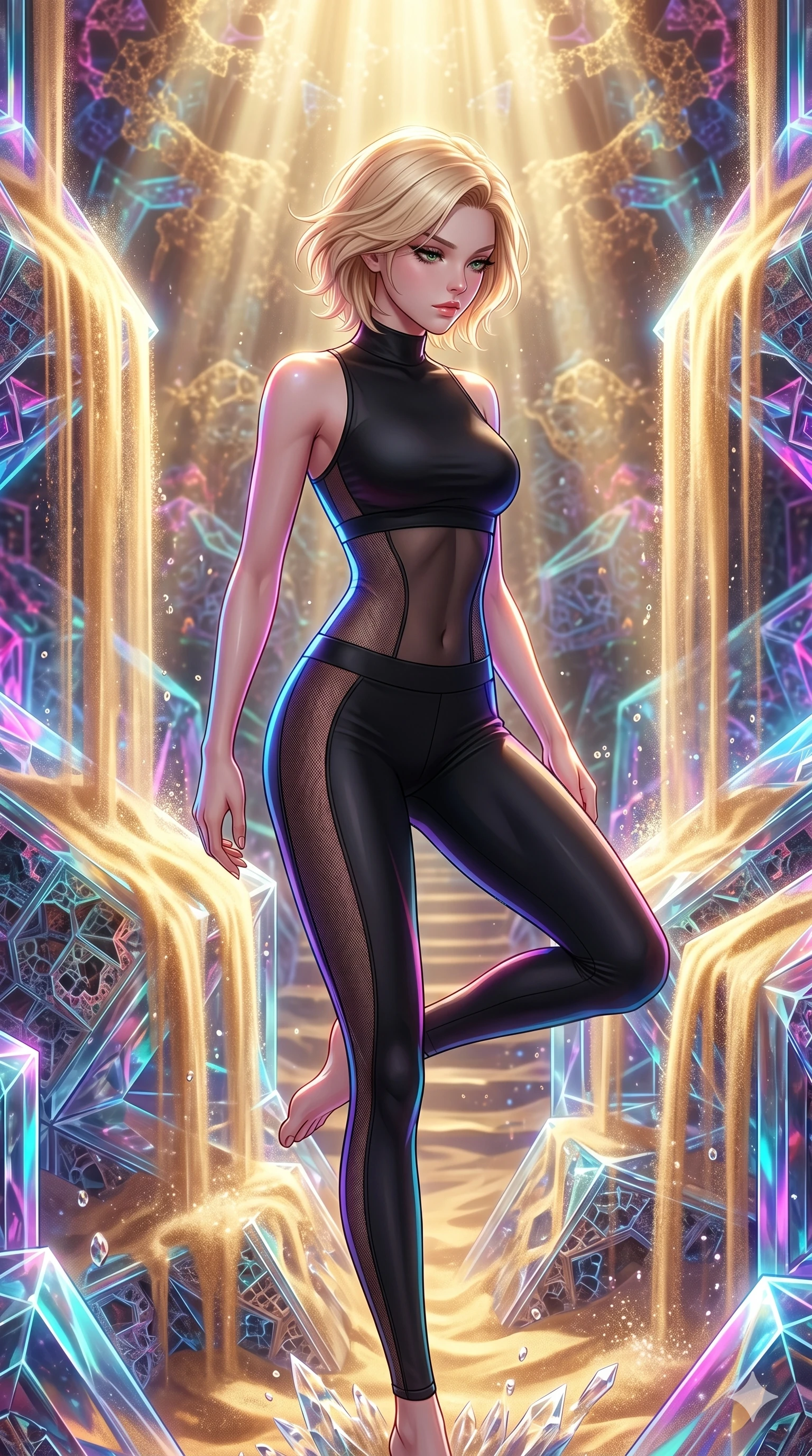 score_9, masterpiece, best quality, ultra-detailed, high-budget anime keyframe, Japanese woman. upper body close-up from the thighs up, character filling the screen for maximum presence. descending through a fractal quicksand temple where golden sand waterfalls transform into glass crystals, revealing intricate repeating patterns. She has an absolutely perfect 8-heads proportion, an exceptionally tall and slender female figure with impossibly long slender legs and an ultra-slim waist. V-shaped jawline, high-bridge nose, intricate jewel-like eyes with depth, thick eyelashes, glossy lips with a natural sheen.. wearing a sheer mesh athleisure set, featuring a tight matte black top and leggings with semi-opaque mesh panels tracing the curves of her waist and thighs. bathed in brilliant cinematic volumetric lighting and intense neon rim light highlighting her slender form. 2k, ultra detail, master piece, 9:16 ratio
