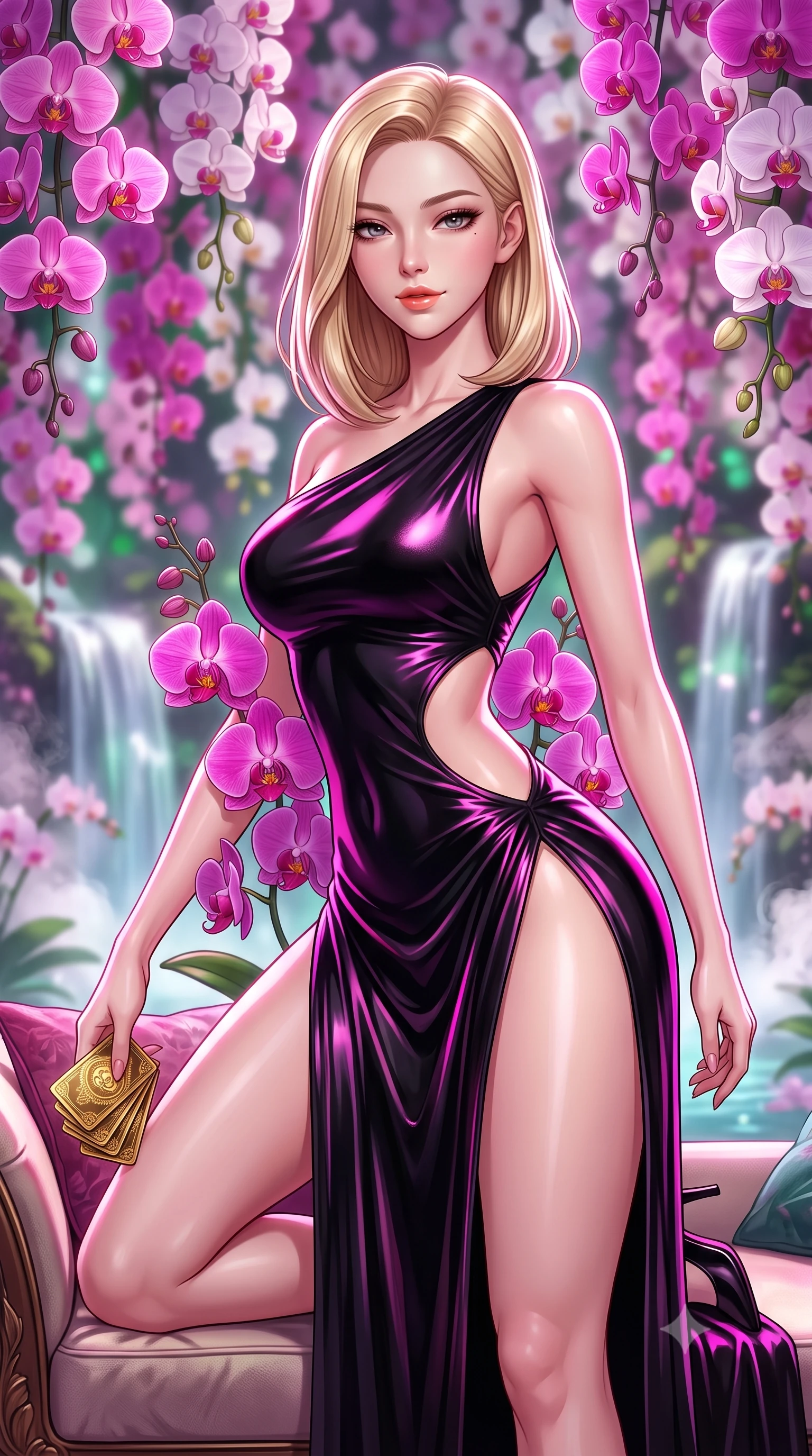 score_9, masterpiece, best quality, ultra-detailed, high-budget anime keyframe, semi-realistic 3D game render, editorial fashion photography, tasteful artistic composition, Korean woman. close-up cowboy shot from the waist and thighs up, the character dominates the composition, filling the frame with her large presence. perched sideways on the lounge seat, one knee drawn up to showcase her slender leg line while her arched back accentuates her feminine hip curve while twisting her slender torso in an alluring S-curve, exotic magenta orchids framing her sculpted flat midriff, waist, and curvy hips. The background shows a soft-focus hundreds of hanging pink, purple, and white phalaenopsis orchids, bubbling waterfalls, and rising steam blurred into magenta, emerald, and opal bokeh. She has an exceptionally elegant, slender, and willowy female figure with an ultra-slim waist, flat toned midriff, narrow ribcage, and sculpted feminine hips creating an alluring, slim hourglass silhouette without bulk. sharp v-shaped jawline, high-bridge nose, sparkling eyes with hypnotic seductive depth, thick curled eyelashes, glossy parted lips with a natural dewy peach sheen, alluring bedroom-eyes with an enchanting coquettish smile, exuding magnetic siren charisma and sophisticated glamour, flawlessly proportioned anatomical accuracy, strict slender model proportions, natural body alignment, perfectly sculpted long slender limbs, ultra-slim waistline, clean dynamic posture without body distortion. wearing an asymmetric one-shoulder liquid jersey nymph dress with dramatic hip-high slit and waist cutout in wet-look onyx black with electric magenta reflections, tailored from fine breathable linen with soft natural texture and elegant drape, accented with a stack of engraved gold casino plaques held loosely in one hand, the precision-cut side openings and low-back scoop framing her graceful spine and the sensual sweep of her slim, toned hips. illuminated by waterfall spray reflection fill and sharp platinum-magenta rim lights defining her delicate clavicles, narrow waist, and curvy hips. highly saturated vibrant anime colors, detailed shading with soft gradients, rich glossy textures, high-contrast stereoscopic depth, volumetric dynamic lighting, master piece, 9:16 ratio