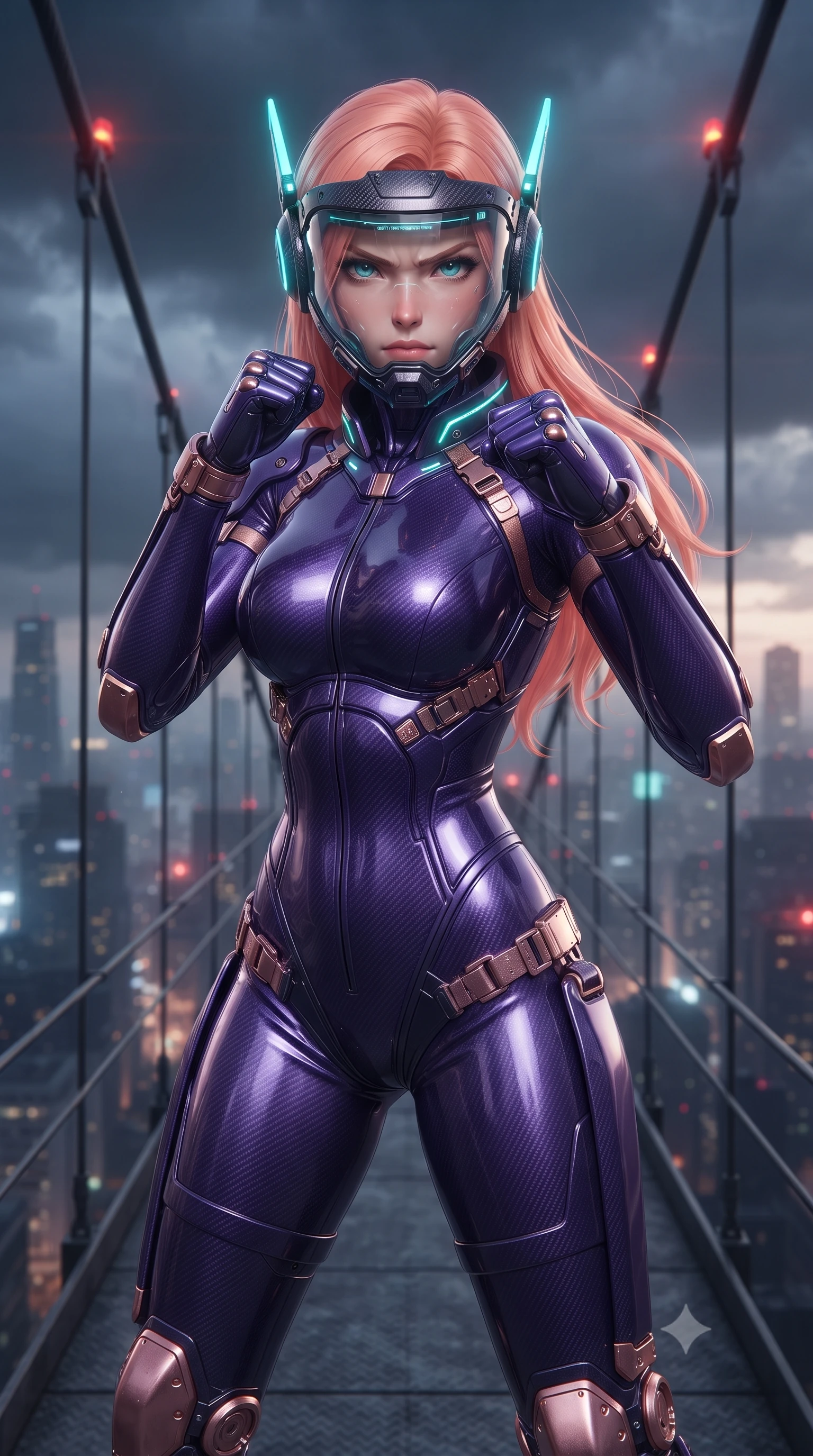 score_9, masterpiece, best quality, ultra-detailed, high-budget anime keyframe, editorial fashion photography, tasteful artistic composition, Japanese woman. close-up cowboy shot from the waist and thighs up, the character dominates the composition, filling the frame with her large presence. in a razor-sharp Panzer Kunst fighting guard with raised fists, captivating jewel-like eyes locked onto the viewer with fierce, resolute determination while defending a narrow suspension skybridge 500 meters above a stormy megacity, her full-face transparent visor showing her fierce, focused expression. The composition keeps background elements in soft focus with creamy bokeh. skybridge suspension cables and flashing warning beacons softened in dramatic shallow focus. She has an exceptionally elegant, slender, and willowy female figure with an ultra-slim waist, a gracefully sculpted slender torso, toned flat midriff, and a refined slim silhouette. sharp v-shaped jawline, high-bridge nose, intricate jewel-like eyes with depth, thick eyelashes, glossy lips with a natural sheen, fierce and resolute heroine expression, flawlessly proportioned anatomical accuracy, strict slender model proportions, natural body alignment, perfectly sculpted long slender limbs, ultra-slim waistline, clean dynamic posture without body distortion. wearing a lightweight carbon-fiber tactical sensory headpiece with glowing cyan ear-antennae and an ultra-thin forehead HUD brow-band, paired with an ultra-sleek high-gloss carbon-composite exoskeleton suit featuring kinetic shock-absorbing shin guards and flexible limb articulation joints in royal purple carbon fiber with distressed rose-gold hardware and buckles, tailored from flexible second-skin ballistic carbon-mesh adhering flawlessly to her athletic build, featuring a sleek aerodynamic collar framed by subtle glowing cybernetic status LEDs, the form-contouring material adhering flawlessly to her sculpted flat midriff and slender torso, emphasizing her long leg lines and perfectly proportioned willowy build. surrounded by an elevated, supreme, and breathtakingly courageous high-altitude defender aura. ultra-reflective glossy finish, specular highlights, dark metallic sheen, high-contrast stereoscopic depth, volumetric dynamic lighting, 2k, ultra detail, master piece, 9:16 ratio