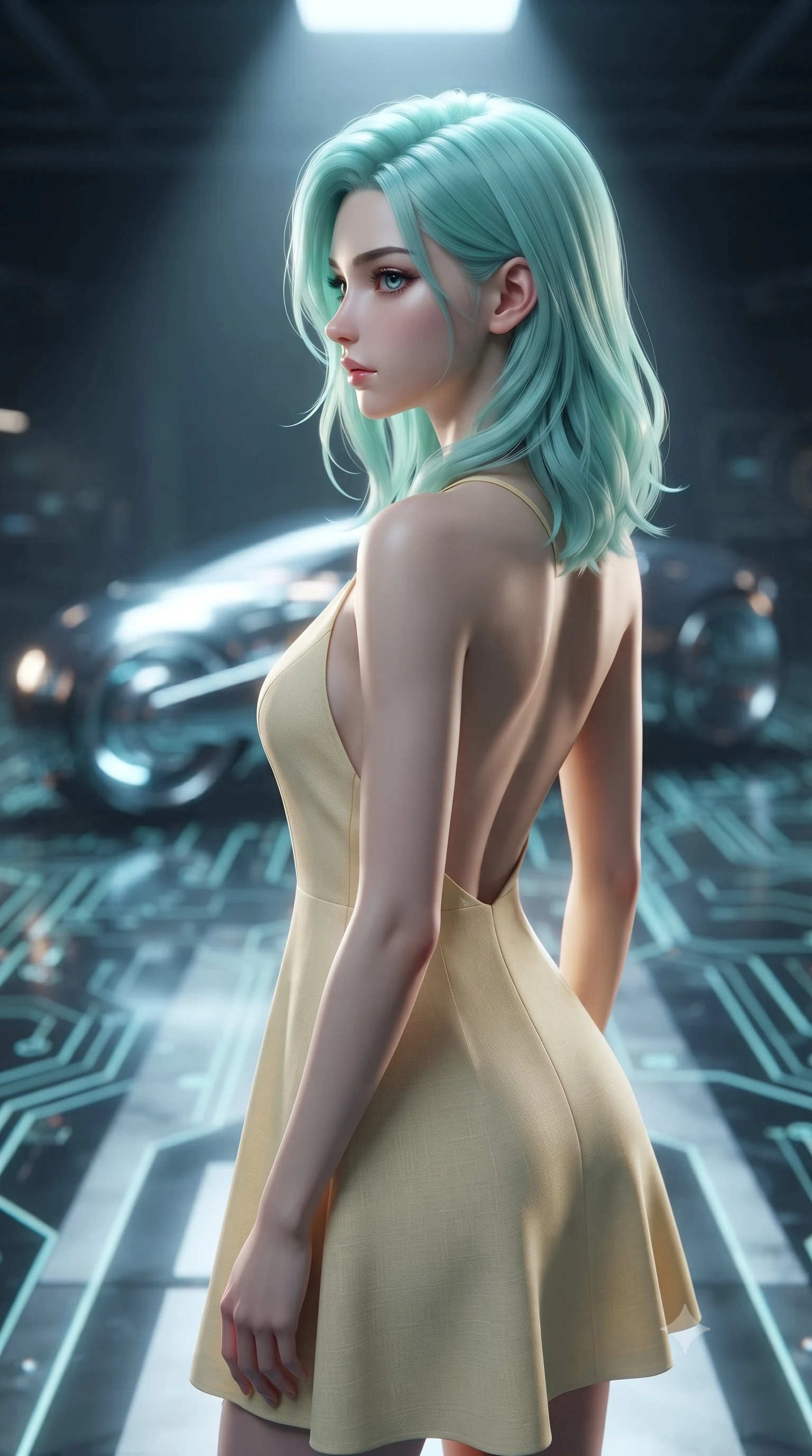 score_9, masterpiece, best quality, ultra-detailed, high-budget anime keyframe, editorial fashion photography, tasteful artistic composition, Japanese woman. close-up cowboy shot from the waist and thighs up, the character dominates the composition, filling the frame with her large presence, background elements kept in soft focus. turning her face in sharp profile, casting a cold, mysterious, yet intensely alluring side gaze, the background shows a soft-focus an underground cyber-garage with glowing circuit floors and a futuristic concept vehicle. She has an exceptionally elegant, slender, and willowy female figure with an ultra-slim waist, a gracefully sculpted slender torso, and a refined silhouette. sharp v-shaped jawline, high-bridge nose, intricate jewel-like eyes with depth, thick eyelashes, glossy lips with a natural sheen. wearing a tailored backless summer sundress in pale yellow linen, showing her elegant shoulder blades. focused spotlight casting crisp geometric shadow lines across the sleek floor. ultra-reflective glossy finish, specular highlights, metallic sheen, high-contrast stereoscopic depth, volumetric dynamic lighting, 2k, ultra detail, master piece, 9:16 ratio