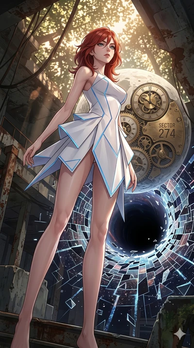 score_9, masterpiece, best quality, ultra-detailed, Set A: High-budget Anime Keyframe, Japanese woman. Low angle cowboy shot filling the entire 9:16 frame with her statuesque presence. Theme: Urban Decay. shattering the fabric of reality in the edge 