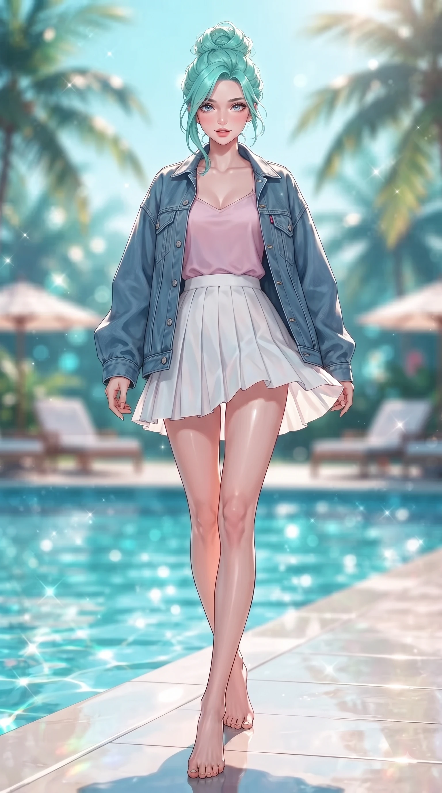 score_9, masterpiece, best quality, ultra-detailed, high-budget anime keyframe, editorial fashion photography, tasteful artistic composition, Japanese woman. low angle full-body shot from head to toe showing her feet, filling the entire 9:16 vertical frame with her statuesque presence, stretching her vertical silhouette. stepping forward gracefully in mid-motion with a delighted cute expression, displaying her statuesque model proportions while walking gracefully along a crystal-clear resort pool deck lined with palm trees and sun loungers. The composition keeps background elements in soft focus with dreamy bokeh. sparkling pool water and palm fronds blurred into crisp, dreamy turquoise background bokeh. She has an absolutely perfect, statuesque 8.5-heads proportion, an exceptionally tall and slender model-like female figure with impossibly long slender legs and an ultra-slim waist. sharp v-shaped jawline, high-bridge nose, intricate jewel-like eyes with depth, thick eyelashes, glossy lips with a natural sheen, flawlessly proportioned anatomical accuracy, natural body alignment, perfectly sculpted elegant limbs, clean dynamic posture without body distortion. wearing a trendy oversized denim jacket over a soft pastel pink camisole and white pleated mini skirt in baby blue and cloud white, tailored from crisp cotton poplin, finished with neat front wooden buttons and pocket details, the breezy lightweight fabric fluttering softly against her delicate frame. bathed in bright tropical sunshine and glittering pool water refractions. ultra-reflective glossy finish, specular highlights, metallic sheen, high-contrast stereoscopic depth, volumetric dynamic lighting, 2k, ultra detail, master piece, 9:16 ratio
