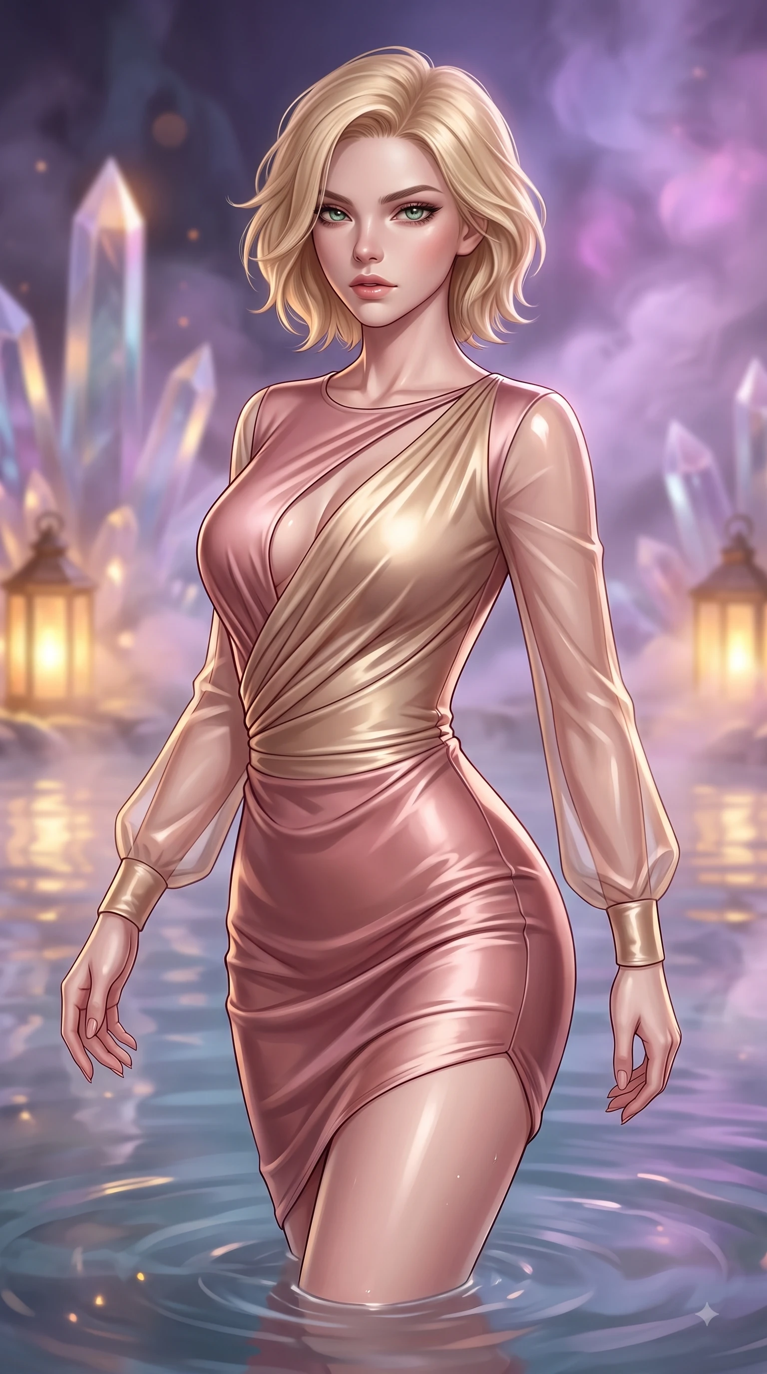 score_9, masterpiece, best quality, ultra-detailed, high-budget anime keyframe, editorial fashion photography, tasteful artistic composition, Caucasian woman. close-up cowboy shot from the waist and thighs up, the character dominates the composition, filling the frame with her large presence, background elements kept in soft focus. Gazing past the lens with smoldering intensity as her torso curves dynamically in mid-stride while floating dynamically in a tranquil thermal pool as crystal spires reflect warm golden lantern light, swirling thermal steam clouds scattering soft violet and magenta mineral light in mid-air. She has an exceptionally elegant, slender, and willowy female figure with an ultra-slim waist, a gracefully sculpted slender torso, and a refined silhouette. sharp v-shaped jawline, high-bridge nose, intricate jewel-like eyes with depth, thick eyelashes, glossy lips with a natural sheen, flawlessly proportioned anatomical accuracy, natural body alignment, perfectly sculpted elegant limbs, clean dynamic posture without body distortion. wearing a sleek bodycon knit dress with strategic sheer organza sleeve panels in dusty rose and champagne gold, crafted from lustrous satin jersey with fluid draping, accented with a Tasteful chest slit framing her clavicle gracefully, the elegant draped fit framing her graceful clavicle and slender torso. bathed in soft warm lantern light filtered through gentle thermal steam. ultra-reflective glossy finish, specular highlights, metallic sheen, high-contrast stereoscopic depth, volumetric dynamic lighting, 2k, ultra detail, master piece, 9:16 ratio