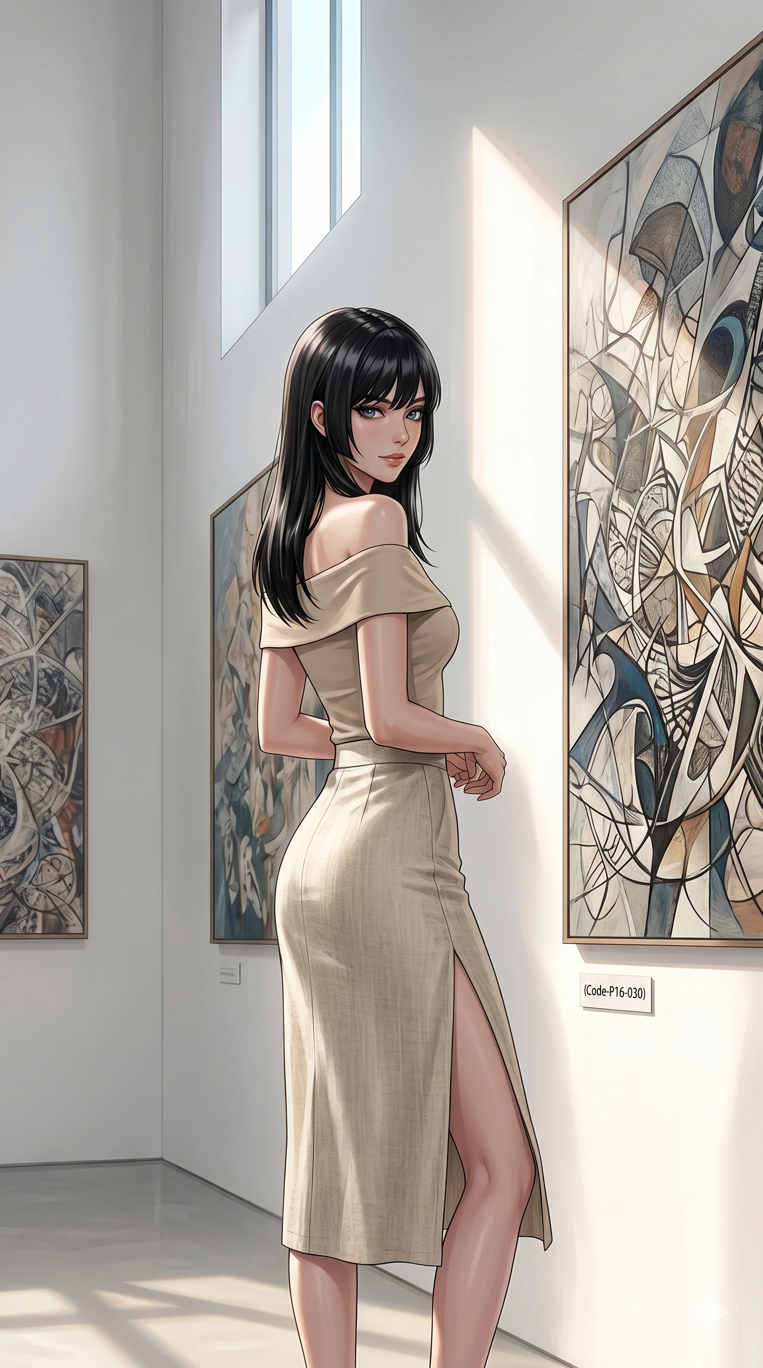 score_9, masterpiece, best quality, ultra-detailed, high-budget anime keyframe, editorial fashion photography, tasteful artistic composition, Caucasian woman, strictly human ears. cowboy shot from the thighs up, character and outfit filling the frame for maximum editorial presence. leaning against a gallery wall, looking over her shoulder with a smoldering half-smile inside a quiet, sunlit art gallery with large abstract paintings (Code-P16-030). She has an absolutely perfect 8-heads proportion, an exceptionally tall and slender female figure with impossibly long slender legs and an ultra-slim waist. V-shaped jawline, high-bridge nose, intricate jewel-like eyes with depth, thick eyelashes, glossy lips with a natural sheen. wearing a beige off-shoulder top showing her elegant clavicle, paired with a split linen skirt. drenched in soft morning sunbeams flowing from a high window, creating a serene mood. 2k, ultra detail, master piece, 9:16 ratio