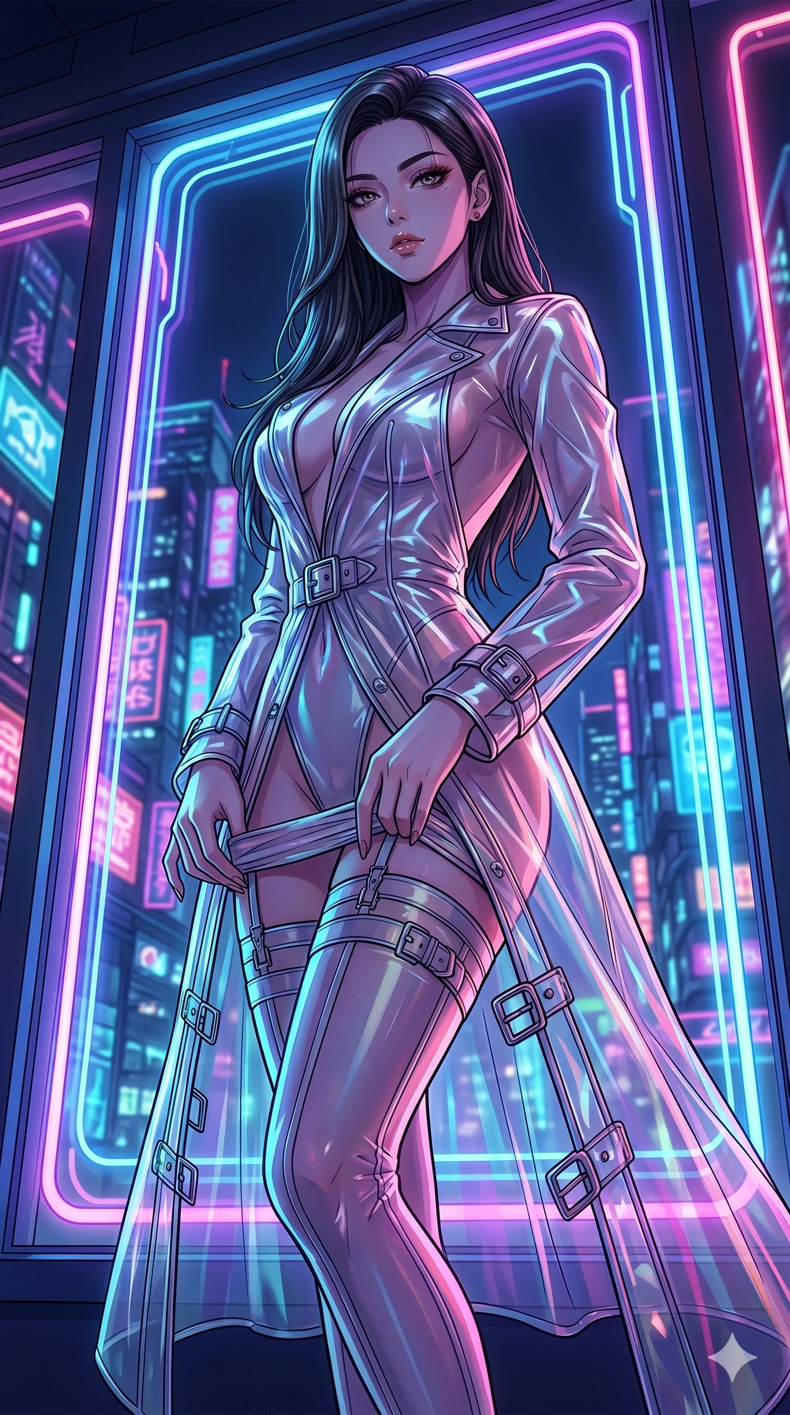 score_9, masterpiece, best quality, ultra-detailed, High-budget Anime Keyframe, East Asian woman. Low angle cowboy shot filling the entire 9:16 frame with her statuesque presence. Scenario 267: Adjusting her thigh-high stocking by a glowing neon window. Her presence is magnetic and overpowering in this high-budget anime scene. Outfit 267: A translucent PVC long with a backless design and metallic buckles. The clothing is designed to emphasize her exceptionally tall and slender 8-heads proportion. 8-heads proportion, towering silhouette, ultra-slim waist. sharp v-shaped jawline, intricate jewel-like eyes with depth, thick eyelashes, glossy lips. 2k, ultra detail, master piece, 9:16 ratio