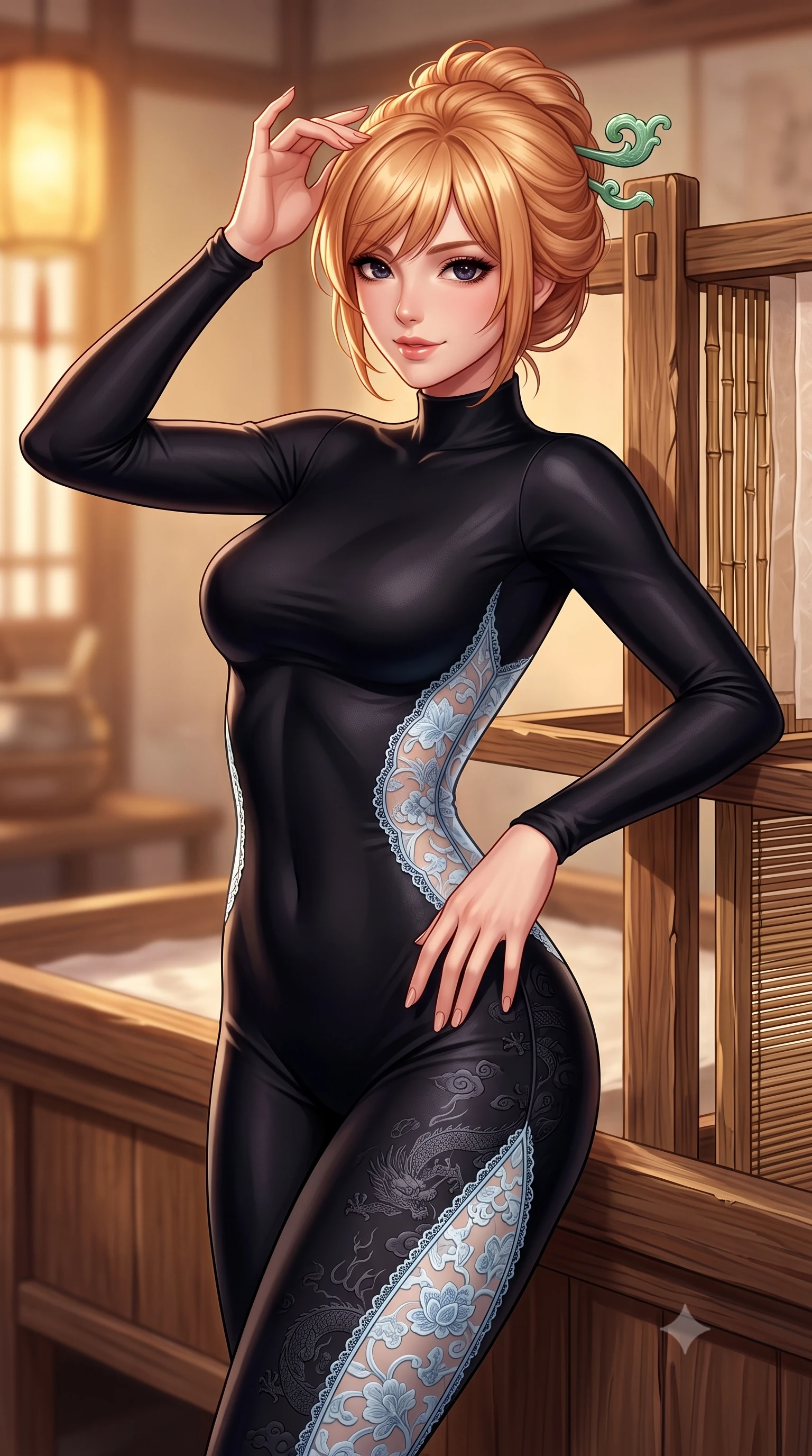score_9, masterpiece, best quality, ultra-detailed, high-budget anime keyframe, semi-realistic 3D game render, editorial fashion photography, tasteful artistic composition, Caucasian woman. close-up cowboy shot from the waist and thighs up, the character dominates the composition, filling the frame with her large presence. tilting her head with an alluring smile while arching her spine with dancer poise, one hand touching her ornate jade hairpin in a flirtatious S-curve while leaning against a rustic oak drying rack with hips cocked back, looking into the lens with an intoxicating, soft bedroom-gaze. The background shows a soft-focus traditional wooden paper-making vats and bamboo screening frames softened in peaceful artisan shallow focus. She has an exceptionally elegant, slender, and willowy female figure with an ultra-slim waist, flat toned midriff, narrow ribcage, and sculpted feminine hips creating an alluring, slim hourglass silhouette without bulk. sharp v-shaped jawline, high-bridge nose, intricate jewel-like dark sparkling almond eyes with depth, thick lashes, glossy parted lips with a natural rose-plum sheen, bright alluring and coquettish smile with bedroom-eyes, exuding both timeless oriental elegance and sovereign high-fashion allure, flawlessly proportioned anatomical accuracy, strict slender model proportions, natural body alignment, perfectly sculpted long slender limbs, ultra-slim waistline, clean dynamic posture without body distortion. wearing a second-skin black silk jersey catsuit with delicate oriental floral lace panels along the ribs and thighs in pure celadon porcelain blue and cloud white, made of rich jacquard silk with intricate embossed dragon and cloud motifs, featuring a modern sculptural jade hair pin securing her loose silky updo, the form-contouring cut accentuating her sculpted flat midriff, narrow delicate ribcage, and gracefully curvy hips with regal oriental supermodel elegance. bathed in warm diffuse amber lantern light filtered through translucent mulberry paper. highly saturated vibrant anime colors, detailed shading with soft gradients, rich glossy textures, high-contrast stereoscopic depth, volumetric dynamic lighting, master piece, 9:16 ratio