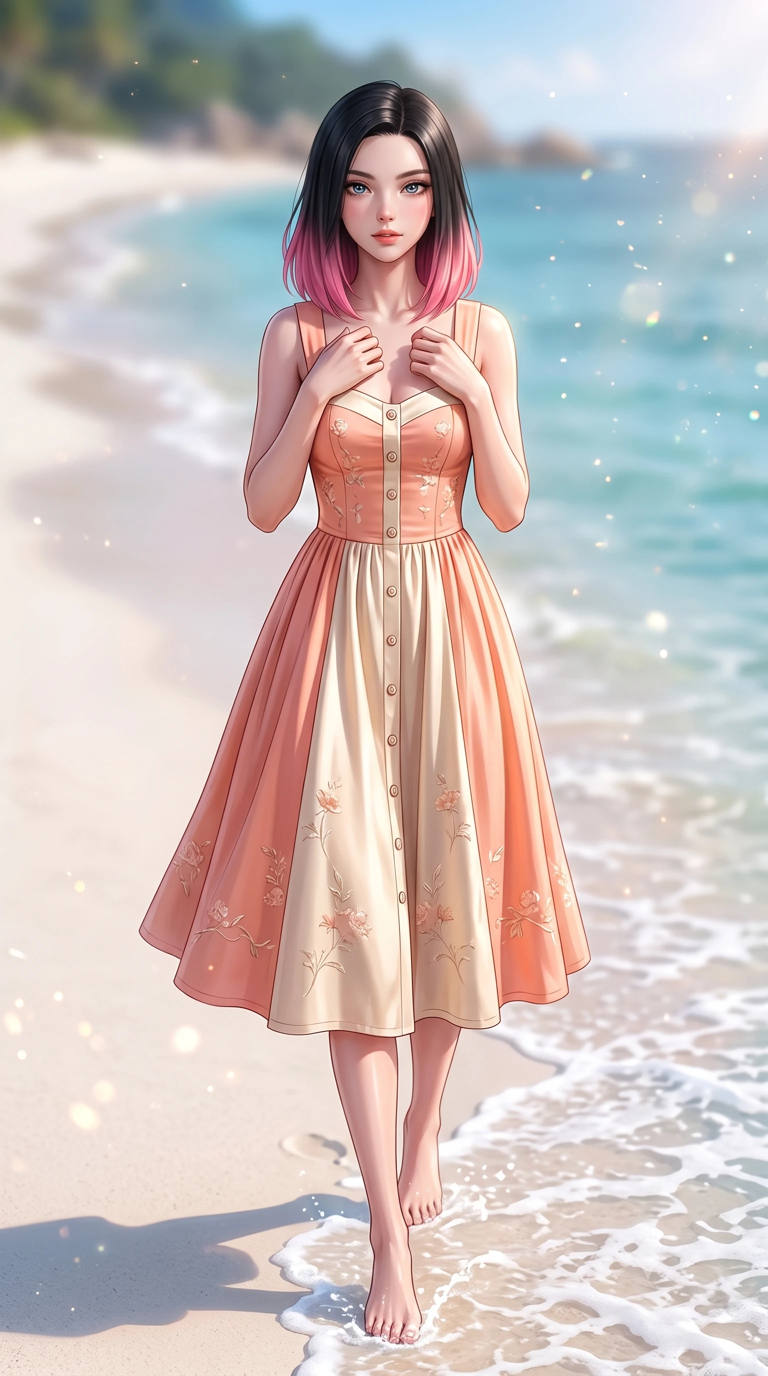 score_9, masterpiece, best quality, ultra-detailed, high-budget anime keyframe, semi-realistic 3D game render, editorial fashion photography, tasteful artistic composition, Korean woman. close-up cowboy shot from the waist and thighs up, the character dominates the composition, filling the frame with her large presence. holding her hands loosely near her heart with an enchanting, affectionate gaze looking directly into the lens while stepping barefoot along a pristine white sandy cove as gentle crystalline seafoam laps at the shoreline. The composition keeps background elements in soft focus with creamy bokeh. warm beach sunlight refracting off ocean spray mist scattering shimmering light motes. She has an exceptionally elegant, slender, and willowy female figure with an ultra-slim waist, a gracefully sculpted slender torso, toned flat midriff, and a refined slim silhouette. sharp v-shaped jawline, high-bridge nose, intricate jewel-like eyes with depth, thick eyelashes, glossy lips with a natural sheen, pure and lovely fresh girlhood expression, flawlessly proportioned anatomical accuracy, strict slender model proportions, natural body alignment, perfectly sculpted long slender limbs, ultra-slim waistline, clean dynamic posture without body distortion. wearing a vintage-inspired button-front cotton sundress with wide shoulder straps and side pockets in warm peach blossom pink and champagne ivory, crafted from smooth fluid silk satin with a natural gentle sheen, complemented by subtle floral embroidery along the neckline and hem, the tailored casual silhouette highlighting her fresh and youthful presence and perfectly proportioned slender frame. surrounded by a refreshing, breezy, and irresistibly vibrant coastal sweetheart aura. highly saturated vibrant anime colors, detailed shading with soft gradients, rich glossy textures, high-contrast stereoscopic depth, volumetric dynamic lighting, master piece, 9:16 ratio