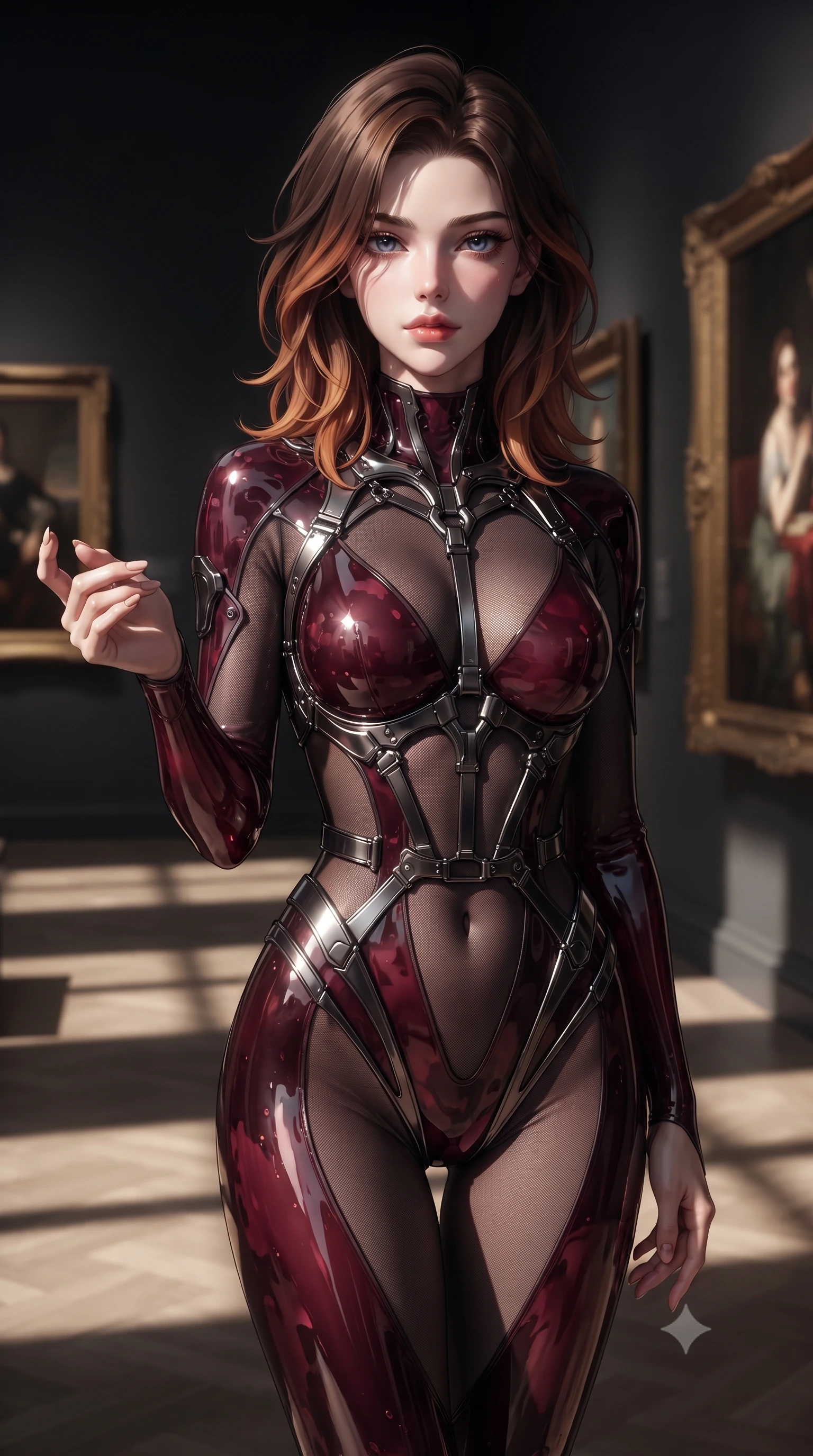 score_9, masterpiece, best quality, ultra-detailed, high-budget anime keyframe, editorial fashion photography, tasteful artistic composition, Korean woman. close-up cowboy shot from the waist and thighs up, the character dominates the composition, filling the frame with her large presence, background elements kept in soft focus. Reaching one hand toward the viewer with relaxed sensual elegance, navigating a dimly lit gallery corridor with gold-framed masterwork paintings, dramatic chiaroscuro lighting projecting sharp sculptural shadows on the floor. She has an exceptionally elegant, slender, and willowy female figure with an ultra-slim waist, a gracefully sculpted slender torso, and a refined silhouette. sharp v-shaped jawline, high-bridge nose, intricate jewel-like eyes with depth, thick eyelashes, glossy lips with a natural sheen. wearing translucent liquid acrylic splash bodysuit with semi-opaque dark mesh in deep crimson burgundy, made of sculpted obsidian metallic chrome, highlighted by a gunmetal metallic harness structure, highlighting her statuesque proportions and ultra-slim waistline. bathed in high-contrast black-and-white chiaroscuro with sharp key rays. highly saturated vibrant anime colors, detailed shading with soft gradients, rich glossy textures, high-contrast stereoscopic depth, volumetric dynamic lighting, master piece, 9:16 ratio