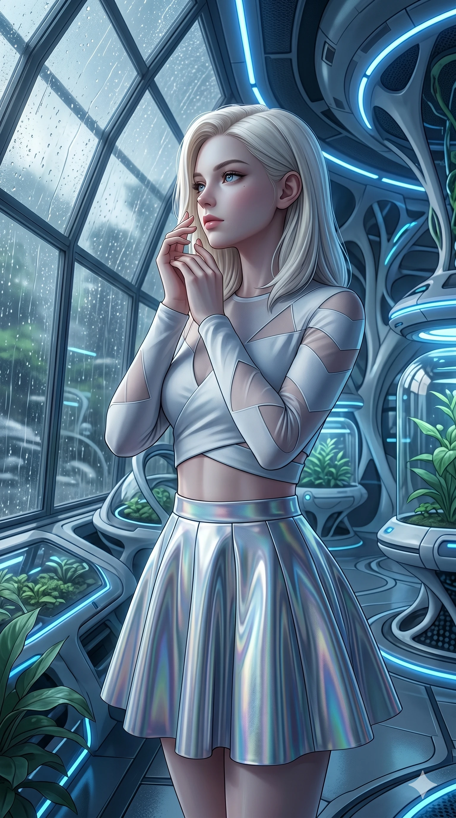 score_9, masterpiece, best quality, ultra-detailed, high-budget anime keyframe, editorial fashion photography, tasteful artistic composition, Caucasian woman, strictly human ears. Upper body close-up from the thighs up, character filling the screen for maximum presence. Inside a biotech dome next to a glass greenhouse window, watching the rain fall outside the dome with a serene, dreamy expression. She is wearing a cropped wrap top with sheer panels, paired with a metallic skirt. The scene is lit by the cool white light of the rain and blue indoor accent lights. 2k, ultra detail, master piece, 9:16 ratio
