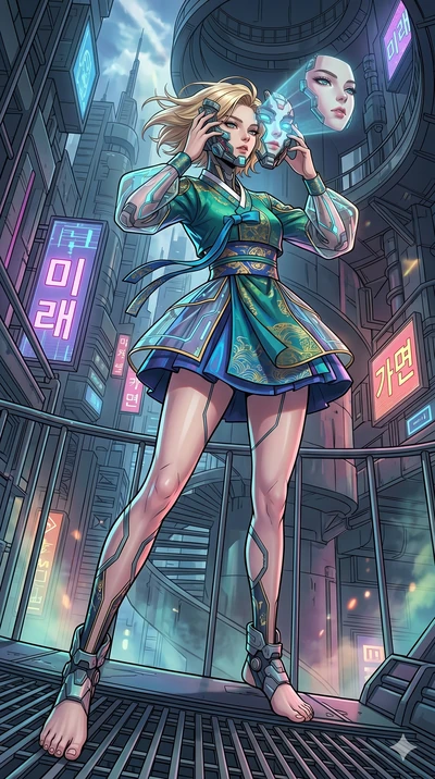 score_9, masterpiece, best quality, ultra-detailed, high-budget anime movie keyframe, cinematic anime lighting, intricate line art, Korean woman. Dynamic full-body shot stretching the vertical silhouette with extreme perspective. adjusting a mechanic