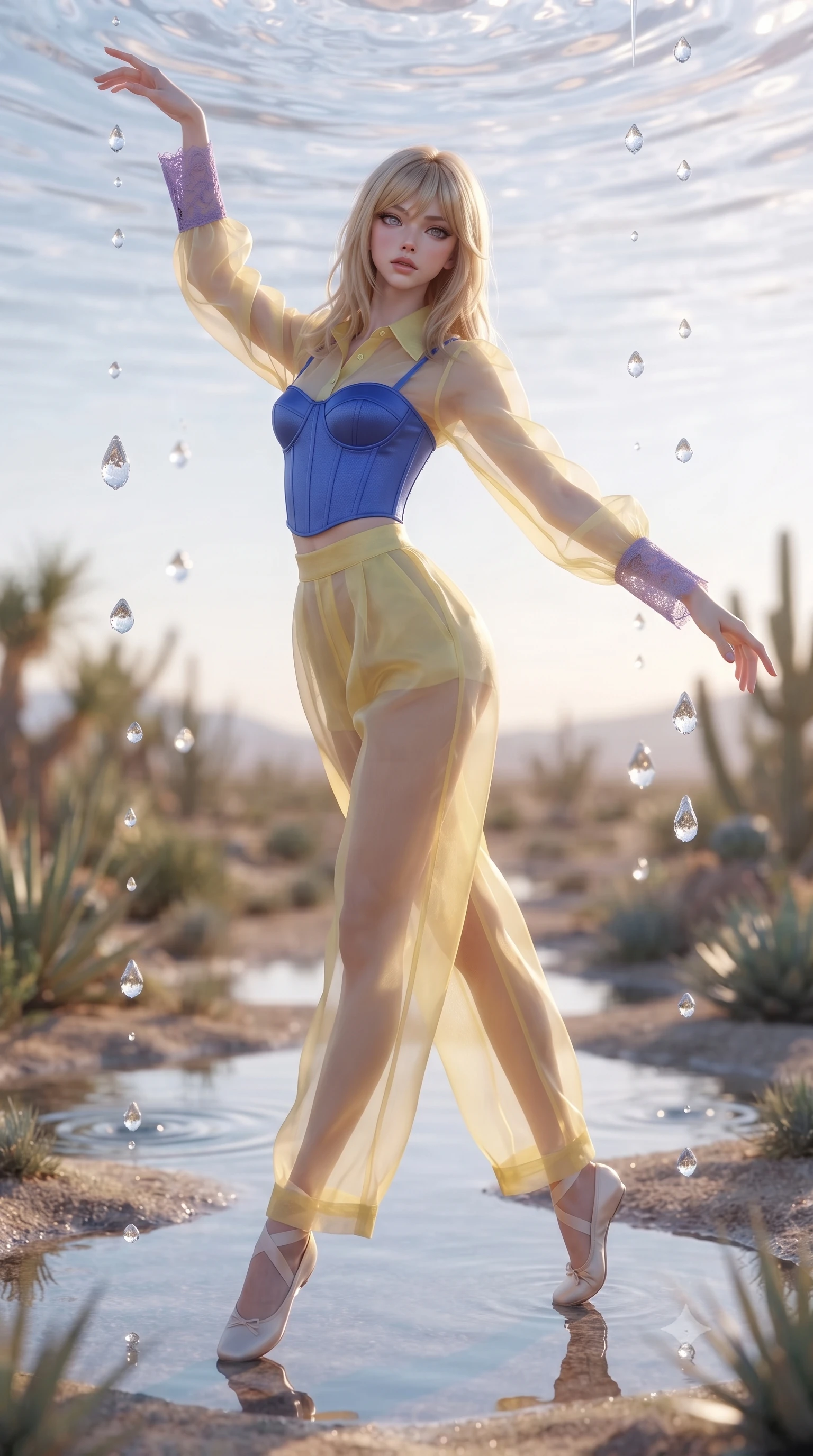 score_9, masterpiece, best quality, ultra-detailed, high-budget anime keyframe, editorial fashion photography, tasteful artistic composition, Japanese woman. low angle full-body shot from head to toe showing her feet, filling the entire 9:16 vertical frame with her statuesque presence, stretching her vertical silhouette. dancing with weightless grace through a shimmering impossible garden appearing in desert heat haze where crystallized water droplets hang frozen like diamonds in the air above oasis pools reflecting a sky that ripples with thermal distortion. She has a statuesque 8.5-heads proportion, an exceptionally tall, slender and willowy model-like build with impossibly long legs and a highly sculpted ultra-slim waist. sharp v-shaped jawline, high-bridge nose, intricate jewel-like eyes with depth, thick eyelashes, glossy lips with a natural sheen. wearing a transparent organza blouse in pastel yellow with purple lace cuffs, layered over a structured cobalt blue corset. soft glowing ambient light with sharp side key light tracing the sleek contours of her figure. 2k, ultra detail, master piece, 9:16 ratio
