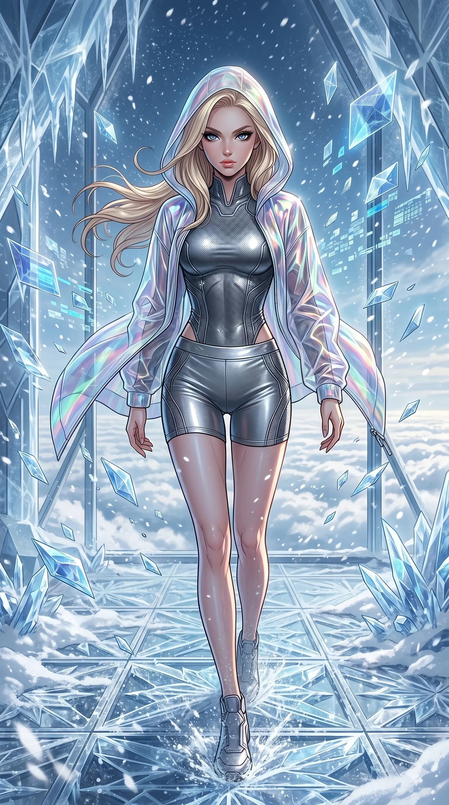 score_9, masterpiece, best quality, ultra-detailed, high-budget anime movie keyframe, cinematic anime lighting, intricate line art, Korean anime girl. Medium shot of upper body capturing the intricate details of her high-fashion attire. walking through a blizzard in a crystal palace above the clouds surrounded by floating data-shards. She has an absolutely perfect 8-heads proportion, an exceptionally tall and slender female figure with an ultra-slim waist and impossibly long slender legs. sharp v-shaped jawline, high-bridge nose, intricate jewel-like eyes, thick eyelashes, glossy lips. Wearing premium athleisure set with a metallic-finish compression top, high-cut yoga shorts that accentuate her long legs, and a sheer oversized hoodie. The scene is illuminated by dramatic atmospheric lighting and vibrant color palettes. 2k, ultra detail, master piece, 9:16 ratio