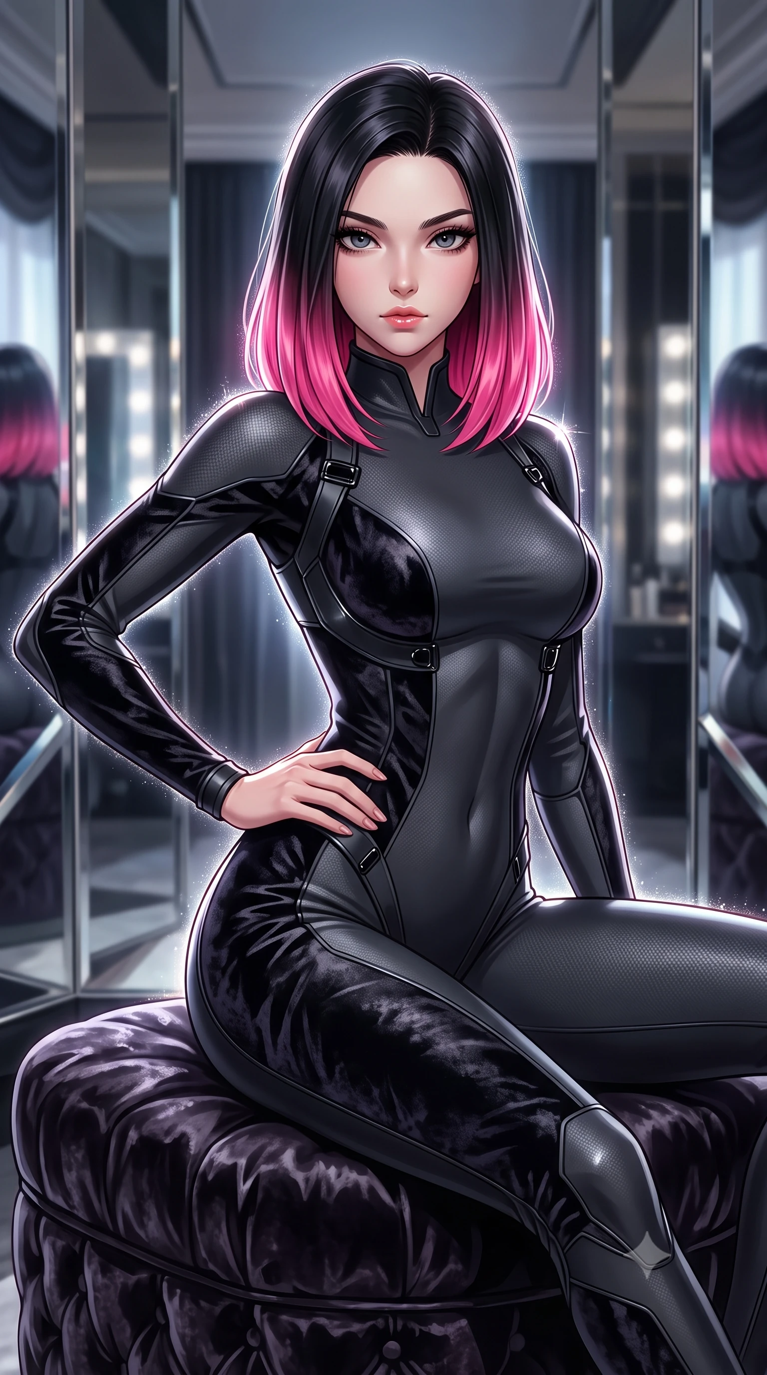 score_9, masterpiece, best quality, ultra-detailed, high-budget anime keyframe, editorial fashion photography, tasteful artistic composition, Korean woman. close-up cowboy shot from the waist and thighs up, the character dominates the composition, filling the frame with her large presence, background elements kept in soft focus. Holding a confident power pose with one hand on her hip, lounging on a velvet ottoman surrounded by high-contrast mirror reflection panels, high-definition visual clarity with razor-sharp outfit specular glints. She has an exceptionally elegant, slender, and willowy female figure with an ultra-slim waist, a gracefully sculpted slender torso, and a refined silhouette. sharp v-shaped jawline, high-bridge nose, intricate jewel-like eyes with depth, thick eyelashes, glossy lips with a natural sheen. wearing second-skin matte carbon-fiber combat suit in onyx black in dark charcoal gray, made of crushed dark silk velvet, adorned with minimalist black onyx hardware framing the silhouette, contouring every curve with an exceptionally elegant silhouette. surrounded by a sparkling rim light aura with sharp edge glints. highly saturated vibrant anime colors, detailed shading with soft gradients, rich glossy textures, high-contrast stereoscopic depth, volumetric dynamic lighting, master piece, 9:16 ratio