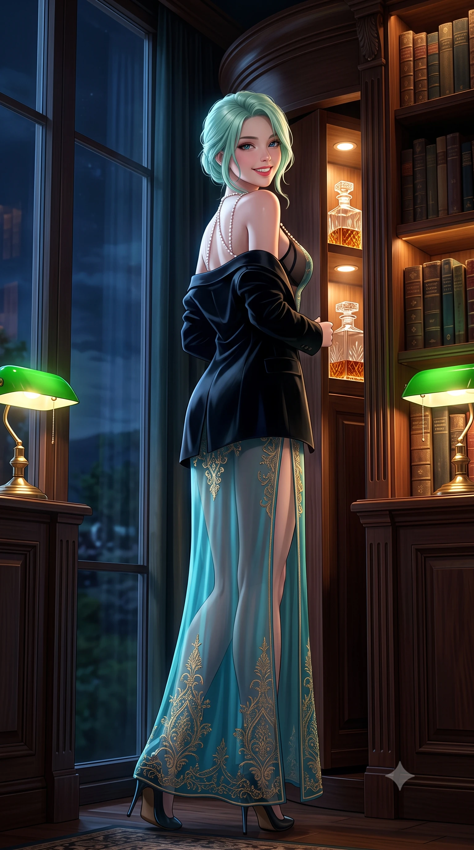 score_9, masterpiece, best quality, ultra-detailed, high-budget anime keyframe, semi-realistic 3D game render, editorial fashion photography, tasteful artistic composition, Japanese woman. low angle full-body shot from head to toe showing her feet, filling the entire 9:16 vertical frame with her statuesque presence, stretching her vertical silhouette. posing in a classic haute-couture S-curve stance beside the floor-to-ceiling window, looking over a bare shoulder with magnetic presence while standing poised beside the secret revolving bookcase entrance revealing illuminated crystal liquor decanters, arching her lower back with seductive dark-academia allure. The surrounding environment is rendered in vivid detail and crisp panoramic clarity: detailed tailored liquid velvet smoking blazer unbuttoned over sheer noir mesh underwire bodysuit, and master joinery in razor-sharp precision. She has an exceptionally tall and slender model-like 8.5-heads proportion, an ultra-slim waist, a flat toned midriff, narrow delicate ribcage, and beautifully sculpted feminine hips creating a graceful, slim hourglass silhouette without any bulky heaviness, with impossibly long slender legs. sharp v-shaped jawline, high-bridge nose, intricate jewel-like sparkling eyes with depth, thick eyelashes, glossy parted lips with a natural peach sheen, bright cheerful beaming smile with an enchanting and coquettish sensual glint, exuding both youthful cute charm and seductive allure, flawlessly proportioned anatomical accuracy, strict slender model proportions, natural body alignment, perfectly sculpted long slender limbs, ultra-slim waistline, clean dynamic posture without body distortion. wearing a gossamer sheer mesh slip dress with delicate gold embroidery and hip-high double side slits in Mediterranean bioluminescent teal and radiant pearl, made of fluid liquid jersey with seamless sculpting hold and smooth contours, accented with a pearl-drop body harness subtly framing her dewy collarbones and spine, the high-slit wrap tailoring accentuating her ultra-slim waistline and the enchanting curve of her feminine hips with alluring seductive charm. bathed in the rich chiaroscuro 2400K incandescent warmth of green banker's lamps and concealed shelf downlights. highly saturated vibrant anime colors, detailed shading with soft gradients, rich glossy textures, high-contrast stereoscopic depth, volumetric dynamic lighting, master piece, 9:16 ratio