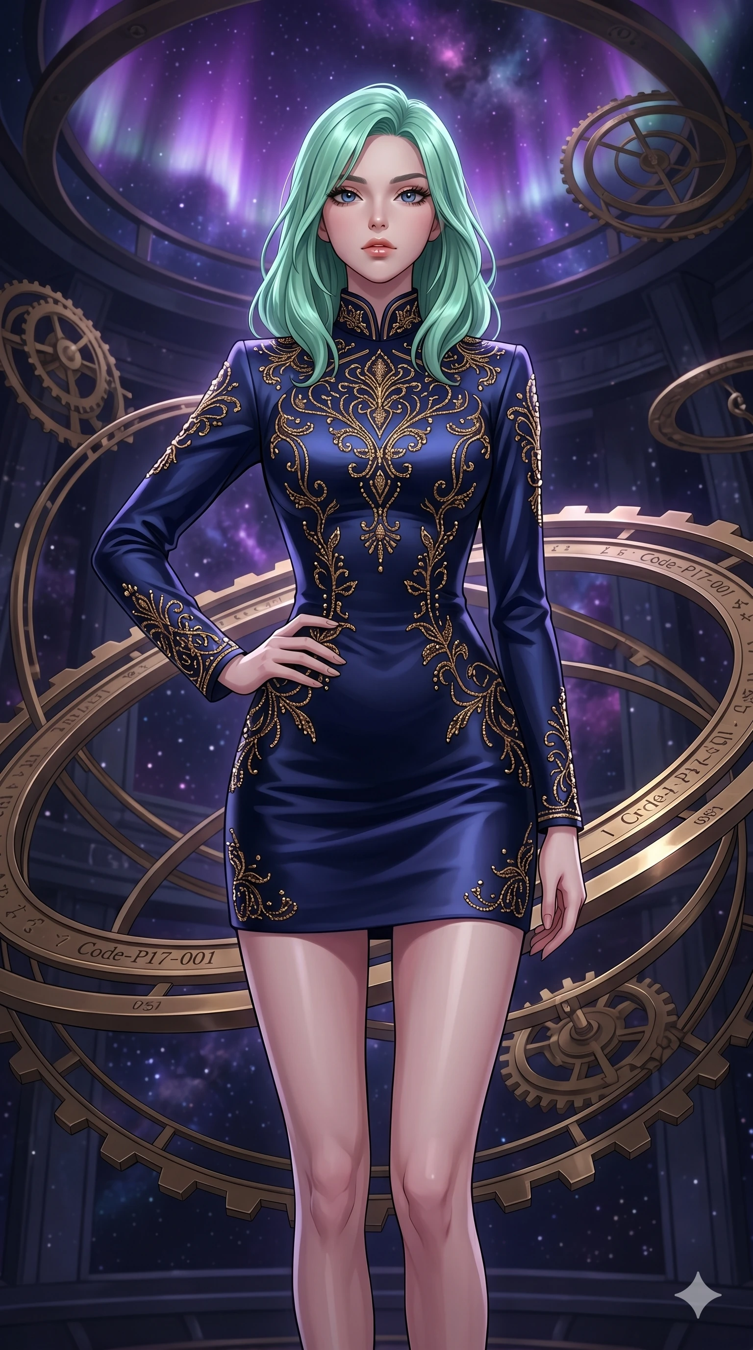 score_9, masterpiece, best quality, ultra-detailed, high-budget anime keyframe, editorial fashion photography, tasteful artistic composition, Japanese woman. cowboy shot from the thighs up, character and outfit filling the frame for maximum editorial presence. holding a confident power pose with one hand on her hip, looking directly into the camera with quiet self-assurance inside a cosmic astrolabe chamber with floating brass rings (Code-P17-001). She has an absolutely perfect 8-heads proportion, an exceptionally tall and slender female figure with impossibly long slender legs and an ultra-slim waist. V-shaped jawline, high-bridge nose, intricate jewel-like eyes with depth, thick eyelashes, glossy lips with a natural sheen. wearing a high-collared structured silk dress with long sleeves and elegant gold embroidery. illuminated by a shifting purple aurora palette from above, casting sharp specular highlights on her silhouette. 2k, ultra detail, master piece, 9:16 ratio