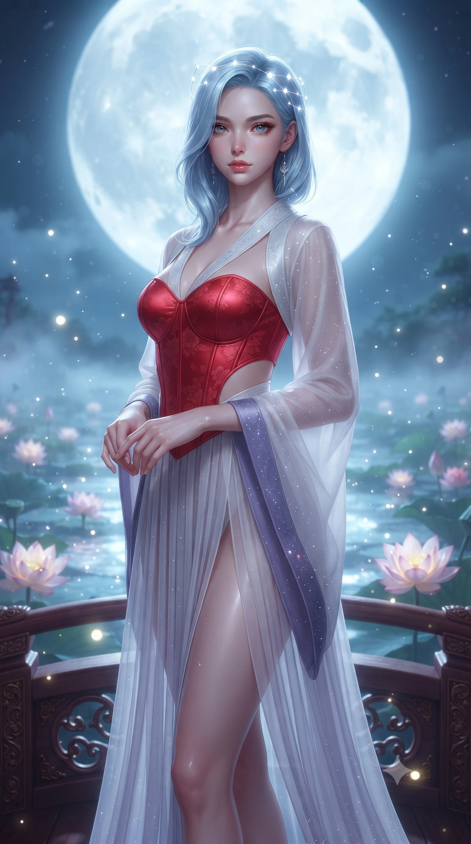 score_9, masterpiece, best quality, ultra-detailed, high-budget anime keyframe, editorial fashion photography, tasteful artistic composition, Korean woman. close-up cowboy shot from the waist and thighs up, the character dominates the composition, filling the frame with her large presence. holding her hands loosely in front with regal, aristocratic poise, radiating an overwhelming high-society aura while standing poised on an ornate lacquered wooden bridge over a mist-covered lotus pond beneath a colossal glowing full moon. The composition keeps background elements in soft focus with creamy bokeh. shimmering lunar light reflections and floating lotus pollen scattering celestial glowing light motes. She has an exceptionally elegant, slender, and willowy female figure with an ultra-slim waist, a gracefully sculpted slender torso, toned flat midriff, and a refined slim silhouette. sharp v-shaped jawline, high-bridge nose, intricate jewel-like eyes with depth, thick eyelashes, glossy lips with a natural sheen, captivating and magnetic expression, flawlessly proportioned anatomical accuracy, strict slender model proportions, natural body alignment, perfectly sculpted long slender limbs, ultra-slim waistline, clean dynamic posture without body distortion. wearing a sacred shrine maiden couture robe with sheer pleated chiffon skirt and structured scarlet corset top in celestial opal white and stardust violet, made of liquid-smooth silk satin with subtle floral jacquard, accented with dainty silver ankle bells and a glowing constellation circlet, the precision-cut daring openings accentuating her delicate midriff, graceful bare collarbones, and ultra-slim feminine waistline. surrounded by an otherworldly, sacred, and breathtakingly pure moon goddess aura. ultra-reflective glossy finish, specular highlights, rich textural contrasts, high-contrast stereoscopic depth, volumetric dynamic lighting, 2k, ultra detail, master piece, 9:16 ratio