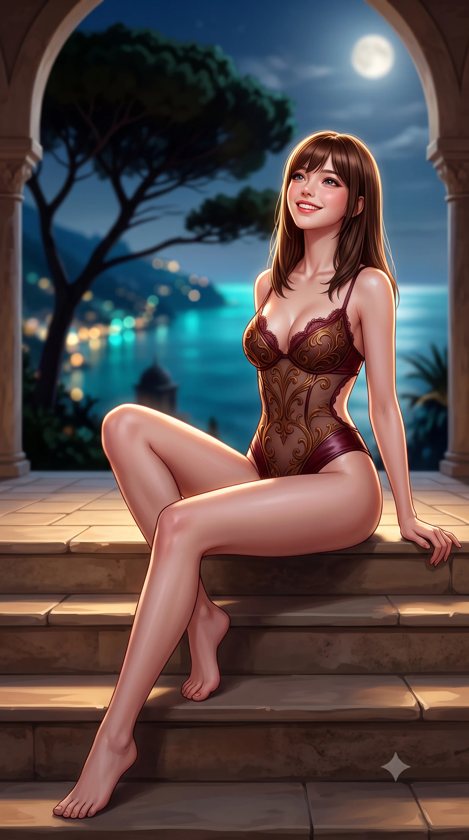 score_9, masterpiece, best quality, ultra-detailed, high-budget anime keyframe, semi-realistic 3D game render, editorial fashion photography, tasteful artistic composition, Korean woman. low angle full-body shot from head to toe showing her feet, filling the entire 9:16 vertical frame with her statuesque presence, stretching her vertical silhouette. sitting poised on the stone steps with one knee bent, arching her spine with supermodel elegance as she glances upward through thick eyelashes while standing poised between pointed Moorish arches on the clifftop veranda 1,200 feet above the sea, arching her lower back as nocturnal sea breezes mold her gown to her hourglass curves. The background shows a soft-focus sweeping vista of the moonlit Gulf of Salerno, dramatic umbrella pine silhouettes, and distant lights of Amalfi fishing harbors blurred into turquoise, gold, and obsidian bokeh. She has an exceptionally tall and slender model-like 8.5-heads proportion, an ultra-slim waist, a flat toned midriff, narrow delicate ribcage, and beautifully sculpted feminine hips creating a graceful, slim hourglass silhouette without any bulky heaviness, with impossibly long slender legs. sharp v-shaped jawline, high-bridge nose, intricate jewel-like sparkling eyes with depth, thick eyelashes, glossy parted lips with a natural peach sheen, bright cheerful beaming smile with an enchanting and coquettish sensual glint, exuding both youthful cute charm and seductive allure, flawlessly proportioned anatomical accuracy, strict slender model proportions, natural body alignment, perfectly sculpted long slender limbs, ultra-slim waistline, clean dynamic posture without body distortion. wearing an ultra-daring sheer illusion tulle bodysuit with liquid bronze arabesque flocking tracing her hourglass contours in French boudoir bordeaux wine and antique brass, woven from buttery-soft stretch lambskin leather adhering to her body like a second skin, finished with scalloped eyelash lace trim framing her sweetheart neckline with intimate elegance, the precision-cut side openings and low-back scoop framing her graceful spine and the sensual sweep of her slim, toned hips. illuminated by terrace stone bounce and sharp champagne-gold rim lights defining her dewy collarbones, ultra-slim waist, and curvy hips. highly saturated vibrant anime colors, detailed shading with soft gradients, rich glossy textures, high-contrast stereoscopic depth, volumetric dynamic lighting, master piece, 9:16 ratio