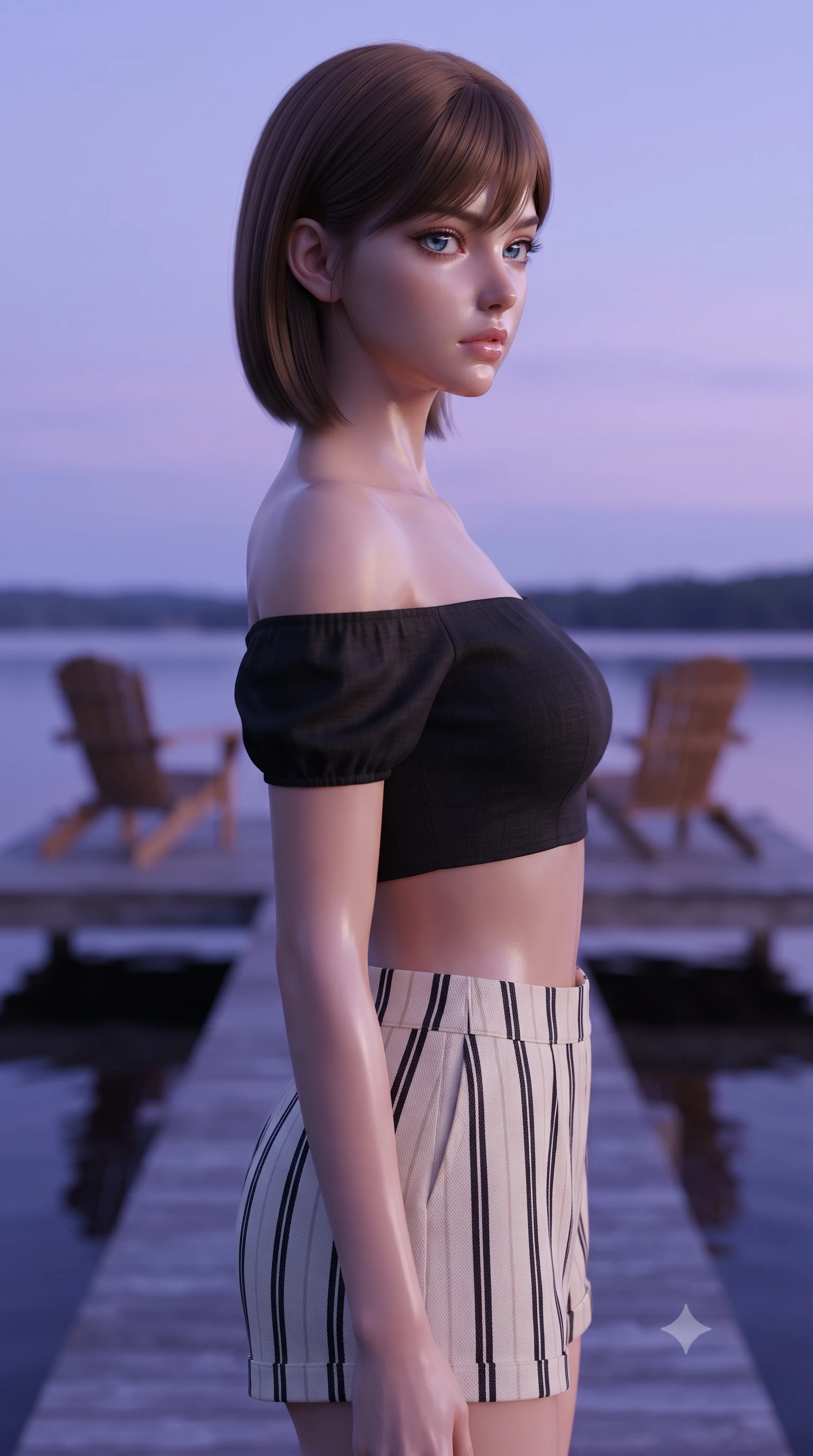 score_9, masterpiece, best quality, ultra-detailed, high-budget anime keyframe, editorial fashion photography, tasteful artistic composition, Korean woman. close-up cowboy shot from the waist and thighs up, the character dominates the composition, filling the frame with her large presence, background elements kept in soft focus. turning her face in sharp profile, casting a cold, mysterious, yet intensely alluring side gaze, the background shows a soft-focus a private lakeside pier extending from a glamping site, with two wooden chairs. She has an exceptionally elegant, slender, and willowy female figure with an ultra-slim waist, a gracefully sculpted slender torso, and a refined silhouette. sharp v-shaped jawline, high-bridge nose, intricate jewel-like eyes with depth, thick eyelashes, glossy lips with a natural sheen. wearing a form-contouring chic off-shoulder crop top in black linen, paired with high-waisted striped resort shorts. the serene purple and blue hues of twilight reflecting on the still water. ultra-reflective glossy finish, specular highlights, metallic sheen, high-contrast stereoscopic depth, volumetric dynamic lighting, 2k, ultra detail, master piece, 9:16 ratio