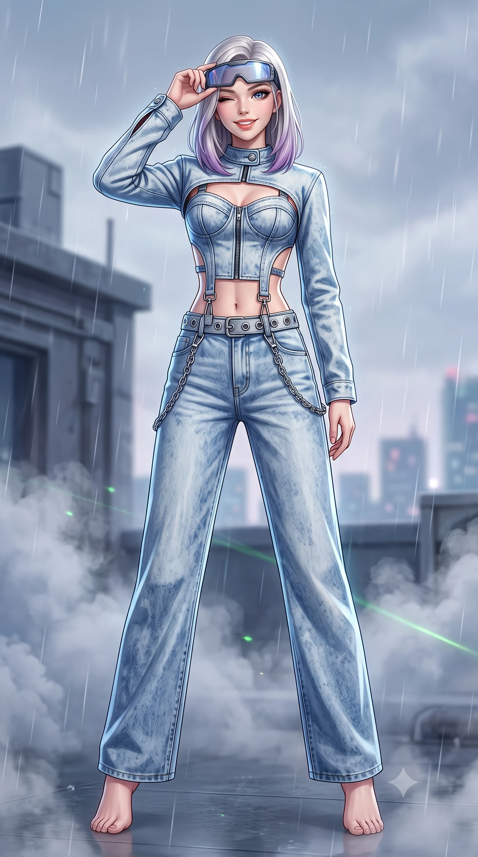 score_9, masterpiece, best quality, ultra-detailed, high-budget anime keyframe, semi-realistic 3D game render, editorial fashion photography, tasteful artistic composition, Caucasian woman. low angle full-body shot from head to toe showing her feet, filling the entire 9:16 vertical frame with her statuesque presence, stretching her vertical silhouette. landing lightly on the balls of her feet in a balanced kinetic stance, eyes locked onto the camera with fearless allure while adjusting her futuristic cyber-visor over her brow while casting a bold, playful wink and bright smile into the camera. The composition keeps background elements in soft focus with creamy bokeh. drifting smoke machine haze and falling raindrops catching laser beam motes across the rooftop. She has an absolutely perfect, statuesque 8.5-heads proportion, an exceptionally tall and slender model-like female figure with impossibly long slender legs, a toned flat midriff, and an ultra-slim waist. sharp v-shaped jawline, high-bridge nose, intricate jewel-like eyes with depth, thick eyelashes, glossy lips with a natural sheen, captivating and magnetic expression, flawlessly proportioned anatomical accuracy, strict slender model proportions, natural body alignment, perfectly sculpted long slender limbs, ultra-slim waistline, clean dynamic posture without body distortion. wearing a deconstructed denim corseted crop jacket paired with high-waisted wide-leg utility jeans and a silver grommet belt in acid-wash light denim and dark chrome, tailored from distressed structured cotton denim with metallic thread, accented with hanging industrial clip straps and chrome chain links, the precision-cut daring openings accentuating her delicate midriff, graceful bare collarbones, and ultra-slim feminine waistline. illuminated by crisp rim lights accentuating her ultra-slim waistline and long athletic limbs. highly saturated vibrant anime colors, detailed shading with soft gradients, rich glossy textures, high-contrast stereoscopic depth, volumetric dynamic lighting, master piece, 9:16 ratio