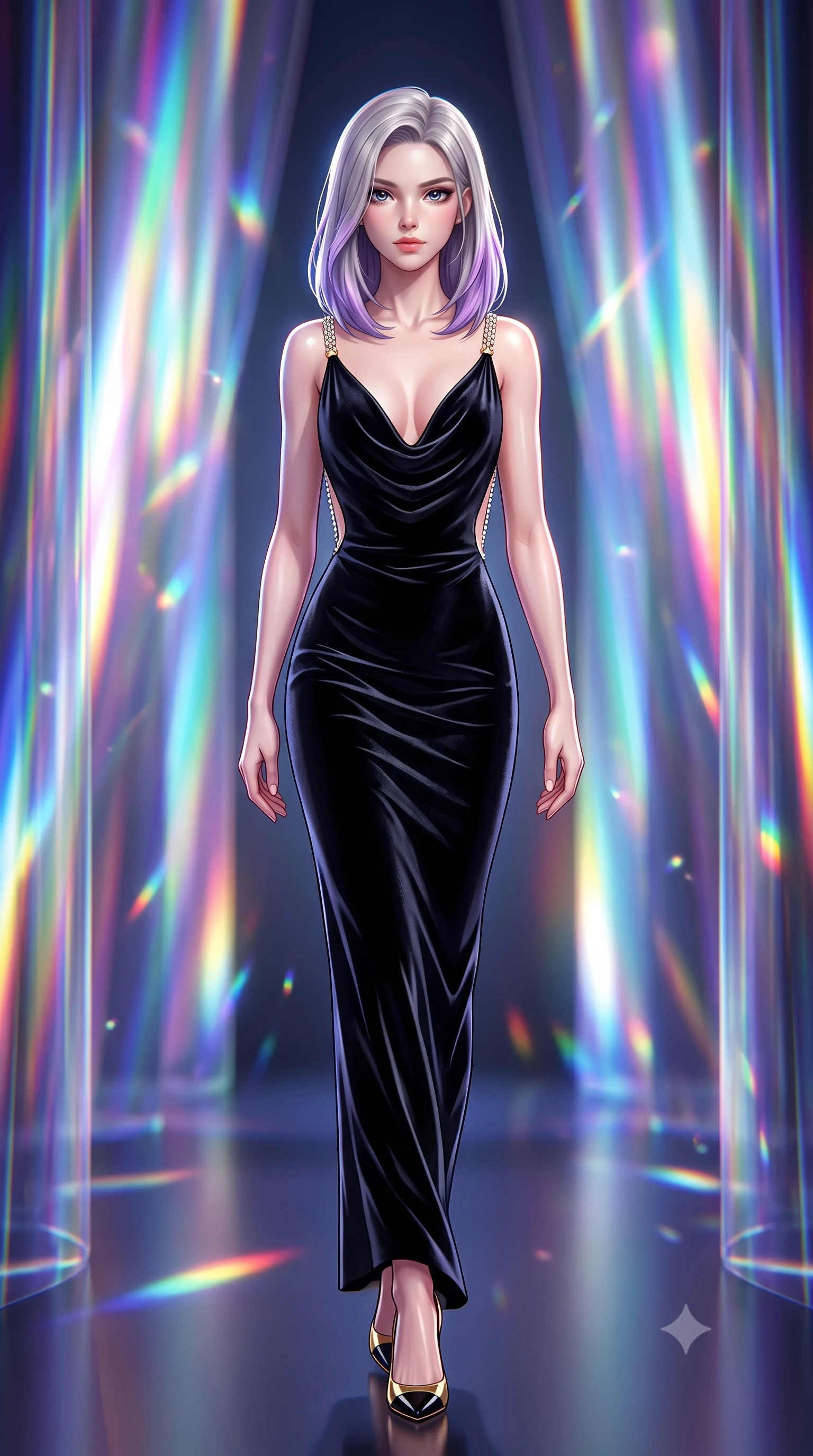 score_9, masterpiece, best quality, ultra-detailed, high-budget anime keyframe, semi-realistic 3D game render, editorial fashion photography, tasteful artistic composition, Caucasian woman. low angle full-body shot from head to toe showing her feet, filling the entire 9:16 vertical frame with her statuesque presence, stretching her vertical silhouette. striding forward in a proud, dynamic supermodel runway stride, her statuesque vertical silhouette commanding the entire frame while walking through a tunnel of pulsing chromatic light curtains with effortless high-fashion runway poise. The composition keeps background elements in soft focus with creamy bokeh. refracted light beams and internal acrylic reflections scattering radiant chromatic light motes. She has an absolutely perfect, statuesque 8.5-heads proportion, an exceptionally tall and slender model-like female figure with impossibly long slender legs, a toned flat midriff, and an ultra-slim waist. sharp v-shaped jawline, high-bridge nose, intricate jewel-like eyes with depth, thick eyelashes, glossy lips with a natural sheen, captivating and magnetic expression, flawlessly proportioned anatomical accuracy, strict slender model proportions, natural body alignment, perfectly sculpted long slender limbs, ultra-slim waistline, clean dynamic posture without body distortion. wearing an opulent backless black velvet evening gown with a plunging cowl back and diamond-encrusted shoulder straps in midnight black and liquid gold, crafted from heavyweight crushed silk velvet with liquid luster, accented with a glittering diamond back chain tracing her bare spine, the sleek tailored cut tightly hugging her graceful clavicle, narrow waist, and feminine curves with statuesque precision. surrounded by a cutting-edge, avant-garde, and mesmerizingly stylish future-fashion muse aura. highly saturated vibrant anime colors, detailed shading with soft gradients, rich glossy textures, high-contrast stereoscopic depth, volumetric dynamic lighting, master piece, 9:16 ratio