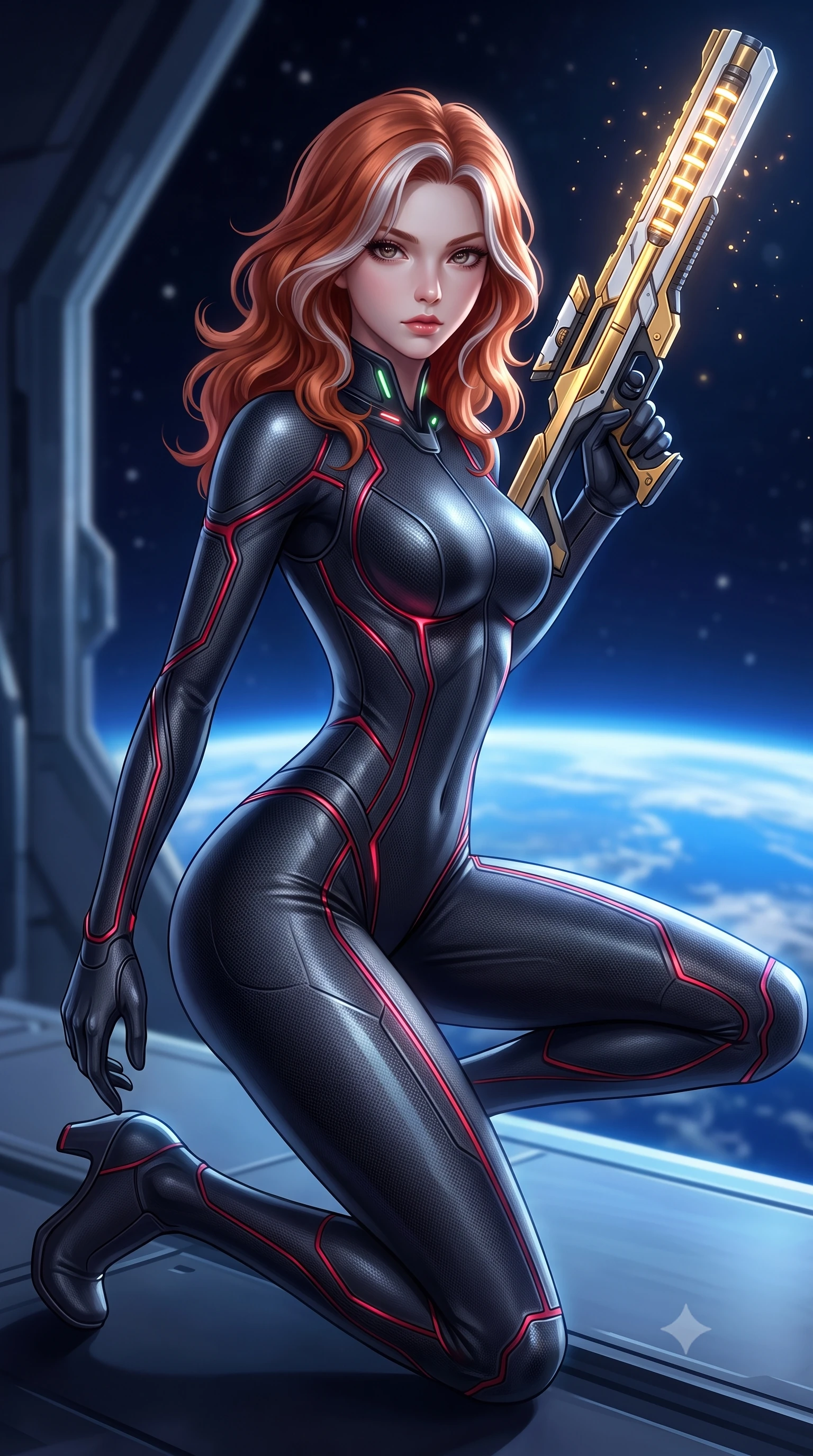 score_9, masterpiece, best quality, ultra-detailed, high-budget anime keyframe, semi-realistic 3D game render, editorial fashion photography, tasteful artistic composition, Caucasian woman. close-up cowboy shot from the waist and thighs up, the character dominates the composition, filling the frame with her large presence. twisting her upper body in a dynamic S-curve combat stance, one hand steadying her weapon with commanding supermodel allure while kneeling gracefully on one knee along the hangar edge with railgun primed as Earth's blue curvature shines below. The composition keeps background elements in soft focus with creamy bokeh. distant starlight and railgun charging LED coils scattering soft glowing light motes across a deep space backdrop. She has an exceptionally elegant, slender, and willowy female figure with an ultra-slim waist, a gracefully sculpted slender torso, toned flat midriff, and a refined slim silhouette. sharp v-shaped jawline, high-bridge nose, intricate jewel-like eyes with depth, thick eyelashes, glossy lips with a natural sheen, flawlessly proportioned anatomical accuracy, strict slender model proportions, natural body alignment, perfectly sculpted long slender limbs, ultra-slim waistline, clean dynamic posture without body distortion. wearing a second-skin dark gunmetal carbon-weave battle-suit with crimson laser conduits, brandishing a sleek high-tech composite submachine weapon with effortless allure in arctic white carbon composite with radiant solar gold plating, tailored from flexible second-skin carbon-mesh that clings flawlessly to her athletic curves, featuring a sleek aerodynamic collar framed by subtle glowing cybernetic status LEDs, the sleek second-skin cut tightly hugging her graceful clavicle, narrow waist, and feminine curves with athletic precision. surrounded by an awe-inspiring, calm, and radiantly deadly orbital sharpshooter goddess aura. rich saturated anime colors with glowing neon highlights, detailed shading with soft gradients, rich glossy textures, high-contrast stereoscopic depth, volumetric dynamic lighting, master piece, 9:16 ratio