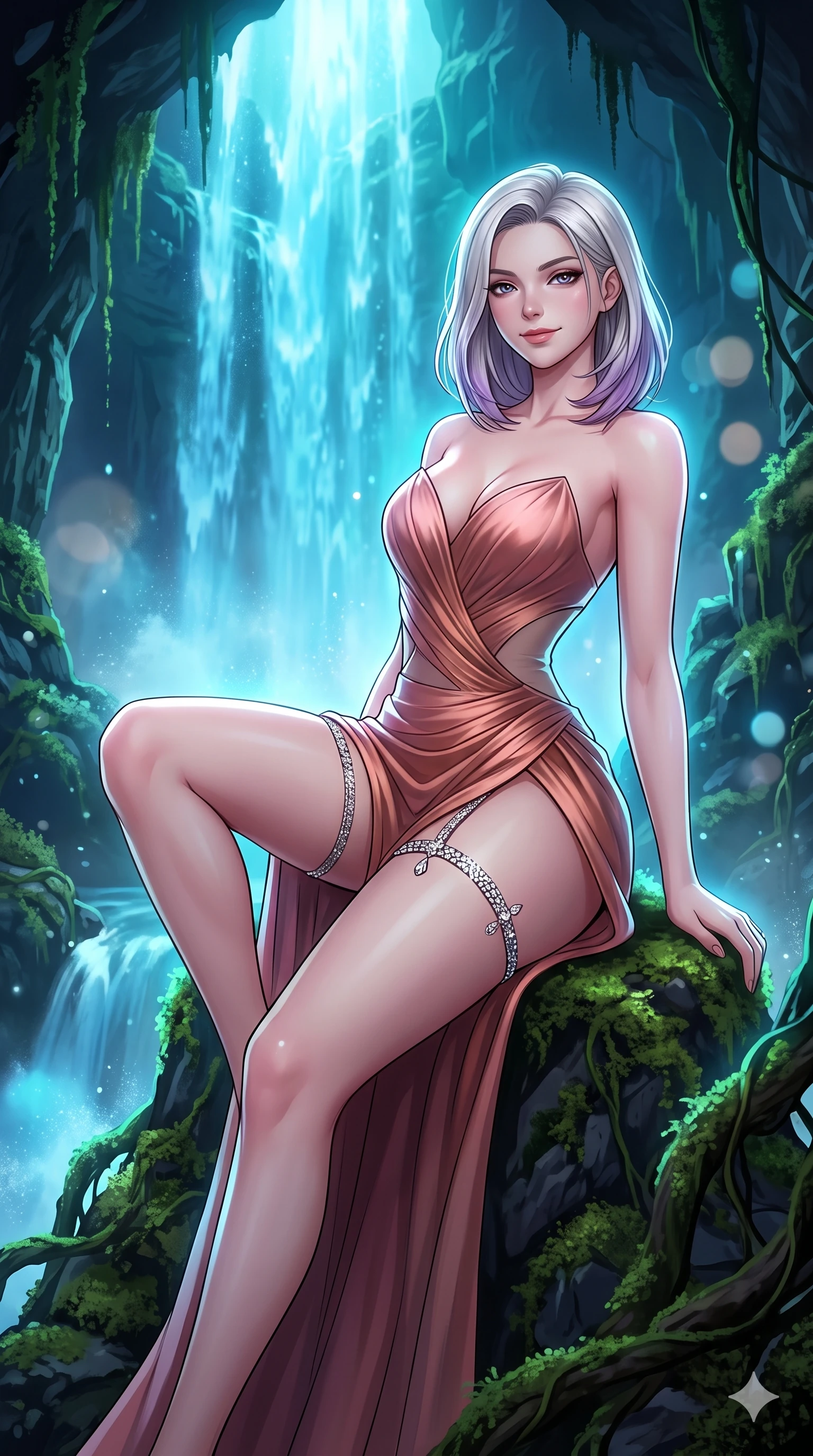 score_9, masterpiece, best quality, ultra-detailed, high-budget anime keyframe, semi-realistic 3D game render, editorial fashion photography, tasteful artistic composition, Caucasian woman. close-up cowboy shot from the waist and thighs up, the character dominates the composition, filling the frame with her large presence. perched sideways on the lounge seat, one knee drawn up to showcase her slender leg line while her arched back accentuates her feminine hip curve while leaning against the moss-covered rock needle with hips cocked back, watching glowing azure water cascades splash into luminous mist with heavy-lidded bedroom-eyes. The surrounding environment is rendered in vivid detail and crisp panoramic clarity: detailed garment styling, vibrant anime shading, and monumental underground cavern scale in high resolution. She has an exceptionally elegant, slender, and willowy female figure with an ultra-slim waist, flat toned midriff, narrow ribcage, and sculpted feminine hips creating an alluring, slim hourglass silhouette without bulk. sharp v-shaped jawline, high-bridge nose, intricate jewel-like sparkling eyes with depth, thick eyelashes, glossy parted lips with a natural peach sheen, bright cheerful beaming smile with an enchanting and coquettish sensual glint, exuding both youthful cute charm and seductive allure, flawlessly proportioned anatomical accuracy, strict slender model proportions, natural body alignment, perfectly sculpted long slender limbs, ultra-slim waistline, clean dynamic posture without body distortion. wearing an alluring plunging sweetheart bodice dress with sheer mesh side-waist cutouts contouring her ribs in rose-quartz blush and burnished copper, made of fluid liquid jersey with seamless sculpting hold and smooth contours, finished with delicate crystal-encrusted thigh garter straps glinting in the dim light, the impeccably tailored cut draping gracefully along her slender figure with aristocratic poise. illuminated by waterfall spray bounce and sharp cyan-white rim lights defining her jawline, narrow waist, and curvy hips. highly saturated vibrant anime colors, detailed shading with soft gradients, rich glossy textures, high-contrast stereoscopic depth, volumetric dynamic lighting, master piece, 9:16 ratio