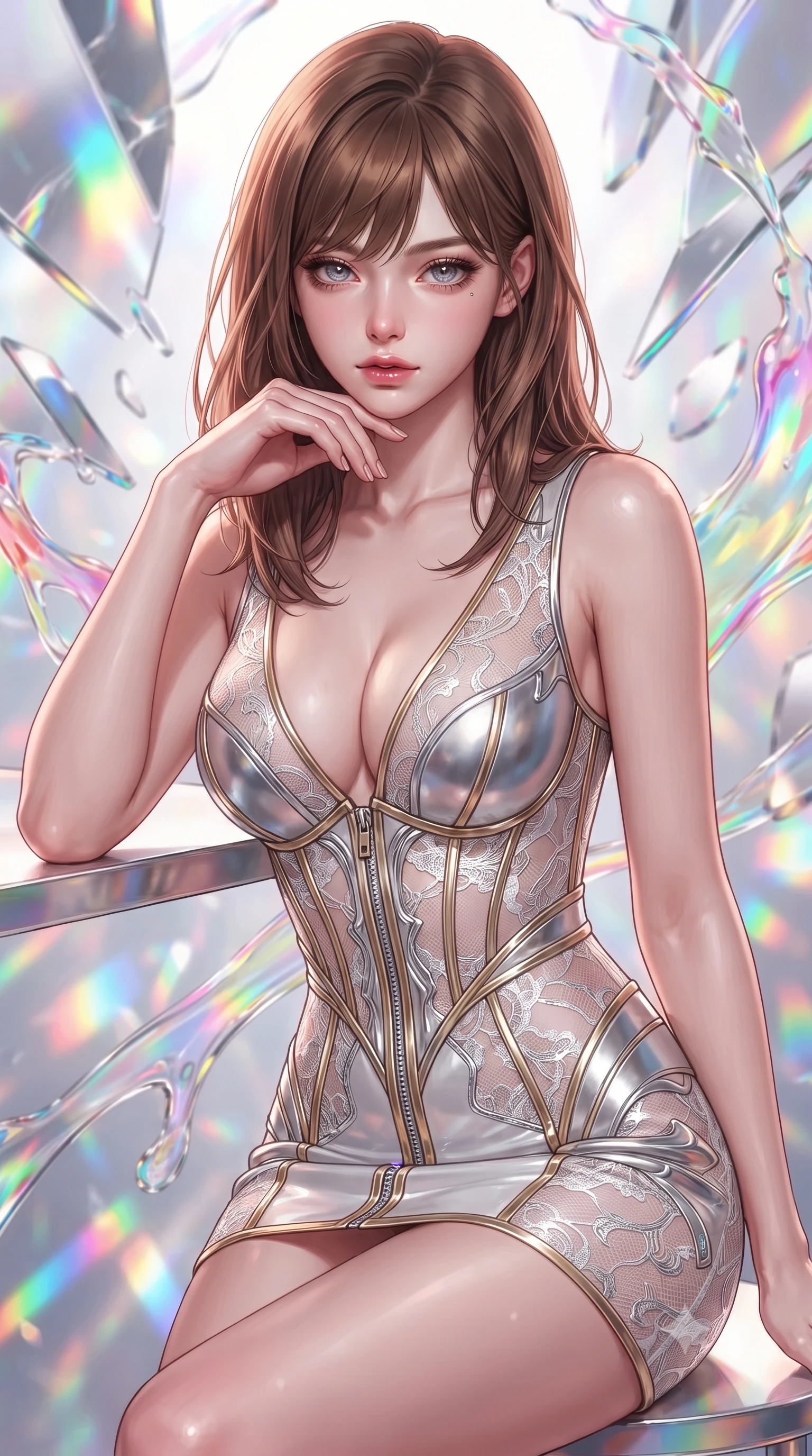 score_9, masterpiece, best quality, ultra-detailed, high-budget anime keyframe, editorial fashion photography, tasteful artistic composition, Korean woman. close-up cowboy shot from the waist and thighs up, the character dominates the composition, filling the frame with her large presence, background elements kept in soft focus. Resting her chin on the backs of her fingers with an air of effortless superiority, surrounded by rotating shattered mirror sculptures reflecting bright acrylic colors, translucent liquid acrylic trails creating dynamic motion paths. She has an exceptionally elegant, slender, and willowy female figure with an ultra-slim waist, a gracefully sculpted slender torso, and a refined silhouette. sharp v-shaped jawline, high-bridge nose, intricate jewel-like eyes with depth, thick eyelashes, glossy lips with a natural sheen. wearing deep V-neck corset bodice mini dress with sheer white lace panels in metallic silver, made of sculpted platinum chrome, finished with metallic gold boning and sleek zipper points, the fitted fabric emphasizing her ultra-slim waist. illuminated by brilliant multi-color rainbow light refracting through glass. highly saturated vibrant anime colors, detailed shading with soft gradients, rich glossy textures, high-contrast stereoscopic depth, volumetric dynamic lighting, master piece, 9:16 ratio