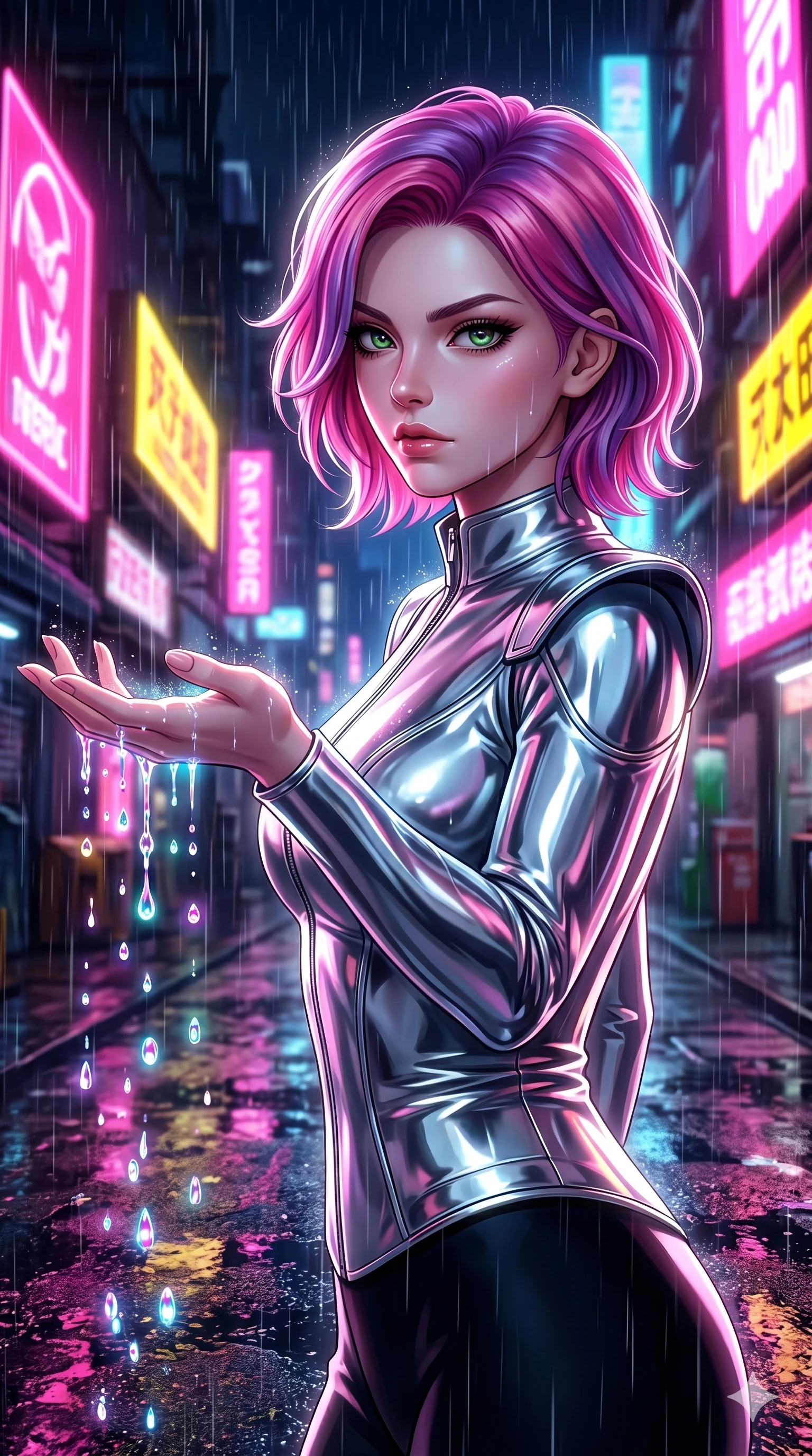 score_9, masterpiece, best quality, ultra-detailed, high-budget anime keyframe, semi-realistic 3D game render, Caucasian woman, strictly human ears. Upper body close-up from the thighs up, character filling the screen for maximum presence. She is turning around sharply in a futuristic night market, with rain reflections on wet asphalt. She reaches out a hand to catch neon-lit rain droplets with an intense, magnetic gaze. She has an absolutely perfect 8-heads proportion, a tall and elegant figure with a refined silhouette and a defined waistline. V-shaped jawline, high-bridge nose, intricate jewel-like eyes with depth, thick eyelashes, glossy lips with a natural sheen. She is wearing a sleek tailored top in liquid-chrome finish that complements her silhouette, styled with sophisticated architectural shoulder accents and a modern zip collar. The scene is lit by bright pink and yellow neon billboards and a sharp white key light tracing her silhouette. 2k, ultra detail, master piece, 9:16 ratio