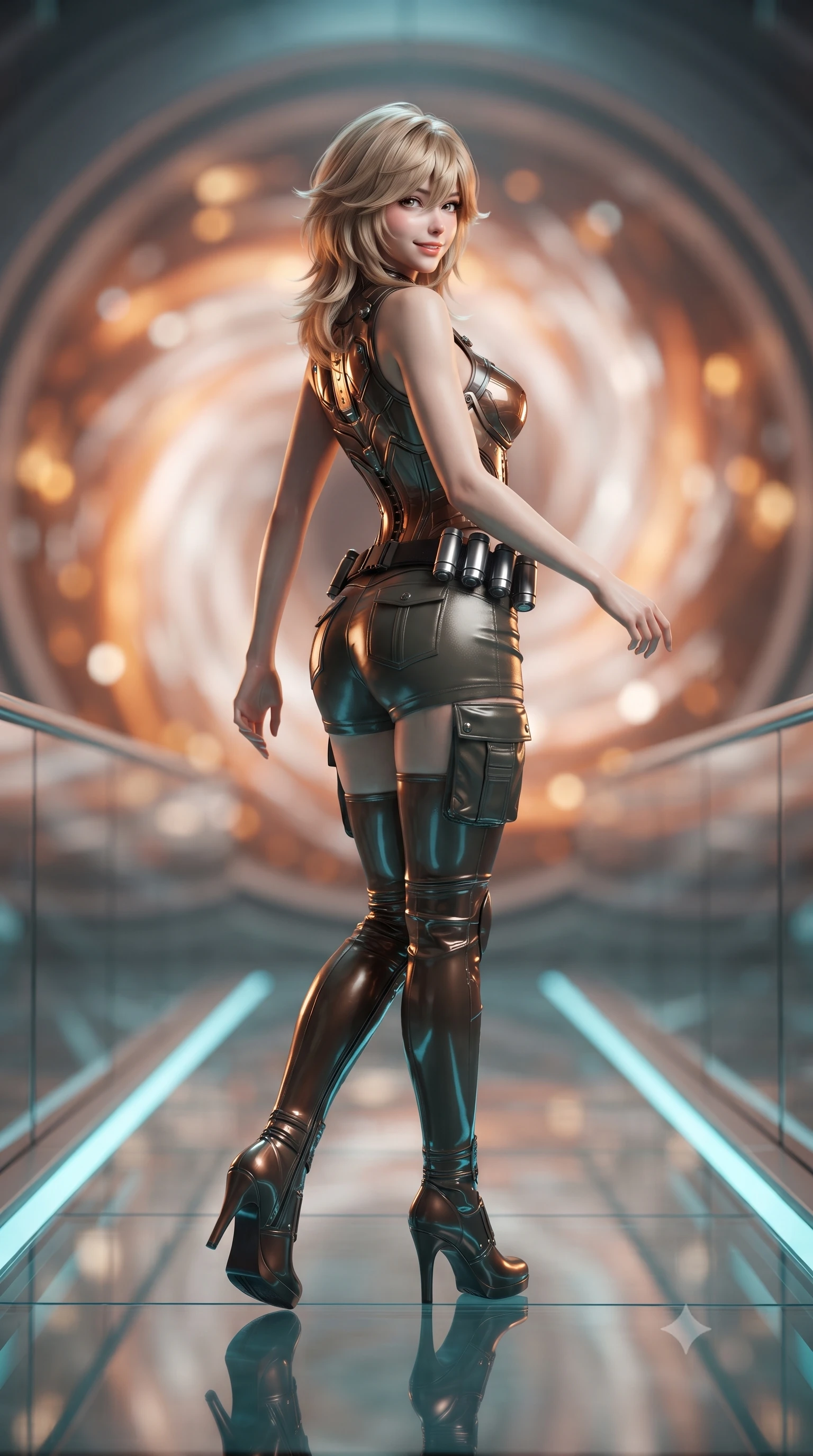 score_9, masterpiece, best quality, ultra-detailed, high-budget anime keyframe, editorial fashion photography, tasteful artistic composition, Japanese woman. low angle full-body shot from head to toe showing her feet, filling the entire 9:16 vertical frame with her statuesque presence, stretching her vertical silhouette. walking slowly along the transparent glass skybridge, looking back over her shoulder with an air of effortless grace and an alluring, smoldering smile while twisting her slender torso in an alluring S-curve on the catwalk, solar plasma radiation casting dynamic chiaroscuro shadows across her narrow waist and curvy hips. The background shows a soft-focus the colossal magnetic containment ring and swirling orange-and-white fusion plasma vortex blurred into amber, gold, and incandescent white bokeh. She has an absolutely perfect, statuesque 8.5-heads proportion, an exceptionally tall and slender model-like female figure with impossibly long slender legs, an ultra-slim waist, a flat toned midriff, narrow delicate ribcage, and beautifully sculpted feminine hips creating a graceful, slim hourglass silhouette without any bulky heaviness. sharp v-shaped jawline, high-bridge nose, intricate jewel-like sparkling eyes with depth, thick eyelashes, glossy parted lips with a natural sheen, bright confident smile with an enchanting and coquettish sensual glint, exuding both youthful magnetic charm and sovereign high-tech allure, flawlessly proportioned anatomical accuracy, strict slender model proportions, natural body alignment, perfectly sculpted long slender limbs, ultra-slim waistline, clean dynamic posture without body distortion. wearing a sculpted carbon-fiber bustier armor top paired with ultra-tight tactical cargo shorts and thigh-high armored boots in burnished bronze alloy and smoked glass black, made of smooth liquid latex with high-contrast stereoscopic depth and wet shine, accented with a sleek utility belt with polished magnetic canisters resting loosely on her curvy hips, the form-fitting tactical tailoring adhering flawlessly to her sculpted flat midriff and slender torso, emphasizing her long leg lines and perfectly proportioned willowy build. illuminated by cool cyan emergency floor guides and sharp amber rim lighting sculpting her razor-sharp jawline, narrow waist, and curvy hips. ultra-reflective glossy finish, specular highlights, rich textural contrasts, high-contrast stereoscopic depth, volumetric dynamic lighting, 2k, ultra detail, master piece, 9:16 ratio