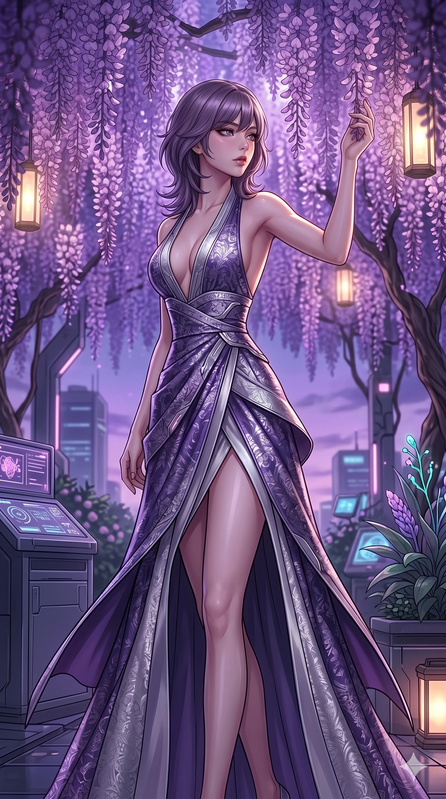 score_9, masterpiece, best quality, ultra-detailed, high-budget anime keyframe, editorial fashion photography, tasteful artistic composition, Japanese woman. cowboy shot from the thighs up, character and outfit filling the frame for maximum editorial presence. reaching up to touch a wisteria blossom, looking over her shoulder with a magnetic, sultry gaze standing under a blooming wisteria trellis in a cyber-garden (Code-P16-020). She has an absolutely perfect 8-heads proportion, an exceptionally tall and slender female figure with impossibly long slender legs and an ultra-slim waist. V-shaped jawline, high-bridge nose, intricate jewel-like eyes with depth, thick eyelashes, glossy lips with a natural sheen. wearing a modern fusion silk hanbok dress with a plunging neck and high-slit wrap skirt. soft purple twilight glow mixed with warm lantern light, tracing her jawline and eyelashes. 2k, ultra detail, master piece, 9:16 ratio