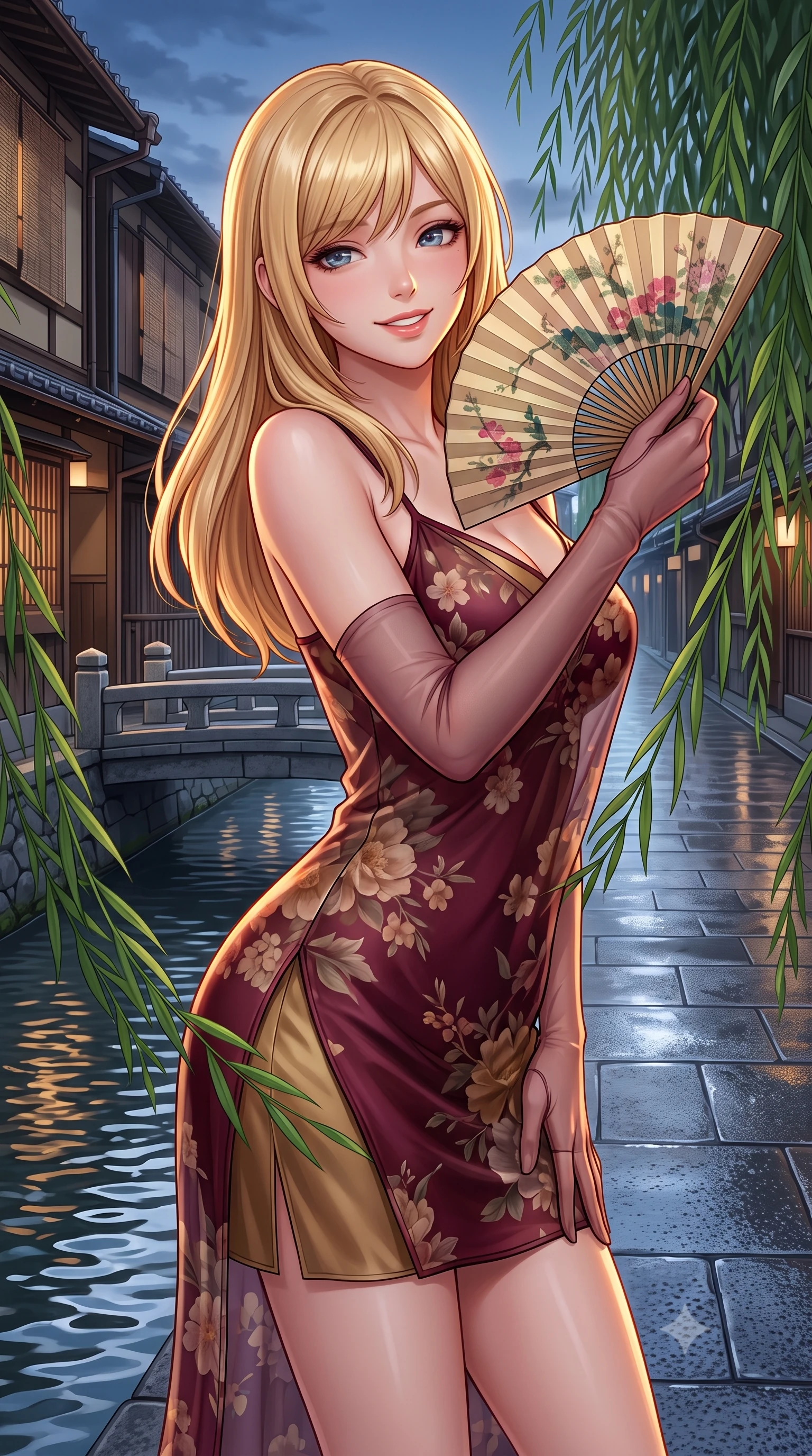 score_9, masterpiece, best quality, ultra-detailed, high-budget anime keyframe, semi-realistic 3D game render, editorial fashion photography, tasteful artistic composition, Caucasian woman. close-up cowboy shot from the waist and thighs up, the character dominates the composition, filling the frame with her large presence. playfully unfurling a painted silk fan toward the lens, her radiant smile capturing fresh girlhood charm while her arched torso reveals an intoxicating hip contour while twisting her slender torso in an alluring contrapposto stance, trailing weeping willow fronds brushing past her tight fusion dress and hips. The surrounding environment is rendered in vivid detail and crisp panoramic clarity: detailed brocade fabric weave, rain-kissed pavement sheen, and traditional Kyoto street architecture in razor-sharp clarity. She has an exceptionally elegant, slender, and willowy female figure with an ultra-slim waist, flat toned midriff, narrow ribcage, and sculpted feminine hips creating an alluring, slim hourglass silhouette without bulk. sharp v-shaped jawline, high-bridge nose, intricate jewel-like dark sparkling almond eyes with depth, thick lashes, glossy parted lips with a natural rose-plum sheen, bright alluring and coquettish smile with bedroom-eyes, exuding both timeless oriental elegance and sovereign high-fashion allure, flawlessly proportioned anatomical accuracy, strict slender model proportions, natural body alignment, perfectly sculpted long slender limbs, ultra-slim waistline, clean dynamic posture without body distortion. wearing a delicate semi-sheer floral chiffon kaftan slip dress layered over a matching silk slip, accentuating her slender waist and hips in deep wine burgundy and brushed antique gold, tailored from fine crisp cotton-linen with clean structural lines, complemented by delicate sheer silk fingerless gloves reaching past her elbows, the glove-like silhouette tightly following the natural contour of her hips and long slender legs with youthful 8.5-heads elegance. illuminated by rippling canal water reflections and sharp amber rim lighting sculpting her razor-sharp jawline, narrow waist, and curvy hips. highly saturated vibrant anime colors, detailed shading with soft gradients, rich glossy textures, high-contrast stereoscopic depth, volumetric dynamic lighting, master piece, 9:16 ratio