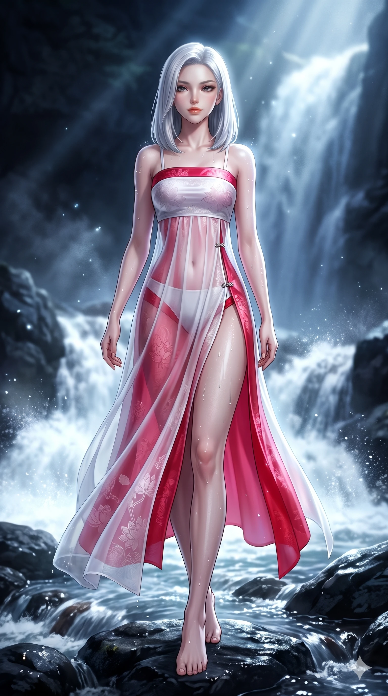 score_9, masterpiece, best quality, ultra-detailed, high-budget anime keyframe, semi-realistic 3D game render, editorial fashion photography, tasteful artistic composition, Korean woman. low angle full-body shot from head to toe showing her feet, filling the entire 9:16 vertical frame with her statuesque presence, stretching her vertical silhouette. stepping slowly toward the camera with hypnotic grace, hips swaying in an alluring sensual rhythm that accentuates her curvy hourglass silhouette and long slender legs while twisting her slender torso in an alluring contrapposto stance, waterfall spray droplets and moonbeams glistening across her flat midriff. The background shows a soft-focus wild mountain ravine softened in natural landscape shallow focus. She has an absolutely perfect, statuesque 8.5-heads proportion, an exceptionally tall and slender model-like female figure with impossibly long slender legs, an ultra-slim waist, a flat toned midriff, narrow delicate ribcage, and beautifully sculpted feminine hips creating a graceful, slim hourglass silhouette without any bulky heaviness. sharp v-shaped jawline, high-bridge nose, sparkling eyes with hypnotic seductive depth, thick curled eyelashes, glossy parted lips with a natural dewy peach sheen, alluring bedroom-eyes with an enchanting coquettish smile, exuding magnetic siren charisma and sophisticated glamour, flawlessly proportioned anatomical accuracy, strict slender model proportions, natural body alignment, perfectly sculpted long slender limbs, ultra-slim waistline, clean dynamic posture without body distortion. wearing a delicately layered semi-sheer gossamer nobang hanbok slip dress revealing her sculpted silhouette over an opaque micro-bandeau and briefs in pure snow white and vivid cherry blossom crimson, tailored from rich silk jacquard with subtle embossed lotus blossom patterns, finished with an ultra-high side slit secured by miniature jeweled clasps, the glove-like clinging cut tightly following the natural contour of her hips and long slender legs with youthful 8.5-heads elegance. bathed in luminous moonlight reflecting off roaring white water cascades and misty spray. highly saturated vibrant anime colors, detailed shading with soft gradients, rich glossy textures, high-contrast stereoscopic depth, volumetric dynamic lighting, master piece, 9:16 ratio