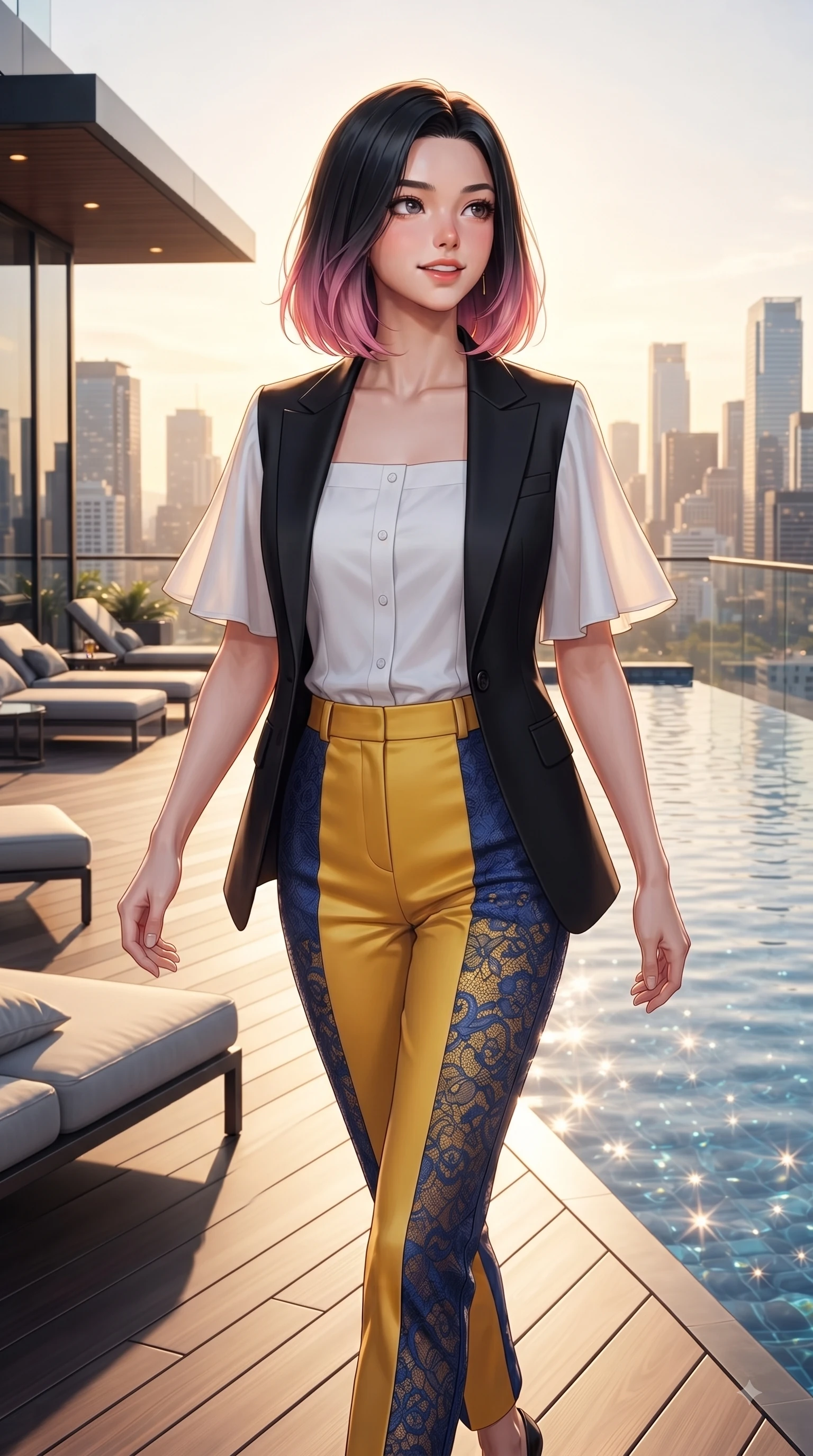 score_9, masterpiece, best quality, ultra-detailed, high-budget anime keyframe, editorial fashion photography, tasteful artistic composition, Korean woman. close-up cowboy shot from the waist and thighs up, the character dominates the composition, filling the frame with her large presence. Radiant anticipation in her face, glowing with hopeful curiosity and warm expectant energy while walking down a sunlit rooftop deck as golden hour light paints the modern city towers. The surrounding environment is rendered in vivid detail and crisp panoramic clarity. vibrant city night lights and sleek rooftop lounge decor captured with environmental precision. She has an exceptionally elegant, slender, and willowy female figure with an ultra-slim waist, a gracefully sculpted slender torso, and a refined silhouette. sharp v-shaped jawline, high-bridge nose, intricate jewel-like eyes with depth, thick eyelashes, glossy lips with a natural sheen, flawlessly proportioned anatomical accuracy, natural body alignment, perfectly sculpted elegant limbs, clean dynamic posture without body distortion. wearing a sleek jet black tailored blazer over a crisp white button-down and trousers in sunflower yellow and royal navy blue, made of fine lace weave and soft satin jersey, featuring elegant flutter sleeves and a graceful square neckline, the tailored fit highlighting her statuesque and model-like silhouette. illuminated by crisp specular highlights from infinity pool reflections and city lights. ultra-reflective glossy finish, specular highlights, metallic sheen, high-contrast stereoscopic depth, volumetric dynamic lighting, 2k, ultra detail, master piece, 9:16 ratio