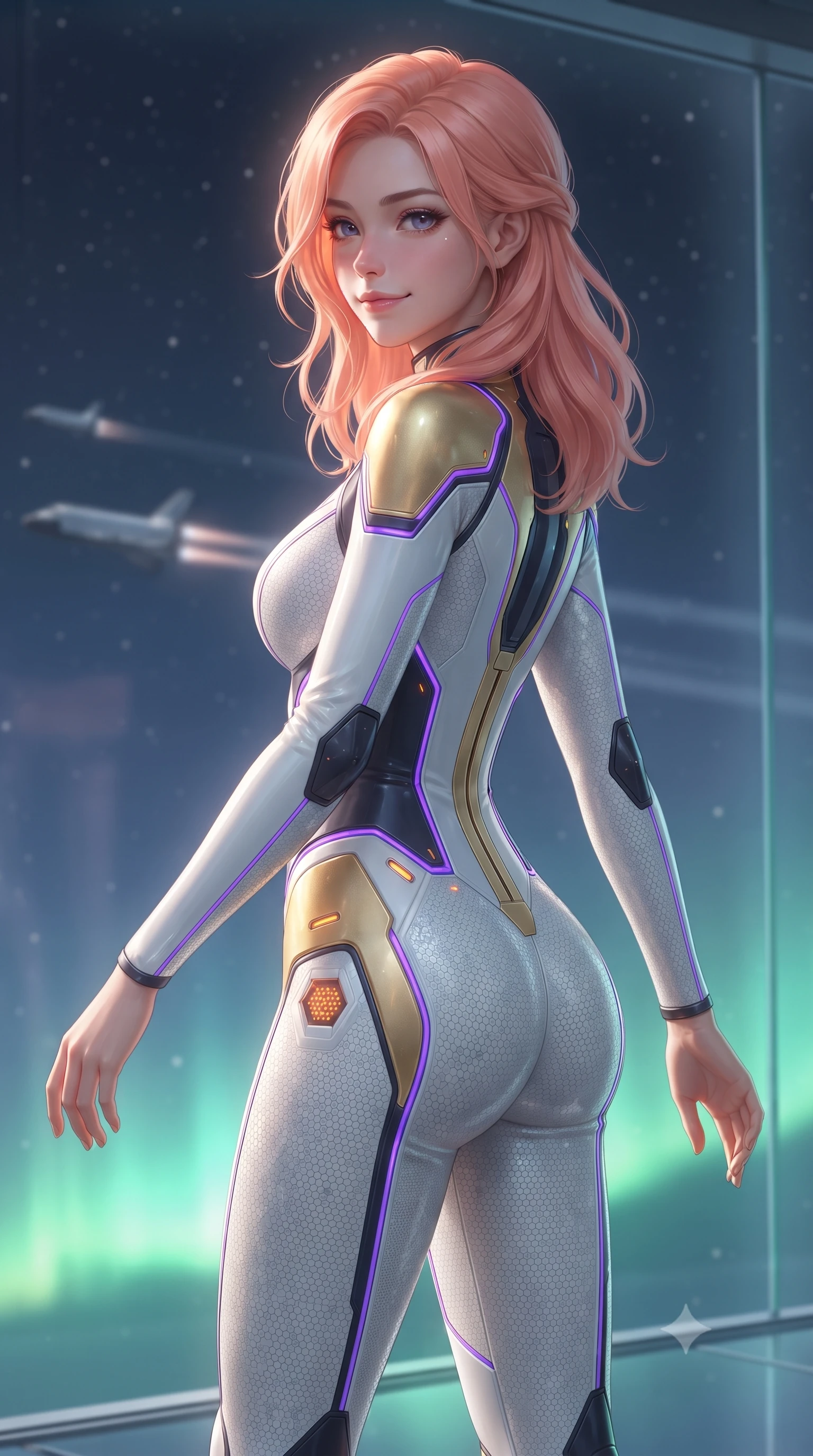 score_9, masterpiece, best quality, ultra-detailed, high-budget anime keyframe, editorial fashion photography, tasteful artistic composition, Japanese woman. close-up cowboy shot from the waist and thighs up, the character dominates the composition, filling the frame with her large presence. turning slowly with a smoldering smile, her sleek hair catching the cockpit HUD rim light as her hips angle gracefully in a captivating contrapposto while walking slowly along the frameless glass skybridge suspended miles above Earth, looking back over her shoulder with an air of effortless grace and a teasing smile. The background shows a soft-focus orbital transit shuttles trailing faint ion exhausts in the distance softened in futuristic high-orbit shallow focus. She has an exceptionally elegant, slender, and willowy female figure with an ultra-slim waist, flat toned midriff, narrow ribcage, and sculpted feminine hips creating an alluring, slim hourglass silhouette without bulk. sharp v-shaped jawline, high-bridge nose, intricate jewel-like sparkling eyes with depth, thick eyelashes, glossy parted lips with a natural sheen, bright confident smile with an enchanting and coquettish sensual glint, exuding both youthful magnetic charm and sovereign high-tech allure, flawlessly proportioned anatomical accuracy, strict slender model proportions, natural body alignment, perfectly sculpted long slender limbs, ultra-slim waistline, clean dynamic posture without body distortion. wearing a form-fitting white-and-gold zero-gravity EVA jumpsuit with an ultra-slim corseted waist and exposed clavicle line in neon electric violet and deep space obsidian, woven from delicate semi-opaque high-tensile nano-mesh with intricate hexagonal micro-patterns, accented with subtle hexagonal heat-sink vents glowing with dim orange thermal heat, the form-fitting tactical tailoring adhering flawlessly to her sculpted flat midriff and slender torso, emphasizing her long leg lines and perfectly proportioned willowy build. bathed in soft celestial starlight and radiant emerald aurora glow from below. ultra-reflective glossy finish, specular highlights, rich textural contrasts, high-contrast stereoscopic depth, volumetric dynamic lighting, 2k, ultra detail, master piece, 9:16 ratio