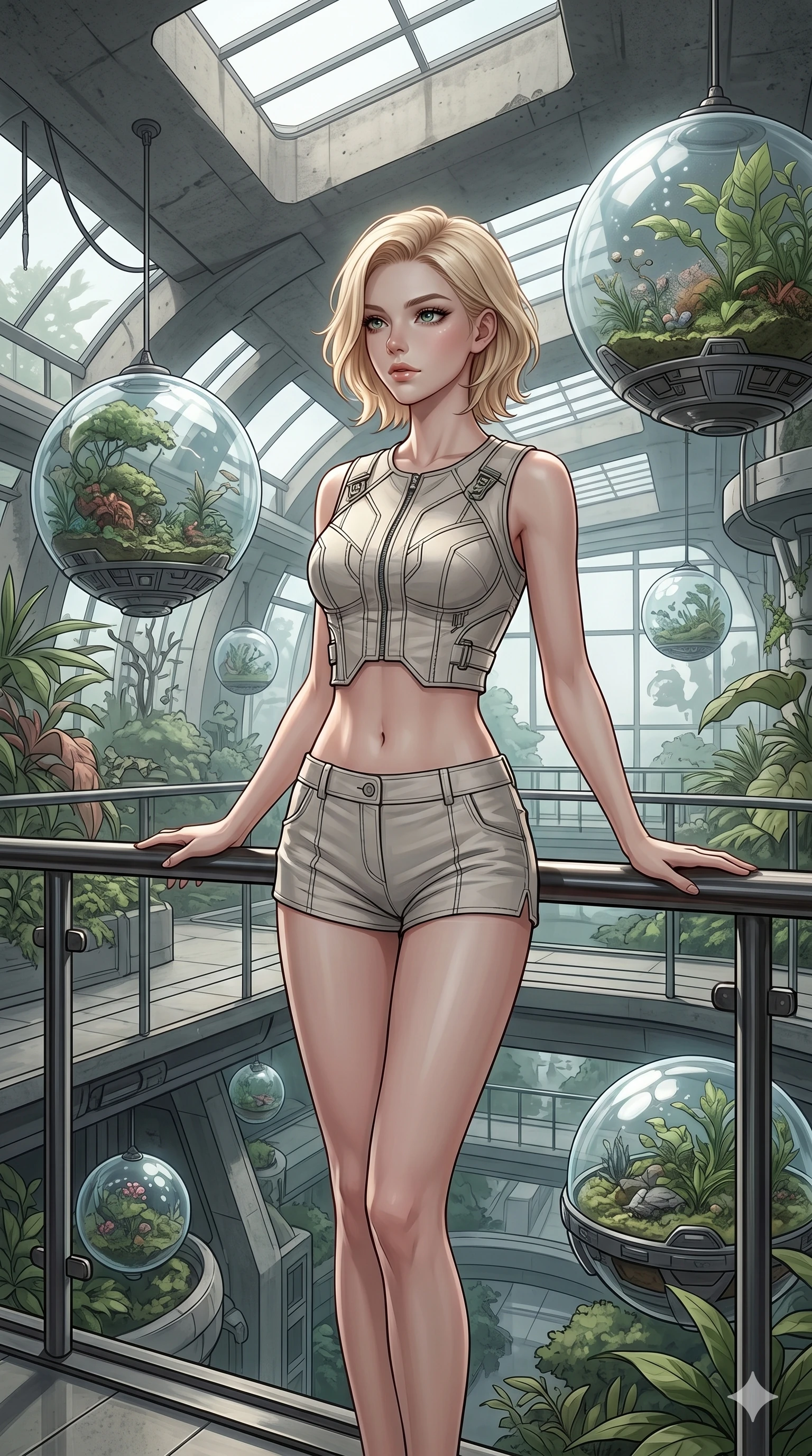 score_9, masterpiece, best quality, ultra-detailed, high-budget anime keyframe, editorial fashion photography, tasteful artistic composition, Caucasian woman, strictly human ears. cowboy shot from the thighs up, character and outfit filling the frame for maximum editorial presence. resting her hands on the deck railing, looking past the camera with serene self-assurance inside a retro-futuristic greenhouse with levitating glass spheres (Code-P18-096). She has an absolutely perfect 8-heads proportion, an exceptionally tall and slender female figure with impossibly long slender legs and an ultra-slim waist. V-shaped jawline, high-bridge nose, intricate jewel-like eyes with depth, thick eyelashes, glossy lips with a natural sheen. wearing a crop top exposing her bare midriff and micro-shorts. soft diffused light from a concrete skylight, highlighting her V-shaped jawline and nose. 2k, ultra detail, master piece, 9:16 ratio
