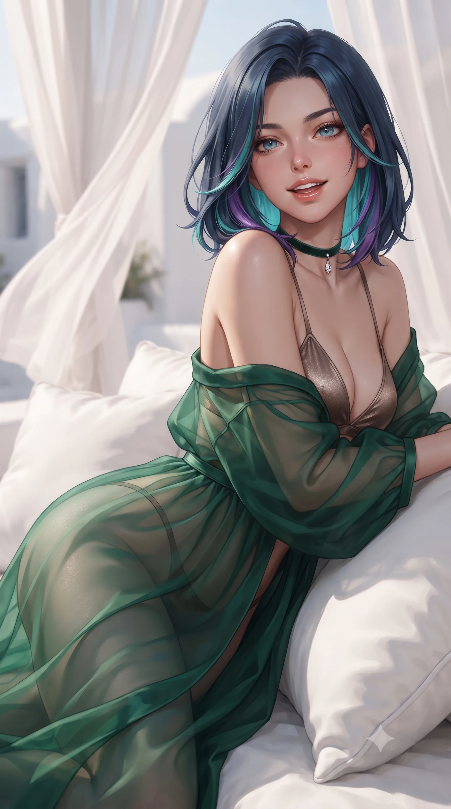score_9, masterpiece, best quality, ultra-detailed, high-budget anime keyframe, editorial fashion photography, tasteful artistic composition, Caucasian woman. close-up cowboy shot from the waist and thighs up, the character dominates the composition, filling the frame with her large presence. posing in an alluring rear three-quarter angle, looking over a bare shoulder with parted glossy lips, her hips cocked back to highlight her slim hourglass curve while reclining gracefully across the plush white cushions propped on one elbow, flashing a radiant, flirtatious smile toward the lens. The background shows a soft-focus flowing sheer white draperies softened in romantic Cycladic honeymoon retreat shallow focus. She has an exceptionally elegant, slender, and willowy female figure with an ultra-slim waist, flat toned midriff, narrow ribcage, and sculpted feminine hips creating an alluring, slim hourglass silhouette without bulk. sharp v-shaped jawline, high-bridge nose, intricate jewel-like sparkling eyes with depth, thick eyelashes, glossy parted lips with a natural peach sheen, bright cheerful beaming smile with an enchanting and coquettish sensual glint, exuding both youthful cute charm and seductive allure, flawlessly proportioned anatomical accuracy, strict slender model proportions, natural body alignment, perfectly sculpted long slender limbs, ultra-slim waistline, clean dynamic posture without body distortion. wearing a flowing gossamer silk organza boudoir peignoir slipping off one shoulder over a form-fitting satin bralette in deep emerald velvet and shimmering bronze, crafted from translucent silk organza with an ethereal crystalline sheen, finished with a thin velvet ribbon choker and a single teardrop diamond pendant, the liquid-tight tailored fabric clinging flawlessly to her narrow waist and rounded feminine hips, emphasizing every millimeter of her sculpted slim hourglass curves without any bulky heaviness. illuminated by white stucco bounce fill and sharp bronze-gold rim lights defining her dewy collarbones, ultra-slim waist, and curvy hips. ultra-reflective glossy finish, specular highlights, rich textural contrasts, high-contrast stereoscopic depth, volumetric dynamic lighting, 2k, ultra detail, master piece, 9:16 ratio