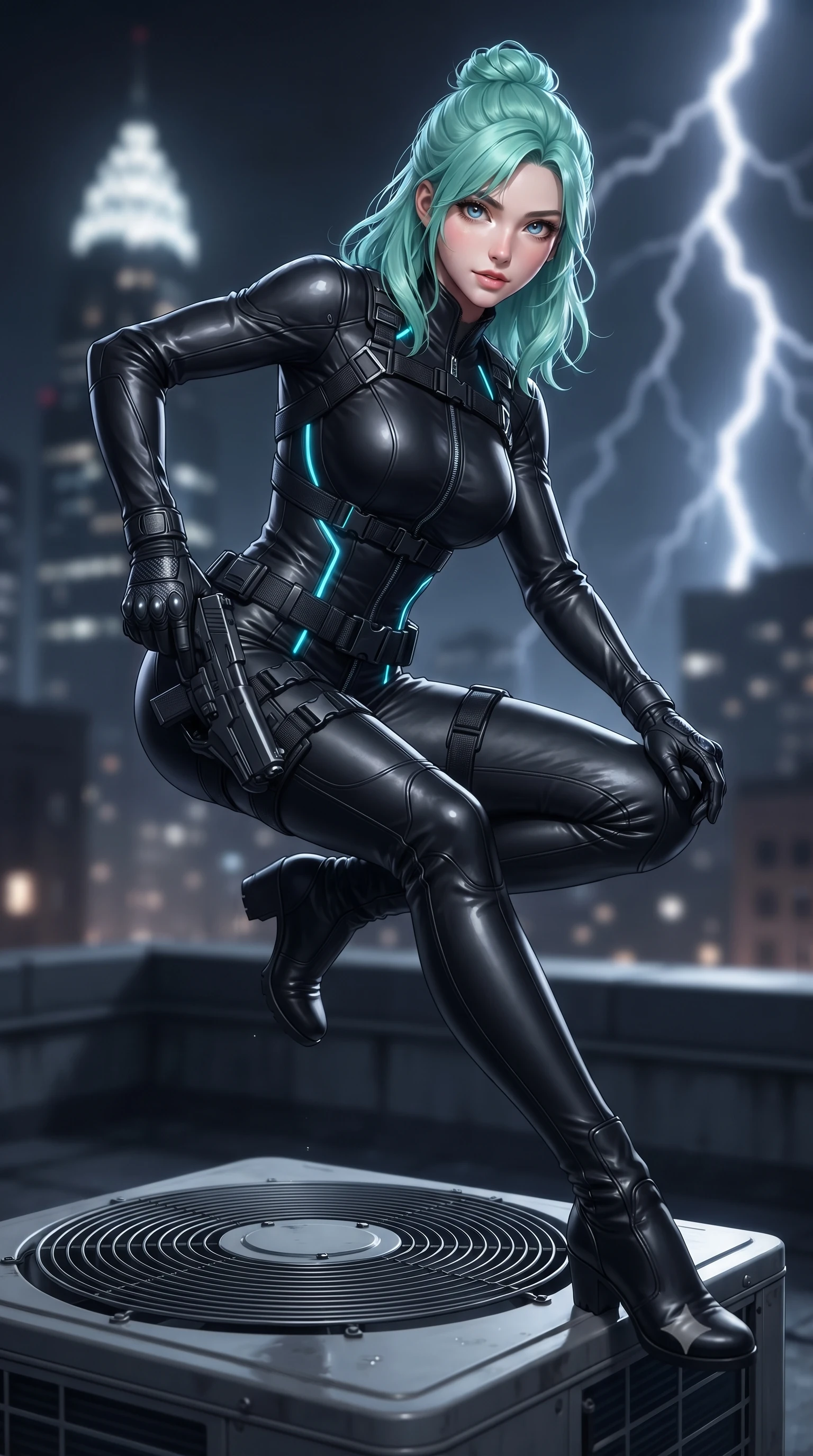 score_9, masterpiece, best quality, ultra-detailed, high-budget anime keyframe, editorial fashion photography, tasteful artistic composition, Japanese woman. low angle full-body shot from head to toe showing her feet, filling the entire 9:16 vertical frame with her statuesque presence, stretching her vertical silhouette. landing lightly on the balls of her feet in a balanced kinetic stance, eyes locked onto the camera with fearless allure while drawing her sleek silenced sidearm in a fluid tactical draw while crouching behind an air-conditioning turbine unit. The composition keeps background elements in soft focus with creamy bokeh. violent lightning forks and distant glowing skyscraper crowns blurred into charcoal, slate-blue, and electric white bokeh. She has an absolutely perfect, statuesque 8.5-heads proportion, an exceptionally tall and slender model-like female figure with impossibly long slender legs, a toned flat midriff, and an ultra-slim waist. sharp v-shaped jawline, high-bridge nose, intricate jewel-like eyes with depth, thick eyelashes, glossy lips with a natural sheen, captivating and magnetic expression, flawlessly proportioned anatomical accuracy, strict slender model proportions, natural body alignment, perfectly sculpted long slender limbs, ultra-slim waistline, clean dynamic posture without body distortion. wearing a high-tech surveillance operative suit with flexible titanium joints and waist-cinching harness in polished asphalt black and electric cyan LED lines, tailored from second-skin supple lambskin leather with liquid drape, finished with discreet carbon fiber knuckle guards and matte black buckles, the glove-like aerodynamic second-skin fit tightly clinging to her ultra-slender waist and athletic curves without adding bulk, accentuating her razor-sharp statuesque lines and slim hourglass silhouette. surrounded by an indomitable, dangerous, and breathtakingly cinematic lone infiltration specialist aura. ultra-reflective glossy finish, specular highlights, rich textural contrasts, high-contrast stereoscopic depth, volumetric dynamic lighting, 2k, ultra detail, master piece, 9:16 ratio