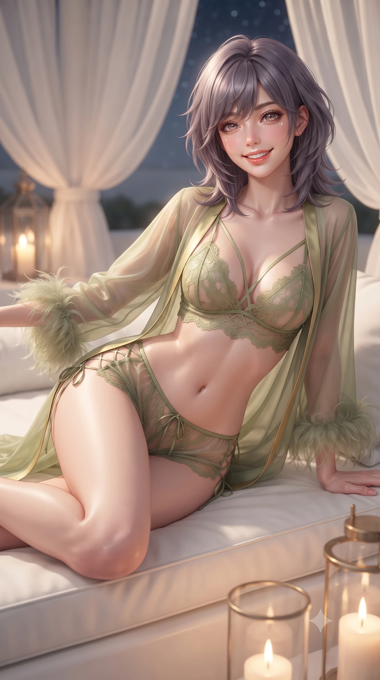 score_9, masterpiece, best quality, ultra-detailed, high-budget anime keyframe, editorial fashion photography, tasteful artistic composition, Japanese woman. close-up cowboy shot from the waist and thighs up, the character dominates the composition, filling the frame with her large presence. perched sideways on the lounge seat, one knee drawn up to showcase her slender leg line while her arched back accentuates her feminine hip curve while reclining gracefully across the plush white cushions propped on one elbow, flashing a radiant, flirtatious smile toward the lens. The background shows a soft-focus flowing sheer white draperies softened in romantic Cycladic honeymoon retreat shallow focus. She has an exceptionally elegant, slender, and willowy female figure with an ultra-slim waist, flat toned midriff, narrow ribcage, and sculpted feminine hips creating an alluring, slim hourglass silhouette without bulk. sharp v-shaped jawline, high-bridge nose, intricate jewel-like sparkling eyes with depth, thick eyelashes, glossy parted lips with a natural peach sheen, bright cheerful beaming smile with an enchanting and coquettish sensual glint, exuding both youthful cute charm and seductive allure, flawlessly proportioned anatomical accuracy, strict slender model proportions, natural body alignment, perfectly sculpted long slender limbs, ultra-slim waistline, clean dynamic posture without body distortion. wearing a delicate translucent silk boudoir robe with feather-trimmed cuffs worn open over a strappy lace bralette and micro-shorts in Gion antique matcha green and gilded gold leaf, made of sheer gossamer chiffon that drapes softly against skin with airy translucence, featuring fine criss-cross lace-up side ties revealing tantalizing glimpses of her hip curve, the liquid-tight tailored fabric clinging flawlessly to her narrow waist and rounded feminine hips, emphasizing every millimeter of her sculpted slim hourglass curves without any bulky heaviness. bathed in the flickering warm 2200K glow of oversized hurricane candle lanterns mixed with brilliant Mediterranean starlight. ultra-reflective glossy finish, specular highlights, rich textural contrasts, high-contrast stereoscopic depth, volumetric dynamic lighting, 2k, ultra detail, master piece, 9:16 ratio