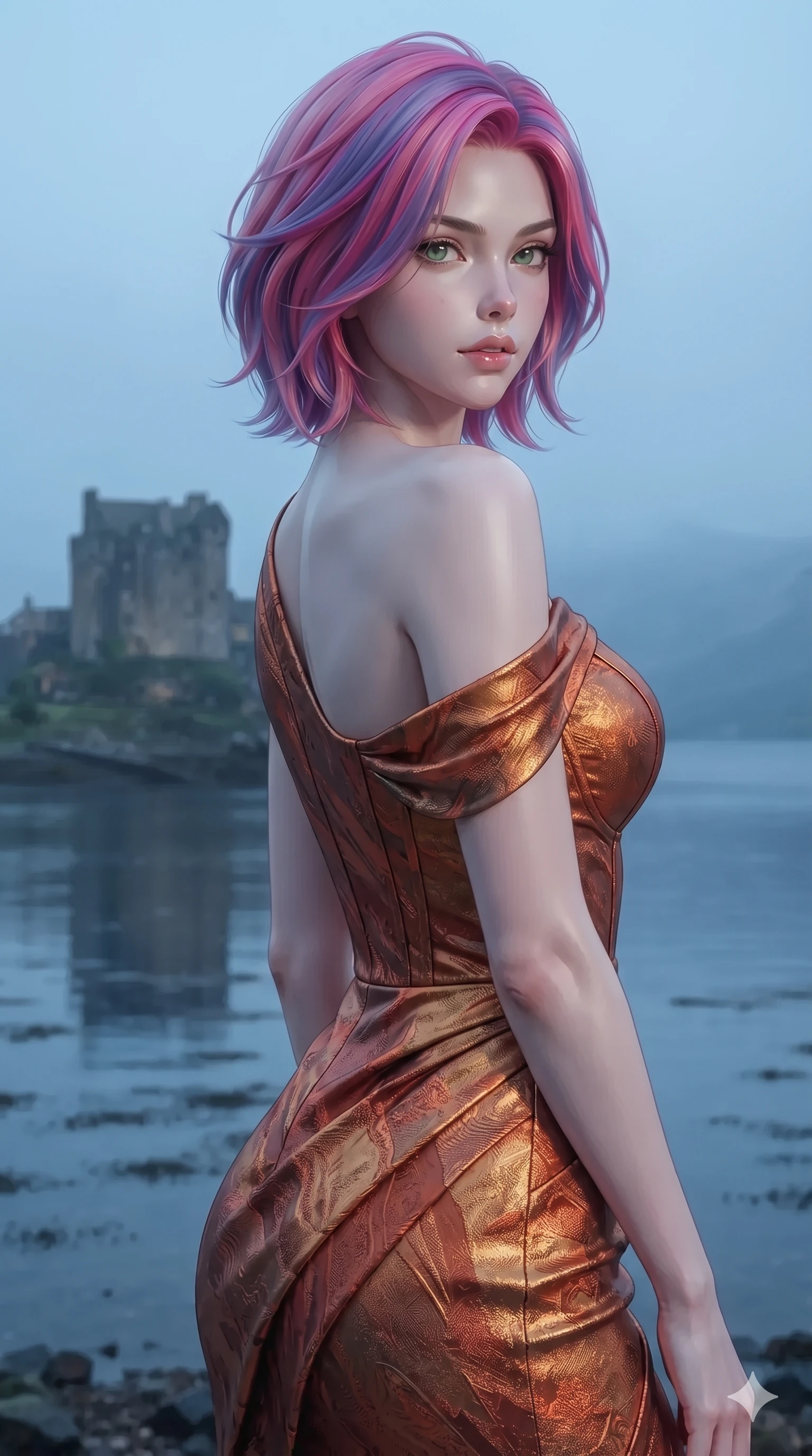 score_9, masterpiece, best quality, ultra-detailed, high-budget anime keyframe, editorial fashion photography, tasteful artistic composition, Caucasian woman. close-up cowboy shot from the waist and thighs up, the character dominates the composition, filling the frame with her large presence. posing in an alluring rear three-quarter angle, looking over a bare shoulder with parted glossy lips, her hips cocked back to highlight her slim hourglass curve while turning in an alluring contrapposto stance as her sweeping heavy fabric catches the highland breeze, gazing out over the vast loch with sovereign allure. The surrounding environment is rendered in vivid detail and crisp panoramic clarity: detailed bespoke double-faced cashmere tailoring, rich textural contrasts, and monumental fortress architecture in razor-sharp precision. She has an exceptionally elegant, slender, and willowy female figure with an ultra-slim waist, flat toned midriff, narrow ribcage, and sculpted feminine hips creating an alluring, slim hourglass silhouette without bulk. sharp v-shaped jawline, high-bridge nose, intricate jewel-like eyes with depth, thick eyelashes, glossy parted lips with a natural sheen, intensely captivating and seductive bedroom-eyes expression, flawlessly proportioned anatomical accuracy, strict slender model proportions, natural body alignment, perfectly sculpted long slender limbs, ultra-slim waistline, clean dynamic posture without body distortion. wearing a form-contouring cocktail dress with an asymmetrical open shoulder and hip-defining ruching in molten desert gold and burnt terracotta, accented with semi-sheer mesh inserts accentuating her sculpted flat midriff, finished with an ultra-high side slit secured by miniature jeweled clasps, the second-skin form-contouring cut accentuating her sculpted flat midriff, narrow delicate ribcage, and gracefully curvy hips with supermodel precision. illuminated by cool misty ambient loch light softly contouring her razor-sharp jawline, narrow waist, and curvy hips. ultra-reflective glossy finish, specular highlights, rich textural contrasts, high-contrast stereoscopic depth, volumetric dynamic lighting, 2k, ultra detail, master piece, 9:16 ratio