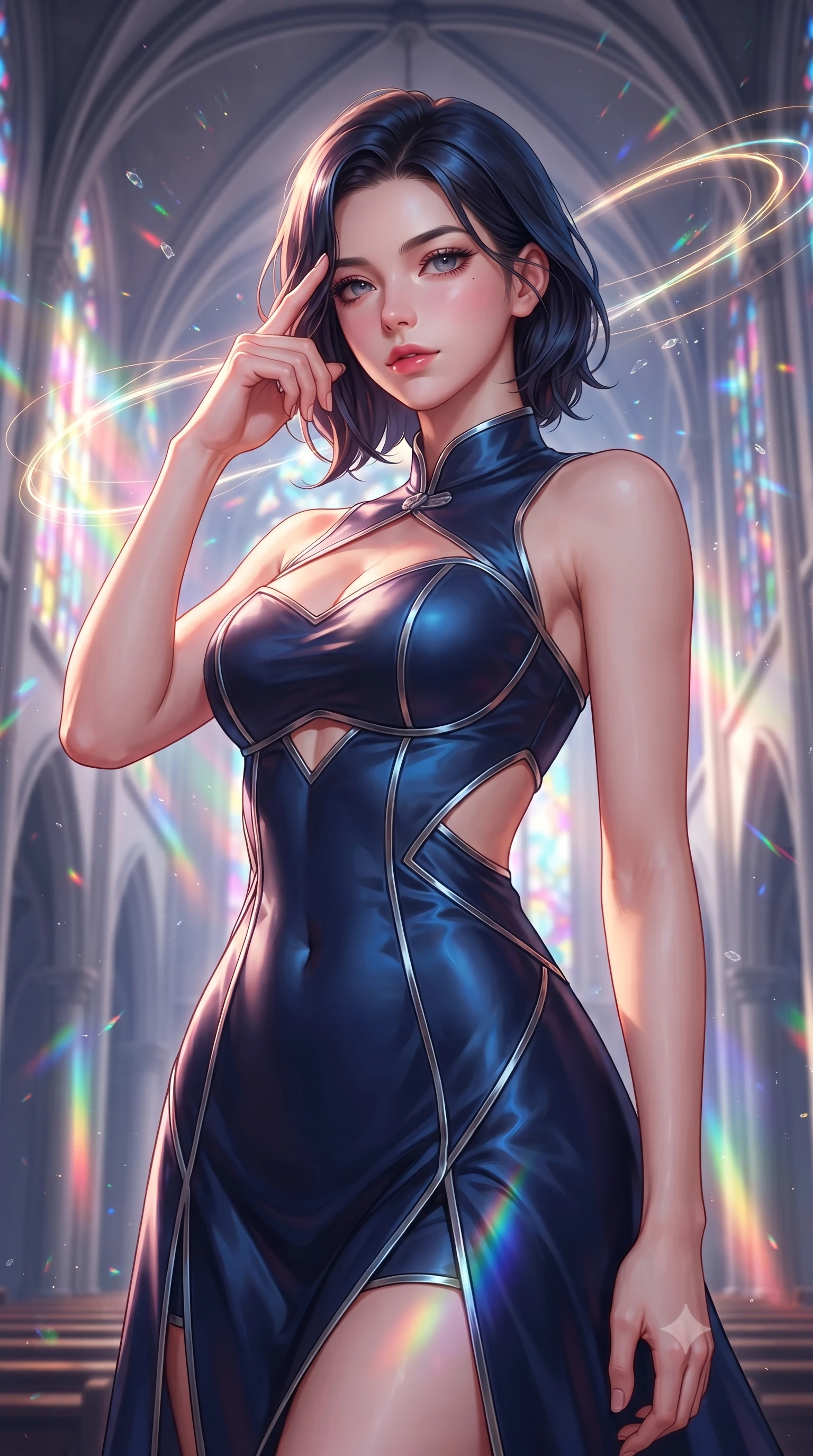 score_9, masterpiece, best quality, ultra-detailed, high-budget anime keyframe, editorial fashion photography, tasteful artistic composition, Korean woman. close-up cowboy shot from the waist and thighs up, the character dominates the composition, filling the frame with her large presence, background elements kept in soft focus. Pressing two fingers to her temple in a composed thoughtful gesture with an air of magnetic charisma guiding glowing choir light threads weaving through majestic vaulted arches, floating glass dust and incense smoke scattering colorful light beams. She has an exceptionally elegant, slender, and willowy female figure with an ultra-slim waist, a gracefully sculpted slender torso, and a refined silhouette. sharp v-shaped jawline, high-bridge nose, intricate jewel-like eyes with depth, thick eyelashes, glossy lips with a natural sheen. wearing a modern fusion silk hanbok dress with a structured bodice in midnight navy blue and chrome trim, crafted from smooth liquid silk, featuring subtle geometric cutouts that highlight her ultra-slim midriff, the form-contouring material highlighting her ultra-slim waist and long lines. bathed in cascading rainbow prismatic light refracting through stained glass. highly saturated vibrant anime colors, detailed shading with soft gradients, rich glossy textures, high-contrast stereoscopic depth, volumetric dynamic lighting, master piece, 9:16 ratio