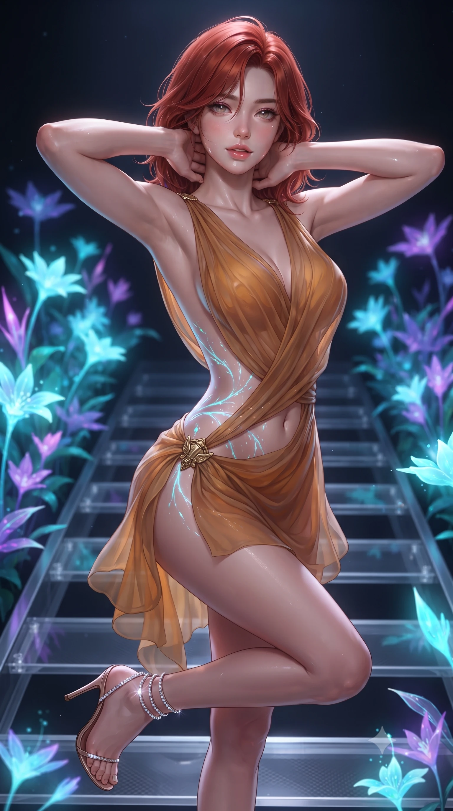 score_9, masterpiece, best quality, ultra-detailed, high-budget anime keyframe, editorial fashion photography, tasteful artistic composition, Korean woman. close-up cowboy shot from the waist and thighs up, the character dominates the composition, filling the frame with her large presence. resting both hands lightly behind her neck with elbows raised, arching her spine to highlight her narrow waist, flat midriff, and breathtaking collarbones while twisting her slender torso in an alluring S-curve, bioluminescent cyan and violet plant glows tracing her flat midriff and curvy hips. The surrounding environment is rendered in vivid detail and crisp panoramic clarity: sharp glowing flower petal veins, clear acrylic catwalk tread edges, and carbon-fiber structural truss ribs in deep focus. She has an exceptionally elegant, slender, and willowy female figure with an ultra-slim waist, flat toned midriff, narrow ribcage, and sculpted feminine hips creating an alluring, slim hourglass silhouette without bulk. sharp v-shaped jawline, high-bridge nose, sparkling eyes with hypnotic seductive depth, thick curled eyelashes, glossy parted lips with a natural dewy peach sheen, alluring bedroom-eyes with an enchanting coquettish smile, exuding magnetic siren charisma and sophisticated glamour, flawlessly proportioned anatomical accuracy, strict slender model proportions, natural body alignment, perfectly sculpted long slender limbs, ultra-slim waistline, clean dynamic posture without body distortion. wearing a draped Greek-goddess style silk chiffon mini toga dress with an open back and golden hip fibula in warm amber honey and antique gold leaf, made of sheer gossamer chiffon that drapes softly against skin with airy translucence, complemented by strappy stiletto sandals with crystal ankle wraps accentuating her slender calves, the liquid-tight tailored fabric clinging flawlessly to her narrow waist and rounded feminine hips, emphasizing every millimeter of her sculpted slim hourglass curves without any bulky heaviness. bathed in the ethereal glow of living bioluminescent plants mixed with soft greenhouse downlighting. ultra-reflective glossy finish, specular highlights, rich textural contrasts, high-contrast stereoscopic depth, volumetric dynamic lighting, 2k, ultra detail, master piece, 9:16 ratio