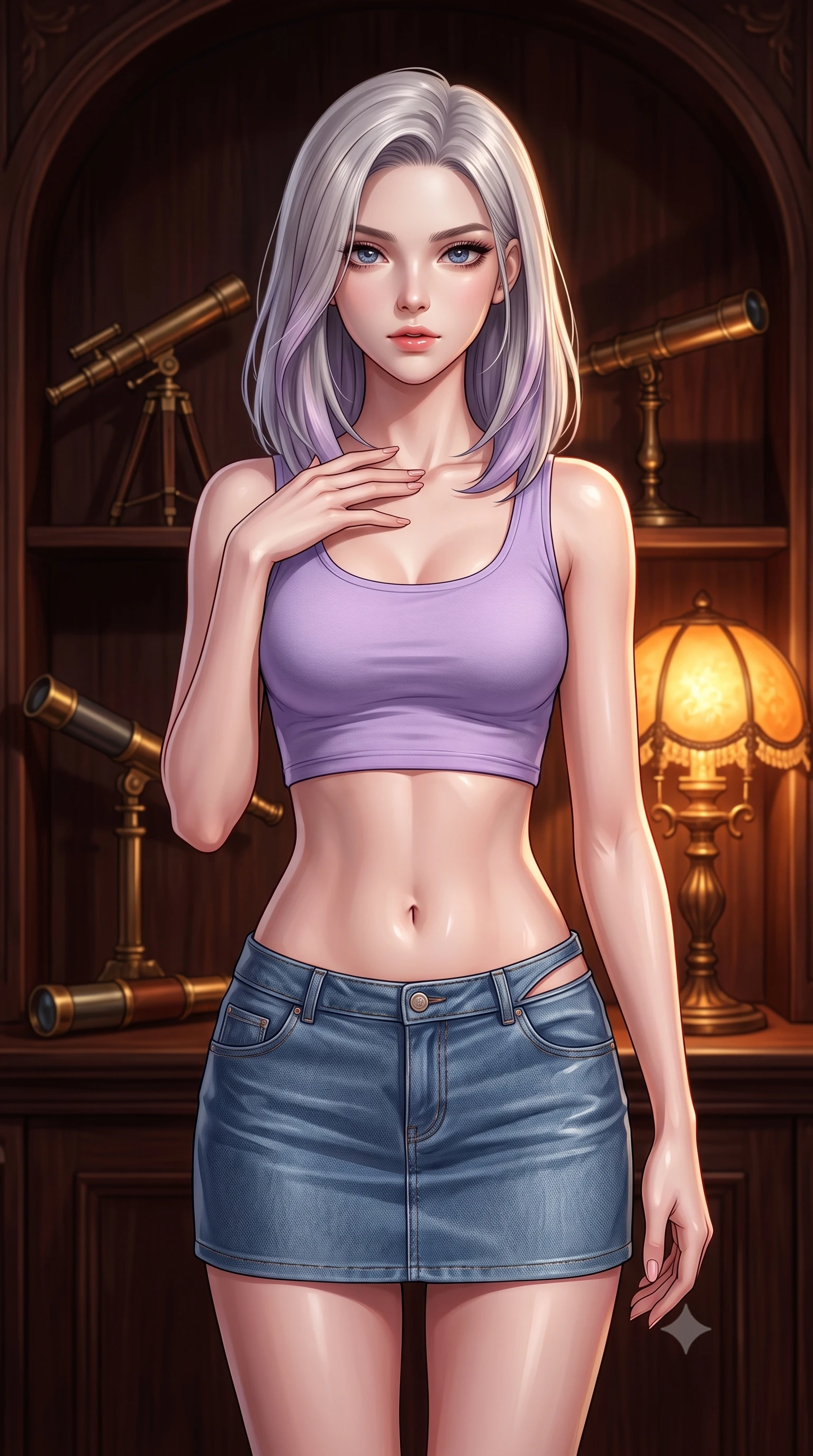 score_9, masterpiece, best quality, ultra-detailed, high-budget anime keyframe, editorial fashion photography, tasteful artistic composition, Caucasian woman. close-up cowboy shot from the waist and thighs up, the character dominates the composition, filling the frame with her large presence, background elements kept in soft focus. standing with one hand resting on her collarbone, looking at the viewer with bedroom-eyes the background shows a soft-focus a theater box alcove with dark wood panels and antique telescopes. She has an exceptionally elegant, slender, and willowy female figure with an ultra-slim waist, a gracefully sculpted slender torso, and a refined silhouette. sharp v-shaped jawline, high-bridge nose, intricate jewel-like eyes with depth, thick eyelashes, glossy lips with a natural sheen. wearing a slim-fit modern crop top in lavender cotton paired with a low-rise denim skirt and a subtle waist cut-out. warm amber desk lamp glow creating a quiet, intellectual ambiance. ultra-reflective glossy finish, specular highlights, metallic sheen, high-contrast stereoscopic depth, volumetric dynamic lighting, 2k, ultra detail, master piece, 9:16 ratio