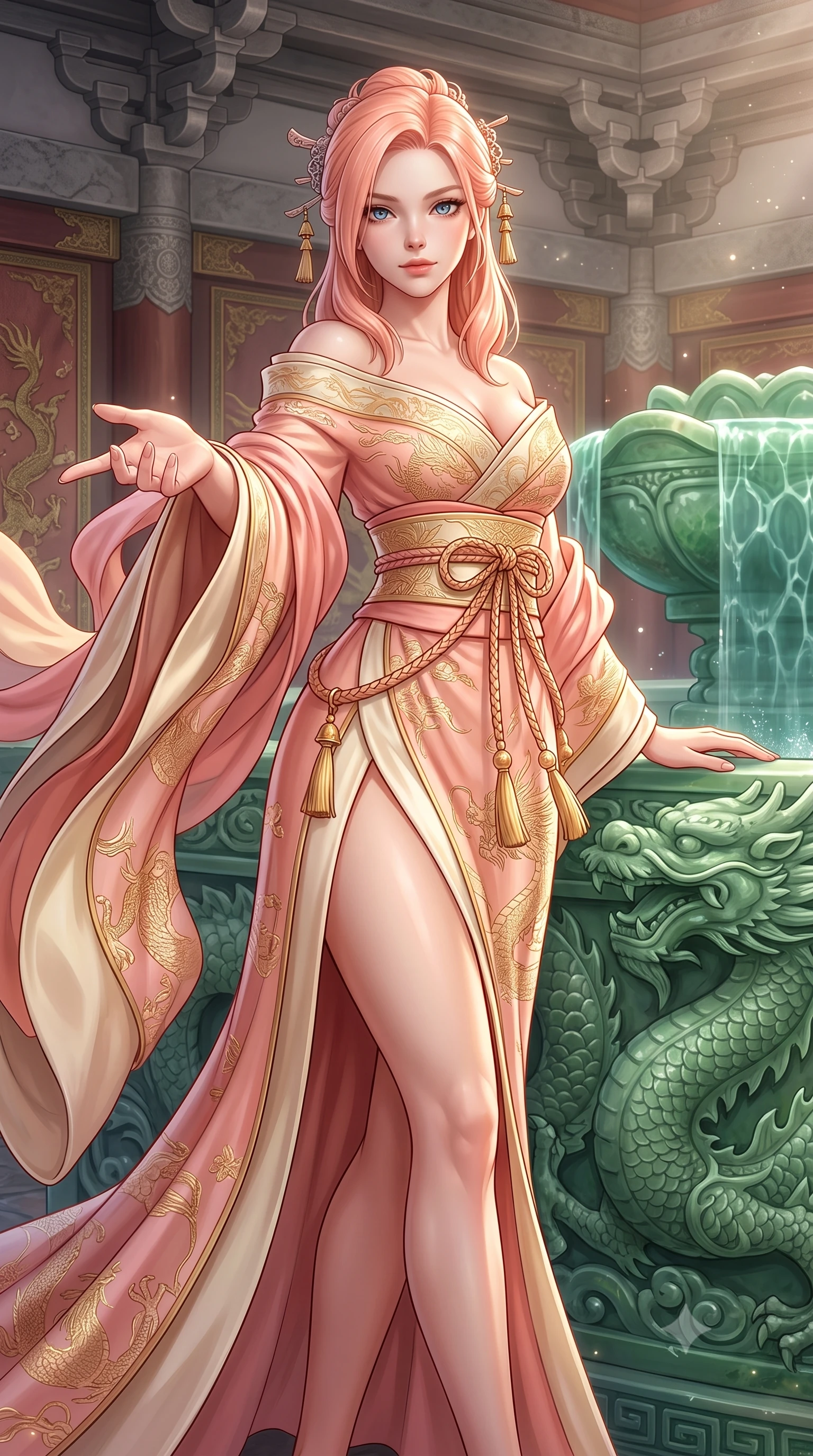 score_9, masterpiece, best quality, ultra-detailed, high-budget anime keyframe, semi-realistic 3D game render, editorial fashion photography, tasteful artistic composition, Japanese woman. close-up cowboy shot from the waist and thighs up, the character dominates the composition, filling the frame with her large presence. extending one slender arm gracefully toward the foreground while casting an affectionate, mesmerizing glance while resting one hand on an ornate carved jade dragon railing, looking into the lens with a piercing, majestic gaze. The surrounding environment is rendered in vivid detail and crisp panoramic clarity. detailed mineral spring caustics, architectural bracket systems, and silk embroidery in high clarity. She has an exceptionally elegant, slender, and willowy female figure with an ultra-slim waist, a gracefully sculpted slender torso, toned flat midriff, and a refined slim silhouette. sharp v-shaped jawline, high-bridge nose, intricate jewel-like eyes with depth, thick eyelashes, glossy lips with a natural sheen, captivating and magnetic expression, flawlessly proportioned anatomical accuracy, strict slender model proportions, natural body alignment, perfectly sculpted long slender limbs, ultra-slim waistline, clean dynamic posture without body distortion. wearing an off-shoulder celestial kimono gown with fluttering silk drapes and a high side slit in soft peach blossom pink and warm ivory, woven from fine mulberry silk with metallic thread embroidery, accessorized with delicate gold bell tassels and braided silk cords, the liquid-tight tailored fabric emphasizing every curve of her tall, slender model proportions and sculptured silhouette during dynamic movement. surrounded by a royal, mythical, and deeply revered dragon palace guardian princess aura. highly saturated vibrant anime colors, detailed shading with soft gradients, rich glossy textures, high-contrast stereoscopic depth, volumetric dynamic lighting, master piece, 9:16 ratio
