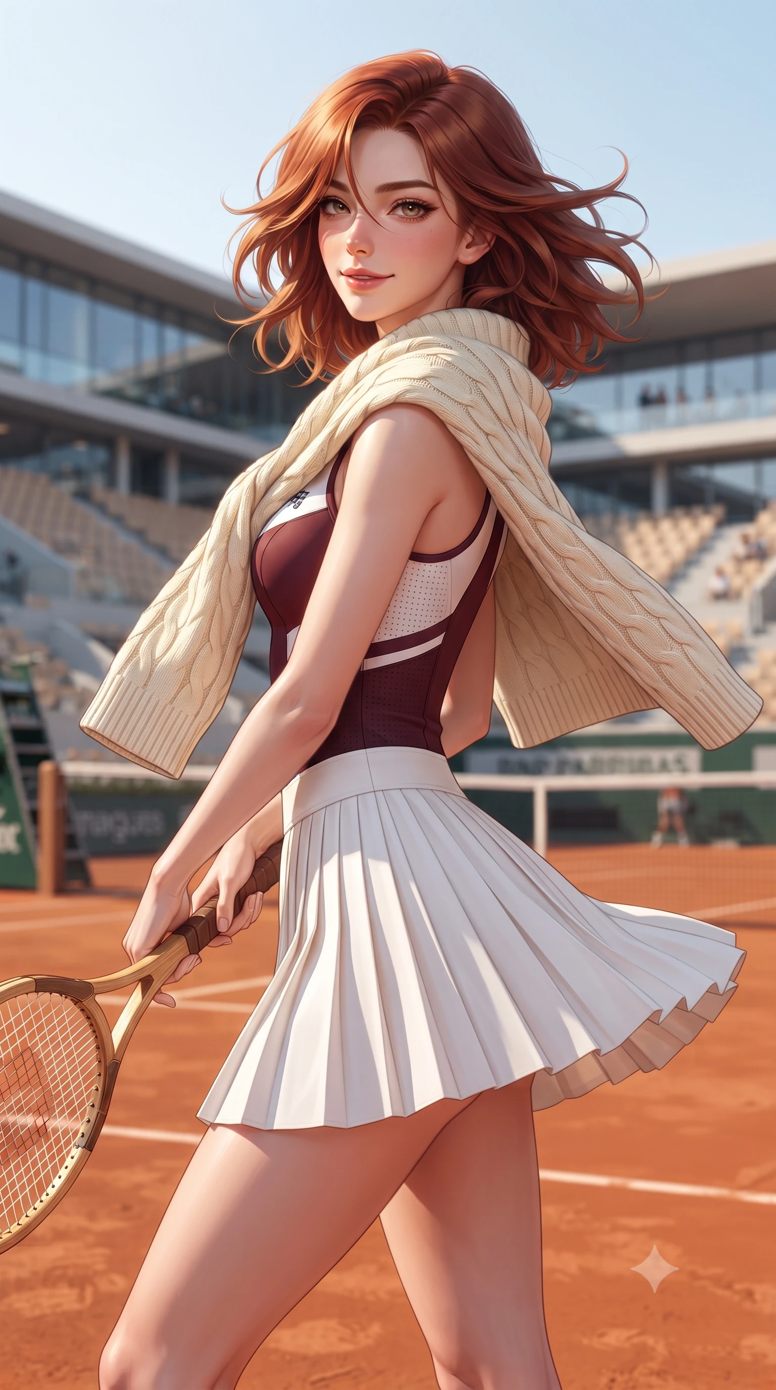 score_9, masterpiece, best quality, ultra-detailed, high-budget anime keyframe, editorial fashion photography, tasteful artistic composition, Korean woman. close-up cowboy shot from the waist and thighs up, the character dominates the composition, filling the frame with her large presence. turning slowly with a smoldering smile, her glossy hair tossing in the breeze as her hips angle gracefully in a captivating contrapposto while twisting her slender torso in an alluring contrapposto stance, holding a classic racket while warm Paris afternoon breezes flutter her skirt. The surrounding environment is rendered in vivid detail and crisp panoramic clarity: detailed pleated skirt weave, warm clay-court glow on skin, and modern French stadium architecture in high clarity. She has an exceptionally elegant, slender, and willowy female figure with an ultra-slim waist, flat toned midriff, narrow ribcage, and sculpted feminine hips creating an alluring, slim hourglass silhouette without bulk. sharp v-shaped jawline, high-bridge nose, sparkling eyes with athletic focus and depth, thick curled eyelashes, glossy parted lips with a natural coral-peach sheen, bright confident and coquettish smile with alluring bedroom-eyes, exuding both youthful sporty vigor and sovereign high-society glamour, flawlessly proportioned anatomical accuracy, strict slender model proportions, natural body alignment, perfectly sculpted long slender limbs, ultra-slim waistline, clean dynamic posture without body distortion. wearing a luxurious cashmere cable-knit tennis sweater draped over a liquid-tight white leather racerback bodysuit in rich burgundy wine and crisp court white, woven from semi-opaque performance athletic mesh with hexagonal micro-perforations, finished with contrasting racing stripe tape and subtle checkered flag embroidery, the form-fitting tailored bodice adhering flawlessly to her sculpted flat midriff and slender torso, emphasizing her long leg lines and perfectly proportioned willowy build. illuminated by terracotta ground bounce fill and sharp warm-gold rim lighting defining her razor-sharp jawline, narrow waist, and curvy hips. ultra-reflective glossy finish, specular highlights, rich textural contrasts, high-contrast stereoscopic depth, volumetric dynamic lighting, 2k, ultra detail, master piece, 9:16 ratio