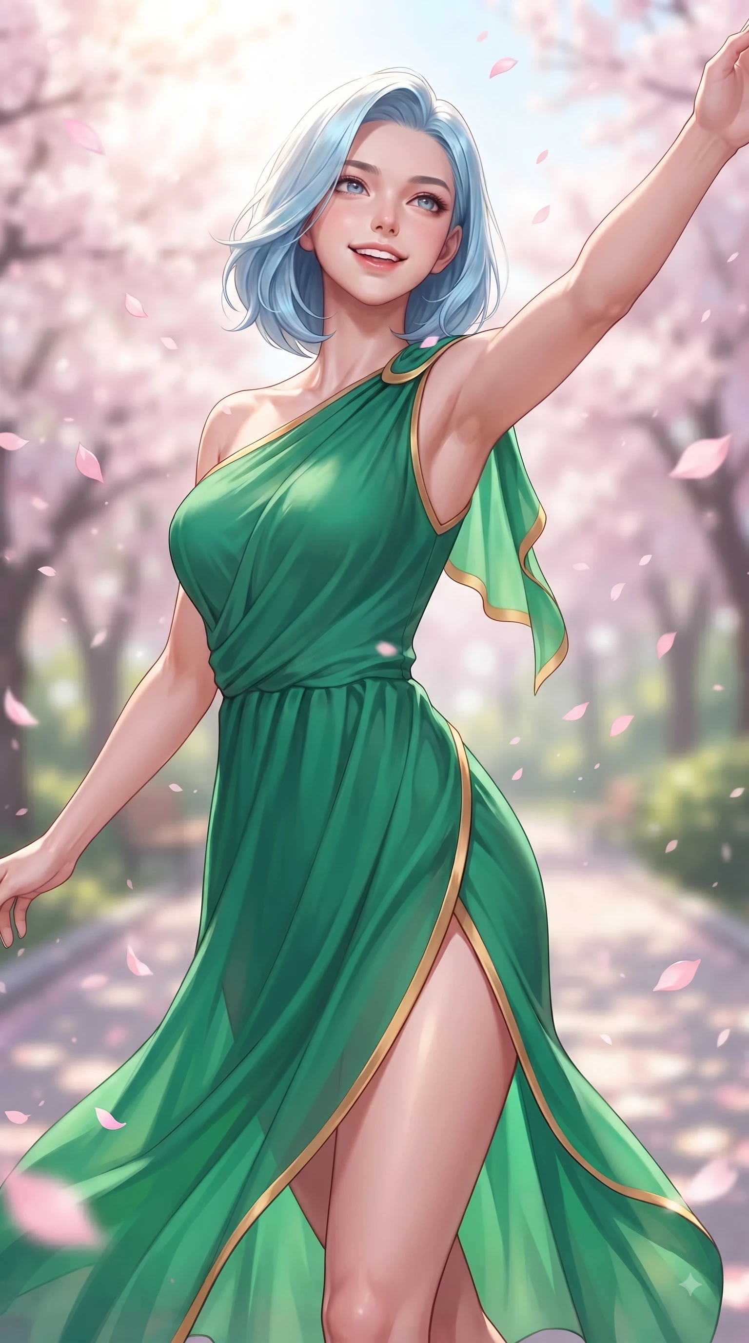 score_9, masterpiece, best quality, ultra-detailed, high-budget anime keyframe, editorial fashion photography, tasteful artistic composition, Korean woman. close-up cowboy shot from the waist and thighs up, the character dominates the composition, filling the frame with her large presence. Extending one arm in an elegant stretch toward the light while smiling with vibrant, youthful self-assurance while pivoting dynamically with a beaming smile as delicate pink sakura petals shower around her. The composition keeps background elements in soft focus with dreamy bokeh. fluttering sakura petals and sunlit park paths softened in romantic background blur. She has an exceptionally elegant, slender, and willowy female figure with an ultra-slim waist, a gracefully sculpted slender torso, and a refined silhouette. sharp v-shaped jawline, high-bridge nose, intricate jewel-like eyes with depth, thick eyelashes, glossy lips with a natural sheen, flawlessly proportioned anatomical accuracy, natural body alignment, perfectly sculpted elegant limbs, clean dynamic posture without body distortion. wearing an asymmetrical draped chiffon midi dress with a sleek shoulder accent in bright emerald green and warm gold trim, crafted from lightweight fluid chiffon, featuring a sleek side leg slit ascending to mid-thigh, the form-contouring material highlighting her ultra-slim waist and long lines. surrounded by a fresh, sweet, and nostalgic spring park atmosphere. ultra-reflective glossy finish, specular highlights, metallic sheen, high-contrast stereoscopic depth, volumetric dynamic lighting, 2k, ultra detail, master piece, 9:16 ratio
