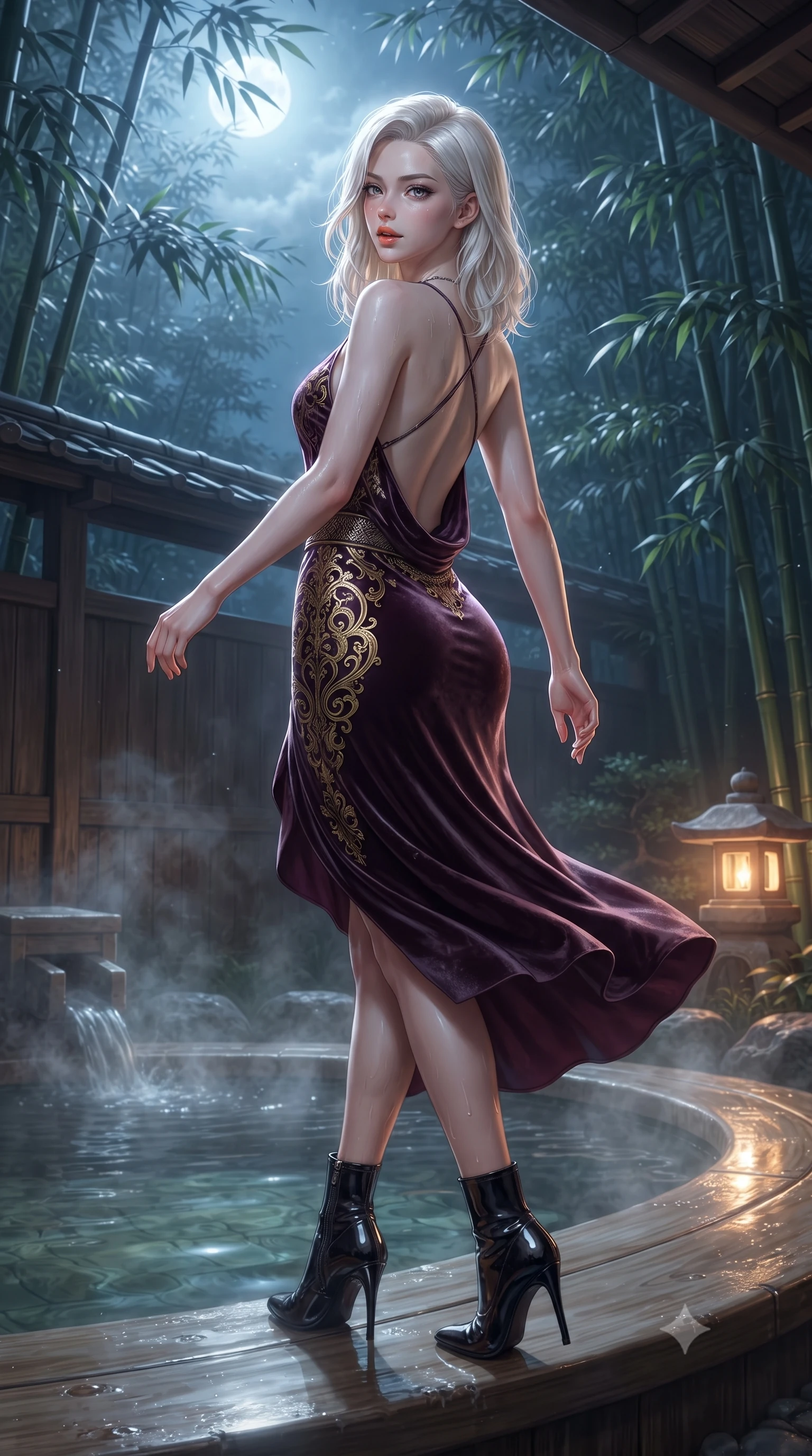 score_9, masterpiece, best quality, ultra-detailed, high-budget anime keyframe, editorial fashion photography, tasteful artistic composition, Caucasian woman. low angle full-body shot from head to toe showing her feet, filling the entire 9:16 vertical frame with her statuesque presence, stretching her vertical silhouette. executing a slow, graceful pivot turn as her skirt sways around her slender legs, glancing back with an enchanting, teasing sensual expression while standing poised on the edge of the steaming fragrant cypress hinoki bath, arching her spine with wet-look siren grace under the moonlit bamboo. The surrounding environment is rendered in vivid detail and crisp panoramic clarity: detailed backless silk robe dress cling slipping off shoulders, obi belt texture, and master ryokan woodcraft in razor-sharp precision. She has an exceptionally tall and slender model-like 8.5-heads proportion, an ultra-slim waist, a flat toned midriff, narrow delicate ribcage, and beautifully sculpted feminine hips creating a graceful, slim hourglass silhouette without any bulky heaviness, with impossibly long slender legs. sharp v-shaped jawline, high-bridge nose, intricate jewel-like sparkling eyes with depth, thick eyelashes, glossy parted lips with a natural peach sheen, bright cheerful beaming smile with an enchanting and coquettish sensual glint, exuding both youthful cute charm and seductive allure, flawlessly proportioned anatomical accuracy, strict slender model proportions, natural body alignment, perfectly sculpted long slender limbs, ultra-slim waistline, clean dynamic posture without body distortion. wearing a backless silk crepe slip dress with a swooping low cowl back reaching her waistline and delicate criss-cross straps in opulent dark velvet plum and gilded filigree, woven from buttery-soft stretch lambskin leather adhering to her body like a second skin, complemented by sleek patent leather stiletto ankle boots accentuating her long slender calves, the glove-like clinging cut tightly following the natural contour of her hips and long slender legs with youthful 8.5-heads elegance. bathed in mystical cool silver moonlight filtering through swaying bamboo leaves combined with warm 2700K stone lantern glow. ultra-reflective glossy finish, specular highlights, rich textural contrasts, high-contrast stereoscopic depth, volumetric dynamic lighting, 2k, ultra detail, master piece, 9:16 ratio