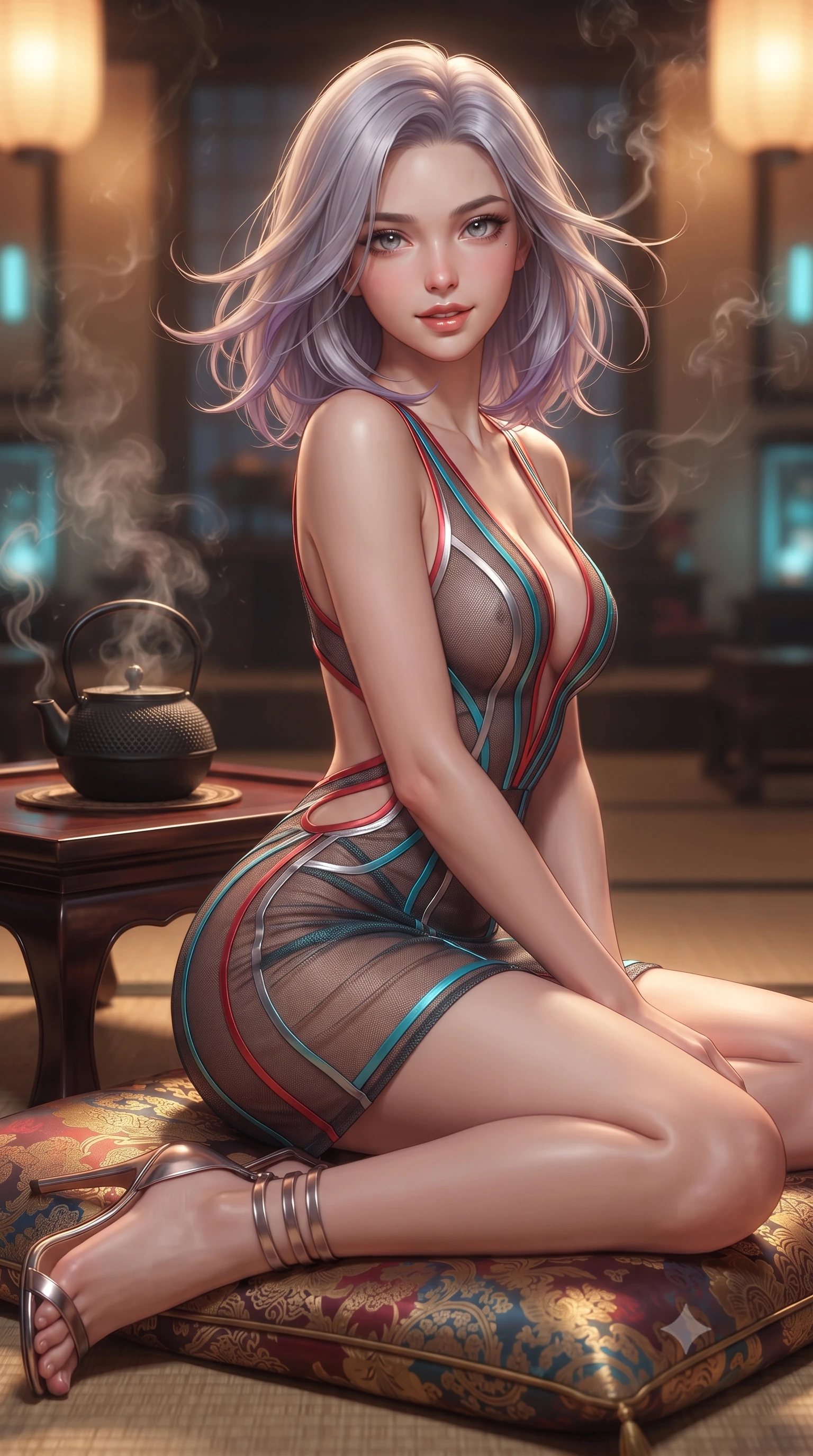score_9, masterpiece, best quality, ultra-detailed, high-budget anime keyframe, editorial fashion photography, tasteful artistic composition, Caucasian woman. close-up cowboy shot from the waist and thighs up, the character dominates the composition, filling the frame with her large presence. turning slowly with an enchanting smoldering smile, her glossy hair tossing in the breeze as her hips angle gracefully in a captivating contrapposto while sitting gracefully in seiza on the silk floor cushion with legs folded, flashing an enchanting smile with parted glossy lips as steam rises from the cast-iron kettle. The background shows a soft-focus incense smoke curling in air softened in private cyber-teahouse sanctuary shallow focus. She has an exceptionally elegant, slender, and willowy female figure with an ultra-slim waist, flat toned midriff, narrow ribcage, and sculpted feminine hips creating an alluring, slim hourglass silhouette without bulk. sharp v-shaped jawline, high-bridge nose, intricate jewel-like sparkling eyes with depth, thick eyelashes, glossy parted lips with a natural peach sheen, bright cheerful beaming smile with an enchanting and coquettish sensual glint, exuding both youthful cute charm and seductive allure, flawlessly proportioned anatomical accuracy, strict slender model proportions, natural body alignment, perfectly sculpted long slender limbs, ultra-slim waistline, clean dynamic posture without body distortion. wearing a plunge-front sheer illusion tulle combat slip dress with liquid platinum ribbon stripes hugging her curves in cyber-shinto vermilion and laser turquoise, tailored from high-density tech-wool with subtle metallic thread weave, complemented by strappy stiletto sandals with metallic ankle wraps accentuating her slender calves, the precision-cut side openings and low-back scoop framing her graceful spine and the sensual sweep of her slim, toned hips. bathed in the warm radiant 2400K glow of concealed paper lanterns contrasted with subtle cyan cryo-vessel accent lights. ultra-reflective glossy finish, specular highlights, rich textural contrasts, high-contrast stereoscopic depth, volumetric dynamic lighting, 2k, ultra detail, master piece, 9:16 ratio